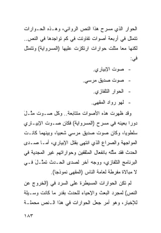 ‫ﺍﻟﺤﻭﺍﺭ ﺍﻟﺫﻱ ﻤﺴﺭﺡ ﻫﺫﺍ ﺍﻟﻨﺹ ﺍﻟﺭﻭﺍﺌﻲ، ﻭﻫـﺫﻩ ﺍﻟﺤـﻭﺍﺭﺍﺕ‬
‫ﺘﺘﻤﺜل ﻓﻲ ﺃﺭﺒﻌﺔ ﺃﺼﻭﺍﺕ ﺘﻔﺎﻭﺘﺕ ﻓﻲ ﻜﻡ ﺘﻭﺍﺠﺩﻫﺎ ﻓﻲ ﺍﻟﻨﺹ..‬
‫ﻟﻜﻨﻬﺎ ﻤ ‪‬ﺎ ﻤﺜﻠﺕ ﺤﻭﺍﺭﺍﺕ ﺍﺭﺘﻜﺯﺕ ﻋﻠﻴﻬﺎ )ﺍﻟﻤﺴﺭﻭﺍﻴﺔ( ﻭﺘﺘﻤﺜل‬
                                             ‫ﻌ‬
                                                    ‫ﻓﻲ:‬
                                  ‫- ﺼﻭﺕ ﺍﻹﺒﻴﺎﺭﻱ.‬
                             ‫- ﺼﻭﺕ ﺼﺩﻴﻕ ﻤﺭﺴﻲ.‬
                                  ‫- ﺍﻟﺤﻭﺍﺭ ﺍﻟﺘﻠﻔﺎﺯﻱ.‬
                                 ‫- ﻟﻬﻭ ﺭﻭﺍﺩ ﺍﻟﻤﻘﻬﻰ.‬
‫ﻭﻗﺩ ﻅﻬﺭﺕ ﻫﺫﻩ ﺍﻷﺼﻭﺍﺕ ﻤﺘﺘﺎﺒﻌﺔ.. ﻭﻜل ﺼـﻭﺕ ﻤ ﱠـل‬
‫‪‬ﺜ َ‬
‫ﺩﻭ ‪‬ﺍ ﺒﻌﻴﻨﻪ ﻓﻲ ﻤﺴﺭﺡ )ﺍﻟﻤﺴﺭﻭﺍﻴﺔ( ﻓﻜﺎﻥ ﺼـﻭﺕ ﺍﻹﺒﻴـﺎﺭﻱ‬
                                              ‫ﺭ‬
‫ﺴﻠﻁﻭ ‪‬ﺎ، ﻭﻜﺎﻥ ﺼﻭﺕ ﺼﺩﻴﻕ ﻤﺭﺴﻲ ﺸﻌﺒ ‪‬ﺎ، ﻭﺒﻴﻨﻬﻤﺎ ﻜﺎﻨـﺕ‬
                ‫ﻴ‬                          ‫ﻴ‬
‫ﺍﻟﻤﻭﺍﺠﻬﺔ ﻭﺍﻟﺼﺭﺍﻉ ﺍﻟﺫﻱ ﺍﻨﺘﻬﻰ ﺒﻘﺘل ﺍﻹﺒﻴﺎﺭﻱ، ﺃﻤـﺎ ﺼـﺩﻯ‬
‫ﺍﻟﺤﺩﺙ ﻓﻘﺩ ﻤﺜﹶﻪ ﺒﺎﻨﻔﻌﺎل ﺍﻟﻤﺜﻘﻔﻴﻥ ﻭﺤﻭﺍﺭﺍﺘﻬﻡ ﻏﻴﺭ ﺍﻟﻤﺠﺩﻴﺔ ﻓﻲ‬
                                           ‫‪ ‬ﱠﻠ‬
‫ﺍﻟﺒﺭﻨﺎﻤﺞ ﺍﻟﺘﻠﻔﺎﺯﻱ، ﻭﻭﺠﻪ ﺁﺨﺭ ﻟﺼﺩﻯ ﺍﻟﺤـﺩﺙ ﺘﻤ ﱠـل ﻓـﻲ‬
    ‫‪‬ﺜ َ‬
             ‫ﻻ ﻤﺒﺎﻻﺓ ﻤﻔﺭﻁﺔ ﻟﻌﺎﻤﺔ ﺍﻟﻨﺎﺱ )ﺍﻟﻤﻘﻬﻰ ﻨﻤﻭﺫ ‪‬ﺎ(.‬
                ‫ﺠ‬
‫ﻟﻡ ﺘﻜﻥ ﺍﻟﺤﻭﺍﺭﺍﺕ ﺍﻟﻤﺴﻴﻁﺭﺓ ﻋﻠﻰ ﺍﻟﺴﺭﺩ ﻓﻲ )ﺍﻟﺨﺭﻭﺝ ﻋﻥ‬
‫ﺍﻟﻨﺹ( ﻟﻤﺠﺭﺩ ﺍﻟﺒﻌﺙ ﻭﺍﻹﺤﻴﺎﺀ ﻟﻠﺤﺩﺙ ﺒﻘﺩﺭ ﻤﺎ ﻜﺎﻨﺕ ﻭﺴـﻴﻠﺔ‬
‫ﻟﻺﺨﺒﺎﺭ، ﻭﻫﻭ ﺃﻤﺭ ﺠﻌل ﺍﻟﺤﻭﺍﺭﺍﺕ ﻓﻲ ﻫﺫﺍ ﺍﻟـﻨﺹ ﻤﺤﻤﻠـﺔ‬

‫٣٨١‬
 