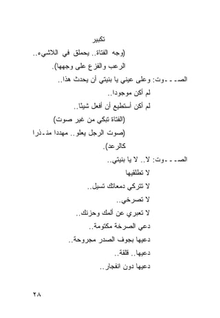 ‫ﺘﻜﺒﻴﺭ‬
‫)ﻭﺠﻪ ﺍﻟﻔﺘﺎﺓ.. ﻴﺤﻤﻠﻕ ﻓﻲ ﺍﻟﻼﺸﻲﺀ..‬
      ‫ﺍﻟﺭﻋﺏ ﻭﺍﻟﻔﺯﻉ ﻋﻠﻰ ﻭﺠﻬﻬﺎ(.‬
        ‫ﺍﻟﺼـــﻭﺕ: ﻭﻋﻠﻰ ﻋﻴﻨﻲ ﻴﺎ ﺒﻨﻴﺘﻲ ﺃﻥ ﻴﺤﺩﺙ ﻫﺫﺍ..‬
                            ‫ﻟﻡ ﺃﻜﻥ ﻤﻭﺠﻭ ‪‬ﺍ..‬
                               ‫ﺩ‬
              ‫ﻟﻡ ﺃﻜﻥ ﺃﺴﺘﻁﻴﻊ ﺃﻥ ﺃﻓﻌل ﺸﻴ ًﺎ..‬
                 ‫ﺌ‬
       ‫)ﺍﻟﻔﺘﺎﺓ ﺘﺒﻜﻲ ﻤﻥ ﻏﻴﺭ ﺼﻭﺕ(‬
‫)ﺼﻭﺕ ﺍﻟﺭﺠل ﻴﻌﻠﻭ.. ﻤﻬﺩ ‪‬ﺍ ﻤﻨـﺫ ‪‬ﺍ‬
 ‫ﺭ‬       ‫ﺩ‬
                         ‫ﻜﺎﻟﺭﻋﺩ(.‬
                            ‫ﺍﻟﺼـــﻭﺕ: ﻻ.. ﻻ ﻴﺎ ‪‬ﻨﻴﺘﻲ..‬
                                  ‫ﺒ‬
                                    ‫ﻻ ﺘﻁﻠﻘﻴﻬﺎ‬
                   ‫ﻻ ﺘﺘﺭﻜﻲ ﺩﻤﻌﺎﺘﻙ ﺘﺴﻴل..‬
                               ‫ﻻ ﺘﺼﺭﺨﻲ..‬
              ‫ﻻ ﺘﻌﺒﺭﻱ ﻋﻥ ﺃﻟﻤﻙ ﻭﺤﺯﻨﻙ..‬
                   ‫ﺩﻋﻲ ﺍﻟﺼﺭﺨﺔ ﻤﻜﺘﻭﻤﺔ..‬
            ‫ﺩﻋﻴﻬﺎ ﺒﺠﻭﻑ ﺍﻟﺼﺩﺭ ﻤﺠﺭﻭﺤﺔ..‬
                              ‫ﺩﻋﻴﻬﺎ.. ﻗﻠﻘﺔ..‬
                       ‫ﺩﻋﻴﻬﺎ ﺩﻭﻥ ﺍﻨﻔﺠﺎﺭ..‬


‫٨٢‬
 