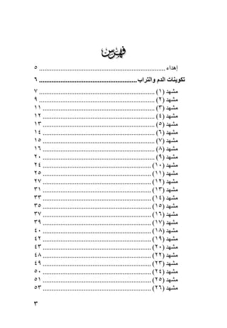 ‫‪‬‬
‫إهﺪاء ....................................................................... ٥‬
‫ﺗﻜﻮﻳﻨﺎت اﻟﺪم واﻟﺘﺮاب ....................................................... ٦‬
‫ﻣﺸﻬﺪ )١( ................................................................. ٧‬
‫ﻣﺸﻬﺪ )٢( ................................................................. ٩‬
‫ﻣﺸﻬﺪ )٣( ............................................................... ١١‬
‫ﻣﺸﻬﺪ )٤( ............................................................... ٢١‬
‫ﻣﺸﻬﺪ )٥( ............................................................... ٣١‬
‫ﻣﺸﻬﺪ )٦( ............................................................... ٤١‬
‫ﻣﺸﻬﺪ )٧( ............................................................... ٥١‬
‫ﻣﺸﻬﺪ )٨( ............................................................... ٦١‬
‫ﻣﺸﻬﺪ )٩( ............................................................... ٠٢‬
‫ﻣﺸﻬﺪ )٠١( ............................................................. ٤٢‬
‫ﻣﺸﻬﺪ )١١( ............................................................. ٥٢‬
‫ﻣﺸﻬﺪ )٢١( ............................................................. ٧٢‬
‫ﻣﺸﻬﺪ )٣١( ............................................................. ١٣‬
‫ﻣﺸﻬﺪ )٤١( ............................................................. ٣٣‬
‫ﻣﺸﻬﺪ )٥١( ............................................................. ٥٣‬
‫ﻣﺸﻬﺪ )٦١( ............................................................. ٧٣‬
‫ﻣﺸﻬﺪ )٧١( ............................................................. ٩٣‬
‫ﻣﺸﻬﺪ )٨١( ............................................................. ٠٤‬
‫ﻣﺸﻬﺪ )٩١( ............................................................. ٢٤‬
‫ﻣﺸﻬﺪ )٠٢( ............................................................. ٣٤‬
‫ﻣﺸﻬﺪ )٢٢( ............................................................. ٨٤‬
‫ﻣﺸﻬﺪ )٣٢( ............................................................. ٩٤‬
‫ﻣﺸﻬﺪ )٤٢( ............................................................. ٠٥‬
‫ﻣﺸﻬﺪ )٥٢( ............................................................. ١٥‬
‫ﻣﺸﻬﺪ )٦٢( ............................................................. ٣٥‬

‫٣‬
 