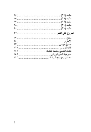 ‫ﻣﺸﻬﺪ )٧٢( ............................................................. ٤٥‬
‫ﻣﺸﻬﺪ )٨٢( ............................................................. ٥٥‬
‫ﻣﺸﻬﺪ )٩٢( ............................................................. ٧٥‬
‫ﻣﺸﻬﺪ )٠٣( ............................................................. ٨٥‬
‫ﻣﺸﻬﺪ )١٣( ............................................................. ٠٦‬
‫اﻟﺨﺮوج ﻋﻠﻰ اﻟﻨﺺ ....................................................... ٢٦‬
‫ﻣﻔﺘﺘﺢ ..................................................................... ٣٦‬
‫اﻹﺑﻴﺎري ................................................................. ٤٦‬
‫ﺻﺪیﻖ ﻣﺮﺳﻲ........................................................... ٣٩‬
‫ﻟﻘﺎء ﺕﻠﻔﺰیﻮﻧﻲ ......................................................... ١٢١‬
‫ﺕﻜﻨﻴﻚ اﻟﺘﻘﻄﻴﻊ وﻣﺸﻬﺪ اﻟﺘﻔﺘﻴﺖ....................................... ١٤١‬
‫ﻣﺴﺮﺣﻴﺔ اﻟﻨﺺ اﻟﺮواﺋﻲ ............................................. ٢٥١‬
‫ﻣﺼﺎدر وﻣﺮاﺟﻊ اﻟﺪراﺳﺔ ........................................... ٣٩١‬




‫٤‬
 
