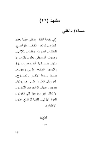 ‫ﻤﺸﻬﺩ )٦٢(‬
                                   ‫ﻤﺴﺎﺀ/ ﺩﺍﺨﻠﻲ‬
‫)ﻓﻲ ﺨﻴﻤﺔ ﺍﻟﻔﺘﺎﺓ.. ﻴﺩﺨل ﻋﻠﻴﻬﺎ ﺒﻌﺽ‬
 ‫ﺍﻟﺠﻨﻭﺩ.. ﺘﺭﺘﻌﺩ.. ﺘﺨﺎﻑ.. ﺘﺘﺭﺍﺠـﻊ‬
‫ﻟﻠﺨﻠﻑ.. ﺍﻟﺼﻭﺕ ﻴﺨﻔﺕ.. ﻴﺘﻼﺸﻰ..‬
‫ﻭﺼﻭﺕ ﺍﻟﻤﻭﺴﻴﻘﻰ ﻴﻌﻠﻭ.. ﻴﻘﺘﺭﺒـﻭﻥ‬
‫ﻤﻨﻬﺎ.. ﻴﻤﺴـﻜﻬﺎ ﺃﺤـﺩﻫﻡ.. ﻴﻤـﺯﻕ‬
‫ﻤﻼﺒﺴﻬﺎ.. ﺘﺼﻔﻌﻪ ﻋﻠـﻰ ﻭﺠﻬـﻪ..‬
‫ﻴﻤﺴﻙ ﻴـﺩﻫﺎ ﺍﻵﺨـﺭ.. ﺘﺼـﺭﺥ..‬
‫ﺍﻟﻤﻭﺴﻴﻘﻰ ﺘﻌﻠـﻭ ﻋﻠـﻰ ﺼـﻭﺘﻬﺎ..‬
‫ﻴﺒﺩﺀﻭﻥ ﻤﻌﻬﺎ.. ﺍﻟﻭﺍﺤﺩ ﺒﻌﺩ ﺍﻵﺨـﺭ..‬
‫ﻻ ﺘﻤﻠﻙ ﻏﻴﺭ ﺩﻤﻭﻋﻬﺎ ﺍﻟﺘﻲ ﺘﺨﻭﻨﻬـﺎ‬
‫ﻟﻠﻤﺭﺓ ﺍﻷﻭﻟﻰ.. ﻟﻜﻨﻬﺎ ﻻ ﺘﻤﻨﻊ ﻋﻨﻬـﺎ‬
                       ‫ﺍﻻﻋﺘﺩﺍﺀ(.‬


                   ‫ﻗﻁﻊ//‬
                      ‫...‬

‫٣٥‬
 