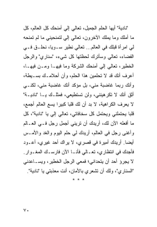 ‫"ﻨﺎﺩﻴﺔ" ﺃﻴﻬﺎ ﺍﻟﺤﻠﻡ ﺍﻟﺠﻤﻴل، ﺘﻌﺎﻟﻲ ﺇﻟﻲ ﺃﻤﻨﺤﻙ ﻜل ﺍﻟﻌﺎﻟﻡ، ﻜل‬
                    ‫‪‬‬
‫ﻤﺎ ﺃﻤﻠﻙ ﻭﻤﺎ ﻴﻤﻠﻙ ﺍﻵﺨﺭﻭﻥ، ﺘﻌﺎﻟﻲ ﺇﻟﻲ ﻟﺘﻤﻨﺤﻴﻨﻲ ﻤﺎ ﻟﻡ ﺘﻤﻨﺤﻪ‬
                     ‫‪‬‬
‫ﻟﻲ ﺍﻤﺭﺃﺓ ﻗﺒﻠﻙ ﻓﻲ ﺍﻟﻌﺎﻟﻡ… ﺘﻌﺎﻟﻲ ﻨﻁﻴﺭ ﺴـﻭ ‪‬ﺎ، ﻨﺤﻠـﻕ ﻓـﻲ‬
            ‫ﻴ‬
‫ﺍﻟﻔﻀﺎﺀ، ﺘﻌﺎﻟﻲ ﻭﺴﺄﺘﺭﻙ ﻟﺤﻅﺘﻬﺎ ﻜل ﺸﻲﺀ، "ﺴﻨﺎﺭﻱ" ﻭﺍﻟﺭﺠل‬
‫ﺍﻟﺨﻁﻴﺭ، ﺘﻌﺎﻟﻲ ﺇﻟﻲ ﺃﻤﻨﺤﻙ ﺍﻟﺸﺭﻜﺔ ﻭﻤﺎ ﻓﻴﻬـﺎ ﻭﻤـﻥ ﻓﻴﻬـﺎ،‬
                                   ‫‪‬‬
‫ﺃﻋﺭﻑ ﺃﻨﻙ ﻗﺩ ﻻ ﺘﺤﻠﻤﻴﻥ ﻫﺫﺍ ﺍﻟﺤﻠﻡ، ﻭﺃﻥ ﺃﺤﻼﻤـﻙ ﺒﺴـﻴﻁﺔ،‬
‫ﻭﺃﻨﻙ ﺭﺒﻤﺎ ﻏﺎﻀﺒﺔ ﻤﻨﻲ، ﺒل ﻤﺅﻜﺩ ﺃﻨﻙ ﻏﺎﻀﺒﺔ ﻤﻨﻲ، ﻟﻜﻨـﻲ‬
‫ﺃﺜﻕ ﺃﻨﻙ ﻻ ﺘﻜﺭﻫﻴﻨﻨﻲ، ﻭﻟﻥ ﺘﺴﺘﻁﻴﻌﻲ، ﻓﻤﺜﻠـﻙ ﻴـﺎ "ﻨﺎﺩﻴـﺔ"‬
‫ﻻ ﻴﻌﺭﻑ ﺍﻟﻜﺭﺍﻫﻴﺔ، ﻻ ﺒﺩ ﺃﻥ ﻟﻙ ﻗﻠ ‪‬ﺎ ﻜﺒﻴ ‪‬ﺍ ﻴﺴﻊ ﺍﻟﻌﺎﻟﻡ ﺃﺠﻤﻊ،‬
                  ‫ﺒ ﺭ‬
‫ﻗﻠ ‪‬ﺎ ﻴﺤﺘﻤﻠﻨﻲ ﻭﻴﺤﺘﻤل ﻜل ﺴﺨﺎﻓﺎﺘﻲ، ﺘﻌﺎﻟﻲ ﺇﻟﻲ ﻴﺎ "ﻨﺎﺩﻴﺔ"، ﻜل‬
               ‫‪‬‬                                     ‫ﺒ‬
‫ﻤﺎ ﺃﻓﻌﻠﻪ ﺍﻵﻥ ﻟﻙ، ﺃﺭﻴﺩﻙ ﺃﻥ ﺘﺭﻴﻨﻲ ﺃﺠﻤل ﺭﺠل ﻓـﻲ ﺍﻟﻌـﺎﻟﻡ‬
‫ﻭﺃﻏﻨﻰ ﺭﺠل ﻓﻲ ﺍﻟﻌﺎﻟﻡ، ﺃﺭﻴﺩﻙ ﻟﻲ ﺤﻠﻡ ﺍﻟﻴﻭﻡ ﻭﺍﻟﻐﺩ ﻭﺍﻷﻤـﺱ‬
‫ﺃﻴ ‪‬ﺎ. ﺃﺭﻴﺩﻙ ﺃﻤﻴﺭﺓ ﻓﻲ ﻗﺼﺭﻱ، ﻻ ﻴﺭﺍﻙ ﺃﺤﺩ ﻏﻴﺭﻱ، ﺃﻋـﻭﺩ‬
                                              ‫ﻀ‬
‫ﻓﺄﺠﺩﻙ ﻓﻲ ﺍﻨﺘﻅﺎﺭﻱ، ﺘﻌـﺎﻟﻲ ﻓﺄﻨـﺎ ﺍﻵﻥ ﻓﺎﺭﺴـﻙ ﺍﻟﻤﻐـﻭﺍﺭ.‬
‫ﻻ ﻴﺠﺭﺅ ﺃﺤﺩ ﺃﻥ ﻴﺘﺤﺩﺍﻨﻲ؛ ﻓﻤﻌﻲ ﺍﻟﺭﺠل ﺍﻟﺨﻁﻴﺭ، ﻭﻴﺴـﺎﻋﺩﻨﻲ‬
 ‫"ﺍﻟﺴﻨﺎﺭﻱ"، ﻭﻟﻙ ﺃﻥ ﺘﺸﻌﺭﻱ ﺒﺎﻷﻤﺎﻥ، ﺃﻨﺕ ﻤﻌﺫﺒﺘﻲ ﻴﺎ "ﻨﺎﺩﻴﺔ".‬
                          ‫***‬




‫٠٧‬
 