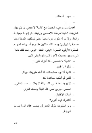 ‫- ﺴﻭﻑ ﺃﺴﺤﻘﻙ.‬
                                               ‫- .....‬
‫ﺃﻫﺩﺉ ﻤﻥ ﺭﻭﻋﻲ، ﺍﻟﺤﺩﻴﺙ ﻤﻊ "ﻨﺎﺩﻴﺔ" ﻻ ﻴﻨﺒﻐﻲ ﺃﻥ ﻴﺘﻡ ﺒﻬﺫﻩ‬
                                               ‫ُ‬
‫ﺍﻟﻁﺭﻴﻘﺔ، "ﻨﺎﺩﻴﺔ" ﻤﺭﻫﻔﺔ ﺍﻹﺤﺴﺎﺱ ﻭﺭﻗﻴﻘﺔ، ﺜﻡ ﺇﻨﻬـﺎ ﺠﻤﻴﻠـﺔ‬
‫ﺭﺍﺌﻌﺔ، ﻭﻻ ﺒﺩ ﺃﻥ ﺘﻜﻭﻥ ﻤﺭ ﹰﺎ ﻤﻌﻬﺎ، ﺤﺘﻰ ﺘﺘﻤﻠﻜﻬﺎ، ﺍﻟﺒﺩﺍﻴﺔ ﺩﺍﺌ ‪‬ﺎ‬
 ‫ﻤ‬                                 ‫ﻨ‬
‫ﺼﻌﺒﺔ ﻴﺎ "ﺇﺒﻴﺎﺭﻱ" ﻭﺒﻌﺩ ﺫﻟﻙ ﺴﺘﻜﻭﻥ ﻁـﻭﻉ ﺃﻤـﺭﻙ، ﺍﻟﻤﻬـﻡ‬
‫ﺍﻟﺨﻁﻭﺓ ﺍﻷﻭﻟﻰ، ﺍﻟﺴﻬﺭﺓ ﺍﻷﻭﻟﻰ، ﺍﻟﻘﺒﻠﺔ ﺍﻷﻭﻟﻰ، ﺒﻌﺩ ﺫﻟﻙ ﻜـل‬
             ‫ﺸﻲﺀ ﻴﺴﻴﺭ ﻭﺒﺴﻴﻁ، ﻷﻋﻭﺩ ﺇﻟﻰ ﺩﺒﻠﻭﻤﺎﺴﻴﺘﻲ ﺇﺫﻥ.‬
                  ‫- "ﻨﺎﺩﻴﺔ" ﻻ ﺘﻐﻀﺒﻲ، ﺃﻨﺎ ﺃﻋﺯﻙ ﻜﺜﻴ ‪‬ﺍ.‬
                    ‫ﺭ‬
                                      ‫- ﺸﻜ ‪‬ﺍ ﻴﺎ ﺃﻓﻨﺩﻡ.‬
                                                 ‫ﺭ‬
       ‫- ﻨﺎﺩﻴﺔ ﺃﻨﺎ ﺃﻭﺩ ﻤﺴﺎﻋﺩﺘﻙ، ﺃﻨﺎ ﺃﻋﻠﻡ ﻅﺭﻭﻓﻙ ﺠﻴ ‪‬ﺍ.‬
         ‫ﺩ‬
                         ‫- ﻟﻜﻨﻲ ﻟﻡ ﺃﻁﻠﺏ ﻤﺴﺎﻋﺩﺓ ﺃﺤﺩ.‬
‫- ﻻ ﻴﻭﺠﺩ ﺃﺤﺩ ﻓـﻲ ﺍﻟﺸـﺭﻜﺔ ﻻ ﻴﻁﻠـﺏ ﻤﺴـﺎﻋﺩﺘﻲ..‬
        ‫ﺍﺴﻤﻌﻲ، ﺠﺭﺒﻲ ﻤﻌﻲ ﻫﺫﻩ ﺍﻟﻠﻴﻠﺔ ﻭﺒﻌﺩﻫﺎ ﻓﻜﺭﻱ.‬
                                     ‫- ﺃﺴﺄﺕ ﺍﻻﺨﺘﻴﺎﺭ.‬
                                 ‫- ﺃﻨﺘﻅﺭﻙ ﻟﻴﻠﺔ ﺃﺨﺭﻯ؟‬
‫- ﻭﻟﻭ ﺍﻨﺘﻅﺭﺕ ﻁﻭل ﺍﻟﻌﻤﺭ ﻟﻥ ﻴﺤﺩﺙ ﻫﺫﺍ، ﺃﻨـﺎ ﺒﻨـﺕ‬
                                             ‫ﺸﺭﻴﻔﺔ.‬


‫٨٧‬
 