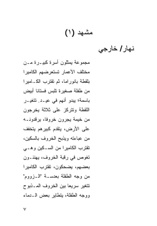 ‫ﻤﺸﻬﺩ )١(‬
                                     ‫ﻨﻬﺎﺭ/ ﺨﺎﺭﺠﻲ‬
‫ﻤﺠﻤﻭﻋﺔ ﻴﻤﺜﻠﻭﻥ ﺃﺴﺭﺓ ﻜﺒﻴـﺭﺓ ﻤـﻥ‬
‫ﻤﺨﺘﻠﻑ ﺍﻷﻋﻤﺎﺭ ﺘﺴﺘﻌﺭﻀﻬﻡ ﺍﻟﻜﺎﻤﻴﺭﺍ‬
‫ﺒﻠﻘﻁﺔ ﺒﺎﻨﻭﺭﺍﻤﺎ، ﺜﻡ ﺘﻘﺘﺭﺏ ﺍﻟﻜـﺎﻤﻴﺭﺍ‬
‫ﻤﻥ ﻁﻔﻠﺔ ﺼﻐﻴﺭﺓ ﺘﻠﺒﺱ ﻓﺴﺘﺎ ﹰﺎ ﺃﺒﻴﺽ‬
      ‫ﻨ‬
‫ﺒﺎﺴﻤﺔ؛ ﻴﺒﺩﻭ ﺃﻨﻬﻡ ﻓﻲ ﻋﻴـﺩ. ﺘﺘﻐ ‪‬ـﺭ‬
  ‫ﻴ‬
‫ﺍﻟﻠﻘﻁﺔ ﻭﺘﺘﺭ ﹼﺯ ﻋﻠﻰ ﺜﻼﺜﺔ ﻴﺨﺭﺠﻭﻥ‬
                 ‫ﻜ‬
‫ﻤﻥ ﺨﻴﻤﺔ ﻴﺠ ‪‬ﻭﻥ ﺨﺭﻭ ﹰﺎ، ‪‬ﺭﻗﺩﻭﻨـﻪ‬
       ‫ﻓ ﻴ‬         ‫ﺭ‬
‫ﻋﻠﻰ ﺍﻷﺭﺽ، ﻴﺘﻘﺩﻡ ﻜﺒﻴﺭﻫﻡ ﻴﺘﺨﻔﻑ‬
‫ﻤﻥ ﻋﺒﺎﺀﺘﻪ ﻭﻴﺫﺒﺢ ﺍﻟﺨﺭﻭﻑ ﺒﺎﻟﺴﻜﻴﻥ،‬
‫ﺘﻘﺘﺭﺏ ﺍﻟﻜﺎﻤﻴﺭﺍ ﻤﻥ ﺍﻟﺴـﻜﻴﻥ ﻭﻫـﻲ‬
‫ﺘﻐﻭﺹ ﻓﻲ ﺭﻗﺒﺔ ﺍﻟﺨﺭﻭﻑ، ﻴﻬﻨﺌـﻭﻥ‬
‫ﺒﻌﻀﻬﻡ، ﻴﻀﺤﻜﻭﻥ، ﺘﻘﺘﺭﺏ ﺍﻟﻜﺎﻤﻴﺭﺍ‬
‫ﻤﻥ ﻭﺠﻪ ﺍﻟﻁﻔﻠﺔ ﺒﻌﺩﺴـﺔ "ﺍﻟـﺯﻭﻭﻡ"‬
‫ﺘﺘﻐ ‪‬ﺭ ﺴﺭﻴ ‪‬ﺎ ﺒﻴﻥ ﺍﻟﺨﺭﻭﻑ ﺍﻟﻤـﺫﺒﻭﺡ‬
                     ‫ﻌ‬      ‫ﻴ‬
‫ﻭﻭﺠﻪ ﺍﻟﻁﻔﻠﺔ، ﻴﺘﻁﺎﻴﺭ ﺒﻌﺽ ﺍﻟـﺩﻤﺎﺀ‬

‫٧‬
 