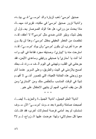 ‫ﺼﺩﻴﻕ "ﻤﺭﺴﻲ" ﺫﻫﺏ ﻟﺯﻴﺎﺭﺓ ﻭﺍﻟﺩ "ﻤﺭﺴـﻲ" ﻓـﻲ ﺒﻴﺘـﻪ،‬
‫ﻭ"ﻨﺎﺩﻴﺔ" ﺘﺯﻭﺭ ﺼﺩﻴﻕ "ﻤﺭﺴﻲ" ﻓﻲ ﻤﻜﺘﺒﻪ، ﺘﻘﺭﻴﺭﺍﺕ ﻤﻬﻤـﺔ،‬
‫ﻤﺎﺫﺍ ﻴﺤﺩﺙ ﻤﻥ ﻭﺭﺍﺌﻲ، ﻫل ﻫﺫﺍ ﺍﻟﻭﻟﺩ ﺍﻟﺼﺭﺼﺎﺭ ﻴﺤـﺎﻭل ﺃﻥ‬
‫ﻴﻔﻌل ﺸﻴ ًﺎ، ﻭﻴﺜﻴﺭ ﺍﻟﻨﺎﺱ ﻀﺩﻱ ﻤﺜل "ﻤﺭﺴﻲ"؟ ﻻ ﺃﻋﺘﻘﺩ، ﻟﻘـﺩ‬
                                            ‫ﺌ‬
‫ﺘﺨﻠﺼﺕ ﻤﻥ ﺍﻟﺨﻁﺭ ﺍﻟﺤﻘﻴﻘﻲ ﺒﻤﻘﺘل "ﻤﺭﺴﻲ"، ﻭﻫﺫﺍ ﻟﻥ ﻴﻜـﻭﻥ‬
‫ﻫﻭ ﻤﺭﺓ ﺃﺨﺭﻯ، ﻟﻥ ﻴﻜﻭﻥ "ﻤﺭﺴﻲ" ﻭﻟﻥ ﻴﻭﻟﺩ "ﻤﺭﺴـﻲ"، ﻟﻘـﺩ‬
‫ﺍﺴﺘﺭﺤﺕ ﻤﻨﻪ ﻴﺎ "ﺇﺒﻴﺎﺭﻱ"، ﻭﺼﺩﻴﻘﻪ ﻤﺠﺭﺩ ﻓﻘﺎﻋﺔ ﻓﻲ ﺍﻟﻬـﻭﺍﺀ،‬
‫ﺃﻤﺎ ﺃﻨﺕ ﻴﺎ "ﺴﻨﺎﺭﻱ" ﻴﺎ ﺼﺩﻴﻘﻲ ﻭﺭﻓﻴﻘﻲ ﻭﺴﺎﻋﺩﻱ ﺍﻷﻴﻤﻥ، ﻓﻘﺩ‬
‫ﺠﺭﺤﺘﻨﻲ ﻓﻲ ﺍﻟﻘﻠﺏ، ﻭﺘﻬﻴﻨﻨﻲ ﻓﻲ ﺍﻟﻴﻭﻡ ﺃﻟـﻑ ﻤـﺭﺓ، ﺸـﺒﺤﻙ‬
‫ﺃﺼﺒﺢ ﻴﻼﺯﻤﻨﻲ ﻓﻲ ﺍﻟﺒﻴﺕ ﻭﺍﻟﻁﺭﻴﻕ، ﻭﻋﻠﻰ ﺍﻟﺴﺭﻴﺭ ﻋﻨﺩﻤﺎ ﺃﻨﺎﻡ‬
‫ﻤﻊ ﺯﻭﺠﺘﻲ ﻫﺫﻩ ﺍﻟﺨﺎﺌﻨﺔ ﺍﻟﻠﻌﻴﻨﺔ، ﺍﻟﺘﻲ ﺘﺘﺼ ‪‬ﺭ ﺃﻨﻨـﻲ ﻻ ﺃﻓﻬـﻡ‬
               ‫ﻭ‬
‫ﺸﻴ ًﺎ ﻓﻲ ﺍﻟﻭﻗﺕ ﺍﻟﻤﻨﺎﺴﺏ ﺴﺄﺘﺨﱠﺹ ﻤﻨﻙ ﻭﻤﻥ "ﺍﻟﺴﻨﺎﺭﻱ" ﻭﻤﻥ‬
                       ‫ﻠ‬                       ‫ﺌ‬
     ‫ﻜل ﻤﻥ ﻴﻘﻑ ﺃﻤﺎﻤﻲ، ﺍﻟﻤﻬﻡ ﺃﻥ ﻴﻨﺘﻬﻲ ﺍﻻﺤﺘﻔﺎل ﻋﻠﻰ ﺨﻴﺭ.‬
                          ‫***‬
‫"ﻨﺎﺩﻴﺔ" ﺍﻟﺤﻠﻡ ﺍﻟﺠﻤﻴل، "ﻨﺎﺩﻴﺔ" ﺍﻟﺠﻤﻴﻠـﺔ ﻭﺍﻟﺤﺯﻴﻨـﺔ ﺃﻴ ‪‬ـﺎ،‬
   ‫ﻀ‬
‫ﺃﺼﺒﺤﺕ ﺼﺎﻤﺘﺔ ﻭﻜﺴﻴﺭﺓ ﺒﻌﺩ ﻤـﻭﺕ "ﻤﺭﺴـﻲ" ﺍﻵﻥ ﺴـﻭﻑ‬
‫ﺘﺴﺘﺴﻠﻡ، ﻟﻡ ﻴﻌﺩ ﺃﻤﺎﻤﻲ ﻓﺭﺼﺔ ﻟﻤﺤﺎﻭﻻﺕ ﺃﺨﺭﻯ، ﻓﻘﺩ ﻓﺸـﻠﺕ‬
‫ﻤﻌﻬﺎ ﻜل ﻤﺤﺎﻭﻻﺘﻲ؛ ﻭﻟﻬﺫﺍ ﻋﺭﻀﺕ ﻋﻠﻴﻬﺎ ﺍﻟـﺯﻭﺍﺝ، ِـﻡ ﻻ؟‬
   ‫ﻟ ‪‬‬


‫٦٨‬
 