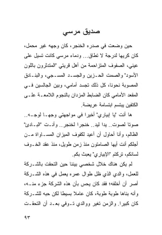 ‫ﺼﺩﻴﻕ ﻤﺭﺴﻲ‬
‫ﺤﻴﻥ ﻭﻀﻌﺕ ﻓﻲ ﺼﺩﺭﻩ ﺍﻟﺨﻨﺠﺭ، ﻜﺎﻥ ﻭﺠﻬﻪ ﻏﻴﺭ ﻤﺤﻤل،‬
‫ﻜﺎﻥ ﻜﺭﻴ ‪‬ﺎ ﻟﺩﺭﺠﺔ ﻻ ﺘﻁﺎﻕ... ﻭﺩﻤﺎﺀ ﻤﺭﺴﻲ ﻜﺎﻨﺕ ﺘﺴﻴل ﻋﻠﻰ‬
                                          ‫ﻬ‬
‫ﻋﻴﻨﻲ، ﺍﻟﺼﻔﻭﻑ ﺍﻟﻤﺘﺯﺍﺤﻤﺔ ﻤﻥ ﺃﻫل ﻗﺭﻴﺘﻲ "ﺍﻟﻤﺘﺩﺜﺭﻭﻥ ﺒﺎﻟﻠﻭﻥ‬
‫ﺍﻷﺴﻭﺩ" ﻭﺍﻟﺼﻤﺕ ﺍﻟﺤـﺯﻴﻥ ﻭﺍﻟﺠﺴـﺩ ﺍﻟﻤﺴـﺠﻲ، ﻭﺍﻟﺒﻨـﺎﺩﻕ‬
‫ﺍﻟﻤﺼ ‪‬ﺒﺔ ﻨﺤﻭﻨﺎ، ﻜل ﺫﻟﻙ ﺘﺠ ‪‬ﺩ ﺃﻤﺎﻤﻲ، ﻭﺒﻴﻥ ﺍﻟﺠﺎﻟﺴﻴﻥ ﻓـﻲ‬
                          ‫ﺴ‬                    ‫ﻭ‬
‫ﺍﻟﻤﻘﻌﺩ ﺍﻷﻤﺎﻤﻲ ﻜﺎﻥ ﺍﻟﻀﺎﺒﻁ ﺍﻟﻤﺯﺩﺍﻥ ﺒﺎﻟﻨﺠﻭﻡ ﺍﻟﻼﻤﻌـﺔ ﻋﻠـﻰ‬
                          ‫ﺍﻟﻜﺘﻔﻴﻥ ﻴﺒﺘﺴﻡ ﺍﺒﺘﺴﺎﻤﺔ ﻋﺭﻴﻀﺔ.‬
‫ﻫﺎ ﺃﻨﺕ "ﻴﺎ ﺇﺒﻴﺎﺭﻱ" ﺃﺨﻴ ‪‬ﺍ ﻓﻲ ﻤﻭﺍﺠﻬﺘﻲ ﻭﺠ ‪‬ـﺎ ﻟﻭﺠـﻪ..‬
          ‫ﻬ‬                ‫ﺭ‬
‫ﺼﻭ ﹰﺎ ﻟﺼﻭﺕ.. ﻴ ‪‬ﺍ ﻟﻴﺩ.. ﺨﻨﺠ ‪‬ﺍ ﻟﺨﻨﺠﺭ.. ﻭﺃﻨـﺕ "ﺍﻟﺒـﺎﺩﺉ"‬
                         ‫ﺭ‬            ‫ﺩ‬           ‫ﺘ‬
‫ﺍﻟﻅﺎﻟﻡ، ﻭﺃﻨﺎ ﺃﺤﺎﻭل ﺃﻥ ﺃﻋﻴﺩ ﻟﻜﻔﻭﻑ ﺍﻟﻤﻴﺯﺍﻥ ﺍﻟﻤﺴـﺎﻭﺍﺓ ﻤـﻥ‬
‫ﺃﺠﻠﻜﻡ ﺃﻨﺕ ﺃﻴﻬﺎ ﺍﻟﺼﺎﻤﺘﻭﻥ ﻤﻨﺫ ﺯﻤﻥ ﻁﻭﻴل، ﻤﻨﺫ ﻋﻘﺩ ﺍﻟﺨـﻭﻑ‬
                      ‫ﻟﺴﺎﻨﻜﻡ، ﺘﺭﻜﺘﻡ "ﺍﻹﺒﻴﺎﺭﻱ" ﻴﻌﺒﺙ ﺒﻜﻡ.‬
‫ﻟﻡ ﻴﻜﻥ ﻫﻨﺎﻙ ﺨﻼل ﺸﺨﺼﻲ ﺒﻴﻨﻨﺎ ﺤﻴﻥ ﺍﻟﺘﺤﻘﺕ ﺒﺎﻟﺸـﺭﻜﺔ‬
‫ﻟﻠﻌﻤل، ﻭﺍﻟﺩﻱ ﺍﻟﺫﻱ ﻅل ﻁﻭﺍل ﻋﻤﺭﻩ ﻴﻌﻤل ﻓﻲ ﻫﺫﻩ ﺍﻟﺸـﺭﻜﺔ‬
‫ﺃﺼﺭ ﺃﻥ ﺃﺨﻠﻔﻪ؛ ﻓﻘﺩ ﻜﺎﻥ ﻴﺤﺱ ﺒﺄﻥ ﻫﺫﻩ ﺍﻟﺸﺭﻜﺔ ﺠﺯﺀ ﻤﻨـﻪ،‬
‫ﻭﺃﻨﻪ ﺒﻨﺎﻫﺎ ﻁﻭﺒﺔ ﻁﻭﺒﺔ، ﻜﺎﻥ ﻋﺎﻤﻼ ﺒﺴﻴ ﹰﺎ ﻟﻜﻥ ﺤﺒﻪ ﻟﻠﺸـﺭﻜﺔ‬
                 ‫ﹰ ﻁ‬
‫ﻜﺎﻥ ﻜﺒﻴ ‪‬ﺍ. ﻭﺍﻟﺯﻤﻥ ﺘﻐ ‪‬ﺭ ﻭﻭﺍﻟﺩﻱ ﺘـﻭﻓﻲ ﺒﻌـﺩ ﺃﻥ ﺍﻟﺘﺤﻘـﺕ‬
                              ‫ﻴ‬             ‫ﺭ‬

‫٣٩‬
 