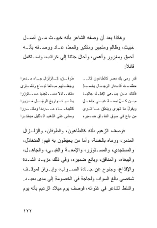 ‫ﻭﻫﻜﺫﺍ ﺒﻌﺩ ﺃﻥ ﻭﺼﻔﻪ ﺍﻟﺸﺎﻋﺭ ﺒﺄﻨﻪ ﺨﺒﻴـﺙ ﻤـﻥ ﺃﺼـل‬
 ‫ﺨﺒﻴﺙ، ﻭﻅﺎﻟﻡ ﻭﻤﺘﺠﺒﺭ ﻭﻤﺘﻜﺒﺭ ﻭﻗﺤﻁ، ﻋـﺎﺩ ﻭﻭﺼـﻔﻪ ﺒﺄﻨـﻪ‬
 ‫ﺃﺤﻤﻕ ﻭﻤﻐﺭﻭﺭ ﻭﺃﻋﻤﻰ، ﻭﺃﺤﺎل ﺠﻨﺘﻨﺎ ﺇﻟﻰ ﺨﺭﺍﺌﺏ، ﻭﺍﺴـﺘﻜﻤل‬
                                                               ‫ﻗﺎﺌﻼ:‬
                                                                ‫ﹰ‬

‫ﻁﻭﻓ ـﺎ ِ، ﻜ ـﺎﻟﺯﻟﺯﺍل ﺠ ـﺎﺀ ﻤ ـﺩﻤ ‪‬ﺍ‬
 ‫ـ ‪‬ـ ‪‬ﺭ‬              ‫ـﻥ ـ‬             ‫ﻗﺩﺭ ﺭ ‪‬ﻰ ﺒﻙ ﻤﺼﺭ ﻜﺎﻟﻁﺎﻋﻭﻥ ﻜﺎﻟــ‬
                                                          ‫ﹶ ‪  ‬ﻤ ِ ‪‬‬
‫ﻭ ‪‬ﻌﻠ ـﺘﻬﻡ ﺴ ـﻠ ‪‬ﺎ ﹸﺒ ـﺎﻉ ﻭ ﹸﺸ ـﺘ ‪‬ﻯ‬
 ‫ِ ﹶﻌ ﺘ ـ ‪ ‬ﺘ ﹶﺭ‬             ‫ﺠ ـ‬       ‫ﺤﻁﻤ ـﺕ ـﺩﺍﺭ ﺍﻟﺭ ـﺎل ِﺨﺴ ـﺔ‬
                                       ‫‪ ‬ﱠ ‪‬ـ ﹶ ﺃﻗـ ‪ ‬ﺠـ ﺒ ‪‬ـ ٍ‬
‫‪‬ﺘﺨــﺎﺫﻻ ‪‬ﺴــﺘﺠﺩ ‪‬ﺎ ‪‬ﺴــﺘﻭ‪‬ﺯ ‪‬ﺍ‬
 ‫ﹶ ﺭ‬      ‫ﻴ ﻤ‬        ‫ﹰﻤ‬       ‫ﻤ‬        ‫ﻓﺄﺘﺎﻙ ﻤـﻥ ‪‬ﺴـ ‪‬ﻰ ﻹﻓ ِـﻙ ﺠﺎﺜ ‪‬ـﺎ‬
                                         ‫ﻜ ‪ ‬ﻴ‬         ‫ﻴ ﻌ‬
‫‪‬ﺘﻠ ـﻭ ﺘ ـﻭﺍﺭﻴﺦ ﺍﻟﺭ ـﺎل ﻤ ـﺯ ‪‬ﺭﺍ‬
  ‫ﹶ ‪‬ﺠـ ‪‬ـ ‪‬ﻭ‬         ‫ﻴ ﹸـ ﹶـ‬          ‫ـل‬
                                       ‫ـﺔ ﻏ ـﻲ ﺠﺎﻫـ ٍ‬
                                               ‫ﻤ ـﻥ ﻜ ـل ﺇﻤﻌـ ﹶﺒـ‬
                                                        ‫ِـ ﹸـ ّ‬
‫ﻜﺎ ﹶﺒﺒ ـﺎﺀ ﻤ ـﺭﺩ ‪‬ﺍ ﻭﻤ ـﺭ ‪‬ﺍ‬
 ‫‪‬ــ ﺩ ‪‬ﻜــ ‪‬ﺭ‬       ‫ﻟ ‪‬ﻐــ‬            ‫ﻭﻴﻘﻭل ﻤﺎ ﺘﻬ ‪‬ﻯ ﻭﻴﻨﻁﻕ ﻤـﺎ ﺘـﺭﻯ‬
                                                ‫ِ ﹸ‬    ‫ﻭ‬       ‫ُ‬
‫ﻭﻤ ﹶﻰ ﻋﻠﻰ ﺍﻟﺫﻫﺏ ﺍﻟـ ﱢﻟﻴل ﻤ ‪‬ﺨﺘـﺭﺍ‬
     ‫ﹼ ‪ ِ ‬ﺫ ِ ‪‬ﺒ‬            ‫‪ ‬ﺸ‬      ‫‪‬ﻥ ﺒﺎﻉ ﻓﻲ ‪‬ﻭﻕ ﺍﻟ ﹼﻔـﺎﻕ ‪‬ـﻤﻴ ‪‬ﻩ‬
                                        ‫ﻀ ﺭ‬        ‫ﻨ‬      ‫ﺴ‬    ‫‪‬‬    ‫ﻤ‬


 ‫ﻓﻭﺼﻑ ﺍﻟﺯﻋﻴﻡ ﺒﺄﻨﻪ ﻜﺎﻟﻁﺎﻋﻭﻥ، ﻭﺍﻟﻁﻭﻓﺎﻥ، ﻭﺍﻟﺯﻟـﺯﺍل‬
 ‫ﺍﻟﻤﺩﻤﺭ، ﻭﺭﻤﺎﻩ ﺒﺎﻟﺨﺴﺔ، ﻭﺃﻤﺎ ﻤﻥ ﻴﺤﻴﻁﻭﻥ ﺒﻪ ﻓﻬﻡ: ﺍﻟﻤﺘﺨﺎﺫل،‬
 ‫ﻭﺍﻟﻤﺴﺘﺠﺩﻱ، ﻭﺍﻟﻤﺴـﺘﻭﺯﺭ، ﻭﺍﻹ ‪‬ﻌـﺔ ﻭﺍﻟﻐﺒـﻲ، ﻭﺍﻟﺠﺎﻫـل،‬
                       ‫ﻤ‬
 ‫ﻭﺍﻟﺒﺒﻐﺎﺀ، ﻭﺍﻟﻤﻨﺎﻓﻕ، ﻭﺒﺎﺌﻊ ﻀﻤﻴﺭﻩ، ﻭﻓﻲ ﺫﻟﻙ ﻤﺯﻴـﺩ ﺍﻟﺸـﺩﺓ‬
 ‫ﻭﺍﻹﻗﺫﺍﻉ، ﻭﺠﻨﻭﺡ ﻋﻥ ﺠـﺎﺩﺓ ﺍﻟﺼـﻭﺍﺏ، ﻭﺇﺒـﺭﺍﺯ ﻟﻤﻭﻗـﻑ‬
 ‫ﺸﺨﺼﻲ ﺒﺎﻟﻎ ﺍﻟﺴﻭﺍﺩ، ﻭﻟﺠﺎﺠﺔ ﻓﻲ ﺍﻟﺨﺼﻭﻤﺔ ﺇﻟﻰ ﻤﺩﻯ ﺒﻌﻴـﺩ.‬
 ‫ﻭﺍﺸﺘﻁ ﺍﻟﺸﺎﻋﺭ ﻓﻲ ﻏﻠﻭﺍﺌﻪ، ﻓﻭﺼﻑ ﻴﻭﻡ ﻤﻴﻼﺩ ﺍﻟﺯﻋﻴﻡ ﺒﺄﻨﻪ ﻴﻭﻡ‬


 ‫٢٢١‬
 