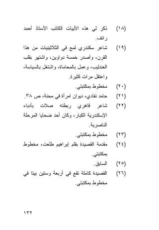 ‫ﺫﻜﺭ ﻟﻲ ﻫﺫﻩ ﺍﻷﺒﻴﺎﺕ ﺍﻟﻜﺎﺘﺏ ﺍﻷﺴﺘﺎﺫ ﺃﺤﻤﺩ‬          ‫)٨١(‬
                                    ‫ﺭﺍﺌﻑ.‬
‫ﺸﺎﻋﺭ ﺴﻜﻨﺩﺭﻱ ﻟﻤﻊ ﻓﻲ ﺍﻟﺜﻼﺜﻴﻨﻴﺎﺕ ﻤﻥ ﻫﺫﺍ‬          ‫)٩١(‬
‫ﺍﻟﻘﺭﻥ، ﻭﺃﺼﺩﺭ ﺨﻤﺴﺔ ﺩﻭﺍﻭﻴﻥ، ﻭﺍﺸﺘﻬﺭ ﺒﻘﻠﺏ‬
‫ﺍﻟﻌﻨﺩﻟﻴﺏ، ﻭﻋﻤل ﺒﺎﻟﻤﺤﺎﻤﺎﺓ، ﻭﺍﺸﺘﻐل ﺒﺎﻟﺴﻴﺎﺴﺔ،‬
                      ‫ﻭﺍﻋﺘﻘل ﻤﺭﺍﺕ ﻜﺜﻴﺭﺓ.‬
                          ‫ﻤﺨﻁﻭﻁ ﺒﻤﻜﺘﺒﺘﻲ.‬      ‫)٠٢(‬
‫ﺤﺎﻤﺩ ﻨﻔﺎﺩﻱ، ﺩﻴﻭﺍﻥ ﺍﻤﺭﺃﺓ ﻓﻲ ﻤﺤﻨﺔ، ﺹ ٨٣.‬        ‫)١٢(‬
‫ﺒﺄﺩﺒﺎﺀ‬   ‫ﺼﻼﺕ‬      ‫ﺭﺒﻁﺘﻪ‬    ‫ﻗﺎﻫﺭﻱ‬     ‫ﺸﺎﻋﺭ‬     ‫)٢٢(‬
‫ﺍﻹﺴﻜﻨﺩﺭﻴﺔ ﺍﻟﻜﺒﺎﺭ، ﻭﻜﺎﻥ ﺃﺤﺩ ﻀﺤﺎﻴﺎ ﺍﻟﻤﺭﺤﻠﺔ‬
                                ‫ﺍﻟﻨﺎﺼﺭﻴﺔ.‬
                          ‫ﻤﺨﻁﻭﻁ ﺒﻤﻜﺘﺒﺘﻲ.‬      ‫)٣٢(‬
‫ﻤﻘﺩﻤﺔ ﺍﻟﻘﺼﻴﺩﺓ ﺒﻘﻠﻡ ﺇﺒﺭﺍﻫﻴﻡ ﻁﻠﻌﺕ، ﻤﺨﻁﻭﻁ‬        ‫)٤٢(‬
                                   ‫ﺒﻤﻜﺘﺒﺘﻲ.‬
                                    ‫ﺍﻟﺴﺎﺒﻕ.‬   ‫)٥٢(‬
‫ﺍﻟﻘﺼﻴﺩﺓ ﻜﺎﻤﻠﺔ ﺘﻘﻊ ﻓﻲ ﺃﺭﺒﻌﺔ ﻭﺴﺘﻴﻥ ﺒﻴ ﹰﺎ ﻓﻲ‬
    ‫ﺘ‬                                         ‫)٦٢(‬
                          ‫ﻤﺨﻁﻭﻁ ﺒﻤﻜﺘﺒﺘﻲ.‬




‫٢٣١‬
 