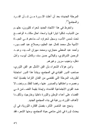 ‫ﺍﻟﻤﺭﺤﻠﺔ ﺍﻟﺠﺩﻴﺩﺓ، ﺒﻌﺩ ﺃﻥ ﺃﻋﻠﺕ ﺍﻟﺜـﻭﺭﺓ ﻤـﻥ ﺸـﺄﻥ ﺍﻟﻔـﺭﺩ‬
                                              ‫ﻭﺍﻟﻤﺠﺘﻤﻊ)٢(.‬
‫ﻭﺍﻨﺨﺭﻁ ﻓﻲ ﻫﺫﺍ ﺍﻻﺘﺠﺎﻩ ﺍﻟﺠﺩﻴﺩ ﺸﻌﺭﺍﺀ ﻜﺜﻴﺭﻭﻥ، ﺠﹼﻬـﻡ‬
   ‫‪‬ﻠ‬
‫ﻤﻥ ﺍﻟﺸﺒﺎﺏ، ﺸﻜﻠﻭﺍ ﺘﻴﺎ ‪‬ﺍ ﻗﻭ ‪‬ﺎ ﻭﺍﺴ ‪‬ﺎ، ﺍﺤﺘل ﻤﻜﺎﻨـﻪ ﺍﻟﻭﺍﻀـﺢ‬
                      ‫ﻌ‬      ‫ﺭ ﻴ‬
‫ﺘﺤﺕ ﺸﻤﺱ ﺍﻷﺩﺏ، ﻭﺴﺠل ﺸﻌﺭﺍﺅﻩ ﺃﺴـﻤﺎﺀﻫﻡ ﻓـﻲ ﺍﻟﺤﻴـﺎﺓ‬
‫ﺍﻷﺩﺒﻴﺔ ﻤﺜل ﻤﺤﻤﺩ ﻜﻤﺎل ﻋﺒﺩ ﺍﻟﺤﻠﻴﻡ، ﻭﺼﻼﺡ ﻋﺒﺩ ﺍﻟﺼـﺒﻭﺭ،‬
‫ﻭﺃﺤﻤﺩ ﻋﺒﺩ ﺍﻟﻤﻌﻁﻲ ﺤﺠﺎﺯﻱ، ﻭﻤﺤﻤﺩ ﻤﻬﺭﺍﻥ ﺍﻟﺴـﻴﺩ، ﻭﻋﺒـﺩ‬
‫ﺍﻟﺭﺤﻤﻥ ﺍﻟﺸﺭﻗﺎﻭﻱ، ﻭﻜﻴﻼﻨﻲ ﺤﺴﻥ ﺴﻨﺩ، ﻭﻜﺎﻤل ﺃﻴﻭﺏ، ﻭﺃﻤل‬
                             ‫ﺩﻨﻘل، ﻭﻨﺠﻴﺏ ﺴﺭﻭﺭ ﻭﻏﻴﺭﻫﻡ.‬
‫ﻭﺁﻤﻥ ﻫﺅﻻﺀ ﺍﻟﺸﻌﺭﺍﺀ ﺒﺄﻥ ﺍﻟﻔﻥ ﺍﻷﻤﺜل ﻫﻭ ﺍﻟﻔﻥ ﺍﻟﺜﻭﺭﻱ،‬
‫ﺼﺎﺤﺏ ﺍﻟﺩﻭﺭ ﺍﻟﻘﻴﺎﺩﻱ ﻓﻲ ﺍﻟﻤﺠﺘﻤﻊ، ﻭﻴﻨﺸﺄ ﻫﺫﺍ ﺍﻟﺩﻭﺭ ﺍﺴﺘﺠﺎﺒﺔ‬
‫ﻟﻅﺭﻭﻑ ﺍﻟﻤﺭﺤﻠﺔ ﺍﻟﺘﻲ ﺘﻘﺘﻀﻲ ﻤﻥ ﺍﻟﻔﻨﺎﻥ ﺍﻟﺘﺯﺍ ‪‬ﺎ ﺒﻘﻀﺎﻴﺎ ﺃﻤﺘﻪ‬
             ‫ﻤ‬
‫ﻭﻋﺼﺭﻩ، ﻭﺍﻋﺘﻨﺎﻗﻬﺎ ﻭﺍﻟﺼﺩﻭﺭ ﻋﻨﻬﺎ، ﺭﻓ ‪‬ﺎ ﻟﻠﻅﻠـﻡ ﻭﻨﻀـﺎﻻ‬
‫ﹰ‬              ‫ﻀ‬
‫ﻀﺩ ﺍﻟﻘﻭﻯ ﺍﻻﺠﺘﻤﺎﻋﻴﺔ ﺍﻟﻔﺎﺴﺩﺓ، ﻭﺇﻴﻤﺎ ﹰﺎ ﺒﻘﻴﻤﺔ ﺍﻟﺘﻀـﺎﻤﻥ ﻓـﻲ‬
                    ‫ﻨ‬
‫ﺍﻟﻘﻀﺎﺀ ﻋﻠﻰ ﺃﻋﺩﺍﺀ ﺍﻟﻭﻁﻥ ﻭﺍﻟﺜﻭﺭﺓ ﺩﺍﺨﻠ ‪‬ﺎ ﻭﺨﺎﺭﺠ ‪‬ﺎ، ﻭﺘﺄﻜﻴـ ‪‬ﺍ‬
 ‫ﺩ‬          ‫ﻴ‬        ‫ﻴ‬
            ‫ﻷﻫﺩﺍﻑ ﺍﻟﺜﻭﺭﺓ، ﻭﺭﻏﺒﺔ ﻓﻲ ﺒﻨﺎﺀ ﺍﻟﻤﺠﺘﻤﻊ ﺍﻟﺠﺩﻴﺩ.‬
‫ﻭﻨﺠﺢ ﻋﺒﺩ ﺍﻟﻨﺎﺼﺭ ﺍﻟﺜﺎﺌﺭ، ﺒﻔﻀل ﺃﻓﻜﺎﺭﻩ ﺍﻟﺜﻭﺭﻴﺔ، ﻓﻲ ﺃﻥ‬
‫ﻴﺤﺩﺙ ﺜﻭﺭﺓ ﻓﻲ ﺸﺘﻰ ﻤﻨﺎﺤﻲ ﺤﻴﺎﺓ ﺍﻟﻤﺠﺘﻤﻊ، ﻭﻤﻨﻬﺎ ﺍﻟﺸﻌﺭ، ﻓﻘﺩ‬


‫٦٥‬
 