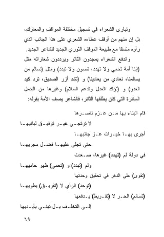 ‫ﻭﺘﺒﺎﺭﻯ ﺍﻟﺸﻌﺭﺍﺀ ﻓﻲ ﺘﺴﺠﻴل ﻤﺨﺘﻠﻔﺔ ﺍﻟﻤﻭﺍﻗﻑ ﻭﺍﻟﻤﻌﺎﺭﻙ،‬
 ‫ﺒل ﺇﻥ ﻤﻨﻬﻡ ﻤﻥ ﺃﻭﻗﻑ ﻋﻁﺎﺀﻩ ﺍﻟﺸﻌﺭﻱ ﻋﻠﻰ ﻫﺫﺍ ﺍﻟﺠﺎﻨﺏ ﺍﻟﺫﻱ‬
  ‫ﺭﺃﻭﻩ ﻤﺘﺴ ﹰﺎ ﻤﻊ ﻁﺒﻴﻌﺔ ﺍﻟﻤﻭﻗﻑ ﺍﻟﺜﻭﺭﻱ ﺍﻟﺠﺩﻴﺩ ﻟﻠﺸﺎﻋﺭ ﺍﻟﺠﺩﻴﺩ.‬
                                                ‫ﻘ‬
 ‫ﻭﺍﻨﺩﻓﻊ ﺍﻟﺸﻌﺭﺍﺀ ﻴﻤﺠﺩﻭﻥ ﺍﻟﺜﺎﺌﺭ ﻭﻴﺭﺩﺩﻭﻥ ﺸﻌﺎﺭﺍﺘﻪ ﻤﺜل‬
 ‫)ﺇﻨﻨﺎ ﺃﻤﺔ ﺘﺤﻤﻲ ﻭﻻ ﺘﻬﺩﺩ، ﺘﺼﻭﻥ ﻭﻻ ﺘﺒﺩﺩ( ﻭﻤﺜل )ﻨﺴﺎﻟﻡ ﻤﻥ‬
 ‫ﻴﺴﺎﻟﻤﻨﺎ، ﻨﻌﺎﺩﻱ ﻤﻥ ﻴﻌﺎﺩﻴﻨﺎ( ﻭ )ﺘﺸﺩ ﺃﺯﺭ ﺍﻟﺼﺩﻴﻕ، ﺘﺭﺩ ﻜﻴﺩ‬
 ‫ﺍﻟﻌﺩﻭ( ﻭ )ﺘﺅﻜﺩ ﺍﻟﻌﺩل ﻭﺘﺩﻋﻡ ﺍﻟﺴﻼﻡ( ﻭﻏﻴﺭﻫﺎ ﻤﻥ ﺍﻟﺠﻤل‬
   ‫ﺍﻟﺴﺎﺌﺭﺓ ﺍﻟﺘﻲ ﻜﺎﻥ ﻴﻁﻠﻘﻬﺎ ﺍﻟﺜﺎﺌﺭ، ﻓﺎﻟﺸﺎﻋﺭ ﻴﺼﻑ ﺍﻷﻤﺔ ﺒﻘﻭﻟﻪ:‬

                         ‫ﻗﺎﻡ ﺍﻟﺒﻨﺎﺀ ﺒﻬﺎ ﻤـﻥ ﻋـﺯﻡ ﻨﺎﺼـﺭﻫﺎ‬
‫ـﺎ‬
 ‫ـﻕ ﻟﺒﺎﻨﻴﻬـ‬
          ‫ـﻲ ـﺭ ﺘﻭﻓﻴـ‬
                 ‫ﻻ ﺘﺭﺘﺠـ ﻏﻴـ‬
                         ‫ﺃﺠﺭﻯ ﺒﻬـﺎ ﺨﻴـﺭﺍﺕ ﻋـﺯ ﺠﺎﻨﺒﻬـﺎ‬
                                 ‫‪‬‬
‫ﺤﺘﻰ ﺘﺠﻠﻰ ﻋﻠﻴﻬـﺎ ﻓﻀـل ﻤﺠﺭﻴﻬـﺎ‬
                         ‫ﻓﻲ ﺩﻭﻟﺔ ﻟﻡ )ﺘﻬﺩﺩ( ﻏﻴﺭﻫﺎ، ﺼـﻌﺩﺕ‬
‫ﻭﻟﻡ )ﺘﺒﺩﺩ( ﻭ )ﺘﺤﻤﻲ( ﻅﻬﺭ ﺤﺎﻤﻴﻬـﺎ‬
                         ‫)ﺘﻘﻭﻯ( ﻋﻠﻰ ﺍﻟﺩﻫﺭ ﻓﻲ ﺘﺤﻘﻴﻕ ﻭﺤﺩﺘﻬﺎ‬
‫)ﺘﻭﺤﺩ( ﺍﻟﺭﺃﻱ ﻻ )ﺘﻔﺭﻴـﻕ( ﻴﻁﻭﻴﻬـﺎ‬
                         ‫)ﺘﺴﺎﻟﻡ( ﺍﻟﺤـﺭ ﻻ )ﺘﻔـﺭﻴﻁ( ﻴـﺩﻓﻌﻬﺎ‬
‫ﺇﻟـﻰ ﺍﻟﺘﺨﻠـﻑ ﺒـل ﺘﺒﻨـﻲ ﺒﺄﻴـﺩﻴﻬﺎ‬
    ‫ـ‬     ‫ـ‬     ‫ـ ـ‬         ‫ـ‬

 ‫٩٦‬
 