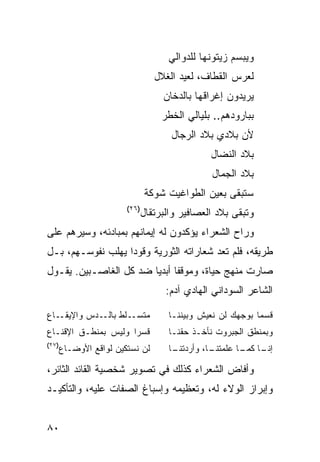 ‫ﻭﻴﺒﺴﻡ ﺯﻴﺘﻭﻨﻬﺎ ﻟﻠﺩﻭﺍﻟﻲ‬
                              ‫ﻟﻌﺭﺱ ﺍﻟﻘﻁﺎﻑ، ﻟﻌﻴﺩ ﺍﻟﻐﻼل‬
                                ‫ﻴﺭﻴﺩﻭﻥ ﺇﻏﺭﺍﻗﻬﺎ ﺒﺎﻟﺩﺨﺎﻥ‬
                                ‫ﺒﺒﺎﺭﻭﺩﻫﻡ.. ﺒﻠﻴﺎﻟﻲ ﺍﻟﺨﻁﺭ‬
                                  ‫ﻷﻥ ﺒﻼﺩﻱ ﺒﻼﺩ ﺍﻟﺭﺠﺎل‬
                                            ‫ﺒﻼﺩ ﺍﻟﻨﻀﺎل‬
                                             ‫ﺒﻼﺩ ﺍﻟﺠﻤﺎل‬
                           ‫ﺴﺘﺒﻘﻰ ﺒﻌﻴﻥ ﺍﻟﻁﻭﺍﻏﻴﺕ ﺸﻭﻜﺔ‬
                    ‫)٦٢(‬
                           ‫ﻭﺘﺒﻘﻰ ﺒﻼﺩ ﺍﻟﻌﺼﺎﻓﻴﺭ ﻭﺍﻟﺒﺭﺘﻘﺎل‬
‫ﻭﺭﺍﺡ ﺍﻟﺸﻌﺭﺍﺀ ﻴﺅﻜﺩﻭﻥ ﻟﻪ ﺇﻴﻤﺎﻨﻬﻡ ﺒﻤﺒﺎﺩﺌﻪ، ﻭﺴﻴﺭﻫﻡ ﻋﻠﻰ‬
‫ﻁﺭﻴﻘﻪ، ﻓﻠﻡ ﺘﻌﺩ ﺸﻌﺎﺭﺍﺘﻪ ﺍﻟﺜﻭﺭﻴﺔ ﻭﻗﻭ ‪‬ﺍ ﻴﻬﻠﺏ ﻨﻔﻭﺴـﻬﻡ، ﺒـل‬
                   ‫ﺩ‬
‫ﺼﺎﺭﺕ ﻤﻨﻬﺞ ﺤﻴﺎﺓ، ﻭﻤﻭﻗ ﹰﺎ ﺃﺒﺩ ‪‬ﺎ ﻀﺩ ﻜل ﺍﻟﻐﺎﺼـﺒﻴﻥ. ﻴﻘـﻭل‬
                        ‫ﻔ ﻴ‬
                                 ‫ﺍﻟﺸﺎﻋﺭ ﺍﻟﺴﻭﺩﺍﻨﻲ ﺍﻟﻬﺎﺩﻱ ﺁﺩﻡ:‬

‫ـﻠﻁ ـﺩﺱ ﻭﺍﻹﻴﻘــﺎﻉ‬
             ‫ﻤﺘﺴـ ﺒﺎﻟـ‬            ‫ﻗﺴ ‪‬ﺎ ﺒﻭﺠﻬﻙ ﻟﻥ ﻨﻌﻴﺵ ﻭﺒﻴﻨﻨـﺎ‬
                                                         ‫ﻤ‬
‫ﻗﺴ ‪‬ﺍ ﻭﻟﻴﺱ ﺒﻤﻨﻁـﻕ ﺍﻹﻗﻨـﺎﻉ‬
                     ‫ﺭ‬            ‫ﻭﺒﻤﻨﻁﻕ ﺍﻟﺠﺒﺭﻭﺕ ﻨﺄﺨـﺫ ﺤﻘﻨـﺎ‬
‫)٧٢(‬
   ‫ﻟﻥ ﻨﺴﺘﻜﻴﻥ ﻟﻭﺍﻗﻊ ﺍﻷﻭﻀـﺎﻉ‬        ‫ـﺎ‬
                                   ‫ـﺎ، ﻭﺃﺭﺩﺘﻨـ‬
                                             ‫ـﺎ ـﺎ ﻋﻠﻤﺘﻨـ‬
                                                     ‫ﺇﻨـ ﻜﻤـ‬

‫ﻭﺃﻓﺎﺽ ﺍﻟﺸﻌﺭﺍﺀ ﻜﺫﻟﻙ ﻓﻲ ﺘﺼﻭﻴﺭ ﺸﺨﺼﻴﺔ ﺍﻟﻘﺎﺌﺩ ﺍﻟﺜﺎﺌﺭ،‬
‫ﻭﺇﺒﺭﺍﺯ ﺍﻟﻭﻻﺀ ﻟﻪ، ﻭﺘﻌﻅﻴﻤﻪ ﻭﺇﺴﺒﺎﻍ ﺍﻟﺼﻔﺎﺕ ﻋﻠﻴﻪ، ﻭﺍﻟﺘﺄﻜﻴـﺩ‬


‫٠٨‬
 