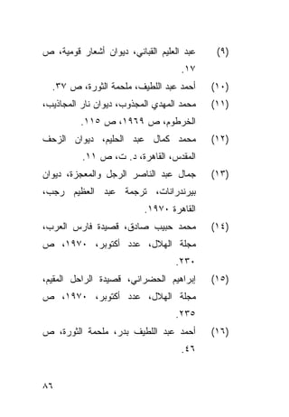 ‫ﻋﺒﺩ ﺍﻟﻌﻠﻴﻡ ﺍﻟﻘﺒﺎﻨﻲ، ﺩﻴﻭﺍﻥ ﺃﺸﻌﺎﺭ ﻗﻭﻤﻴﺔ، ﺹ‬    ‫)٩(‬
                                    ‫٧١.‬
  ‫ﺃﺤﻤﺩ ﻋﺒﺩ ﺍﻟﻠﻁﻴﻑ، ﻤﻠﺤﻤﺔ ﺍﻟﺜﻭﺭﺓ، ﺹ ٧٣.‬     ‫)٠١(‬
‫ﻤﺤﻤﺩ ﺍﻟﻤﻬﺩﻱ ﺍﻟﻤﺠﺫﻭﺏ، ﺩﻴﻭﺍﻥ ﻨﺎﺭ ﺍﻟﻤﺠﺎﺫﻴﺏ،‬   ‫)١١(‬
         ‫ﺍﻟﺨﺭﻁﻭﻡ، ﺹ ٩٦٩١، ﺹ ٥١١.‬
‫ﻤﺤﻤﺩ ﻜﻤﺎل ﻋﺒﺩ ﺍﻟﺤﻠﻴﻡ، ﺩﻴﻭﺍﻥ ﺍﻟﺯﺤﻑ‬          ‫)٢١(‬
          ‫ﺍﻟﻤﻘﺩﺱ، ﺍﻟﻘﺎﻫﺭﺓ، ﺩ. ﺕ، ﺹ ١١.‬
‫ﺠﻤﺎل ﻋﺒﺩ ﺍﻟﻨﺎﺼﺭ ﺍﻟﺭﺠل ﻭﺍﻟﻤﻌﺠﺯﺓ، ﺩﻴﻭﺍﻥ‬      ‫)٣١(‬
‫ﺒﻴﺭﻨﺩﺭﺍﻨﺎﺕ، ﺘﺭﺠﻤﺔ ﻋﺒﺩ ﺍﻟﻌﻅﻴﻡ ﺭﺠﺏ،‬
                          ‫ﺍﻟﻘﺎﻫﺭﺓ ٠٧٩١.‬
‫ﻤﺤﻤﺩ ﺤﺒﻴﺏ ﺼﺎﺩﻕ، ﻗﺼﻴﺩﺓ ﻓﺎﺭﺱ ﺍﻟﻌﺭﺏ،‬          ‫)٤١(‬
‫ﻤﺠﻠﺔ ﺍﻟﻬﻼل، ﻋﺩﺩ ﺃﻜﺘﻭﺒﺭ، ٠٧٩١، ﺹ‬
                                  ‫٠٣٢.‬
‫ﺇﺒﺭﺍﻫﻴﻡ ﺍﻟﺤﻀﺭﺍﻨﻲ، ﻗﺼﻴﺩﺓ ﺍﻟﺭﺍﺤل ﺍﻟﻤﻘﻴﻡ،‬     ‫)٥١(‬
‫ﻤﺠﻠﺔ ﺍﻟﻬﻼل، ﻋﺩﺩ ﺃﻜﺘﻭﺒﺭ، ٠٧٩١، ﺹ‬
                                  ‫٥٣٢.‬
‫ﺃﺤﻤﺩ ﻋﺒﺩ ﺍﻟﻠﻁﻴﻑ ﺒﺩﺭ، ﻤﻠﺤﻤﺔ ﺍﻟﺜﻭﺭﺓ، ﺹ‬       ‫)٦١(‬
                                    ‫٦٤.‬


‫٦٨‬
 