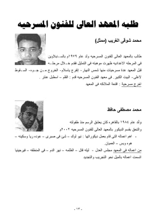 ‫‪    ‬‬
                                                        ‫ﻣﺤﻤﺪ ﺷﻮﻗﻰ اﻟﻐﺮﻳﺐ )ﻣﻤﺜﻞ(‬

                      ‫ﻁﺎﻟﺏ ﺒﺎﻟﻤﻌﻬﺩ ﺍﻟﻌﺎﻟﻰ ﻟﻠﻔﻨﻭﻥ ﺍﻟﻤﺴﺭﺤﻴﻪ ﻭﻟﺩ ﻋﺎﻡ ٩٧٩١ﻡ ﺒﺎﻟﺴـﻨﺒﻼﻭﻴﻥ‬
                      ‫ﻓﻰ ﺍﻟﻤﺭﺤﻠﻪ ﺍﻻﻋﺩﺍﺩﻴﻪ ﻅﻬﺭﺕ ﻤﻭﻫﺒﺘﻪ ﻓﻰ ﺍﻟﺘﻤﺜﻴل ﻓﻘﺩﻡ ﺨـﻼل ﻤﺭﺤﻠـﻪ‬
‫ﻗﺒل ﺍﻟﻤﻌﻬﺩ ﻋﺩﺓ ﻤﺴﺭﺤﻴﺎﺕ ﻤﻨﻬﺎ ﺸﻤﺱ ﺍﻟﻨﻬﺎﺭ- ﺇﺘﻔﺭﺝ ﻴﺎﺴﻼﻡ- ﺍﻟﺨﺭﻭﺝ ﻤـﻥ ﺠـﻭﻩ- ﺍﻟﺴـﻘﻭﻁ‬
                ‫ﻻﻋﻠﻰ- ﺍﻟﺒﻴﺕ ﺍﻟﻜﺒﻴﺭ. ﻓﻰ ﻤﻌﻬﺩ ﺍﻟﻔﻨﻭﻥ ﺍﻟﻤﺴﺭﺤﻴﻪ ﻗﺩﻡ : ﺍﻟﻘﻠﻡ – ﺍﺴﻁﺒل ﻋﻨﺘﺭ .‬
                                                 ‫ﺍﺨﺭﺝ ﻤﺴﺭﺤﻴﺔ : ﺍﻗﻨﻌﺔ ﺍﻟﻤﻼﺌﻜﻪ ﻓﻰ ﺍﻟﻤﻌﻬﺩ‬




                                                                ‫ﻣﺤﻤﺪ ﻣﺼﻄﻔﻰ ﺡﺎﻓﻆ‬

                                    ‫ﻭﻟﺩ ﻋﺎﻡ ٤٨٩١ ﺒﺎﻟﻘﺎﻫﺭﻩ ﻜﺎﻥ ﻴﻌﺸﻕ ﺍﻟﺭﺴﻡ ﻤﻨﺫ ﻁﻔﻭﻟﺘﻪ‬
                              ‫ﻭﺍﻟﺘﺤﻕ ﺒﻘﺴﻡ ﺍﻟﺩﻴﻜﻭﺭ ﺒﺎﻟﻤﻌﻬﺩ ﺍﻟﻌﺎﻟﻰ ﻟﻠﻔﻨﻭﻥ ﺍﻟﻤﺴﺭﺤﻴﻪ ٢٠٠٢ﻡ‬
‫- ﺍﻫﻡ ﺍﻋﻤﺎﻟﻪ ﺍﻟﺘﻰ ﻗﺎﻡ ﺒﻌﻤل ﺩﻴﻜﻭﺭﺍﺘﻬﺎ : ﻨﻴﻭ ﻟﻭﻙ – ﺸﺊ ﻓﻰ ﺼﺒﺭﻯ – ﻋﻭﺩﻩ ﺭﻴﺎ ﻭﺴﻜﻴﻨﻪ –‬
                                                              ‫ﻫﻭﻩ ﻭﺒﺱ – ﺍﻟﻌﻤﻴﺎﻥ.‬
‫ﻤﻥ ﺍﻋﻤﺎﻟﻪ ﻓﻰ ﺍﻟﻤﻌﻬﺩ ﻤﺠﻠﺱ ﺍﻟﻌﺩل - ﻟﻴﻠﻪ ﻗﺘل – ﺍﻟﻅﻠﻤﻪ – ﻨﻬﺭ ﺍﻟﺩﻡ – ﻓﻰ ﺍﻟﻤﻨﻁﻘﻪ – ﻓﻴﺭﺠﻴﻨﻴﺎ‬
                                                ‫ﺍﺘﺴﻤﺕ ﺍﻋﻤﺎﻟﻪ ﺒﺎﻟﻤﻴل ﻨﺤﻭ ﺍﻟﺘﺠﺭﻴﺏ ﻭﺍﻟﺘﺠﺩﻴﺩ‬




                                       ‫- ٣١ -‬
 