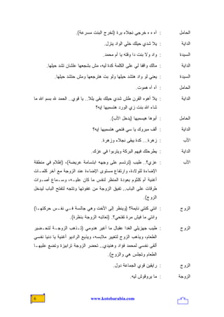 ‫: ﺁﻩ ﻩ ﻩ ﺨﺭﺠﻲ ﻨﺠﻼﺀ ﺒﺭﺓ )ﺘﺨﺭﺝ ﺍﻟﺒﻨﺕ ﻤﺴﺭﻋﺔ(.‬        ‫ﺍﻟﺤﺎﻤل‬

                                     ‫: ﻴﻼ ﺸﺩﻱ ﺤﻴﻠﻙ ﺨﻠﻲ ﺍﻟﻭﺍﺩ ﻴﻨﺯل.‬       ‫ﺍﻟﺩﺍﻴﺔ‬

                                     ‫: ﻭﺍﺩ ﻭﻻ ﺒﻨﺕ ﺩﺍ ﻭﻗﺘﻪ ﻴﺎ ﺃﻡ ﻤﺤﻤﺩ.‬   ‫ﺍﻟﺴﻴﺩﺓ‬

      ‫: ﻤﺎﻟﻙ ﻭﺍﻗﻔﺎ ﻟﻲ ﻋﻠﻰ ﺍﻟﻜﻠﻤﺔ ﻜﺩﺓ ﻟﻴﻪ، ﻤﺵ ﺒﺸﺠﻌﻬﺎ ﻋﻠﺸﺎﻥ ﺘﺸﺩ ﺤﻴﻠﻬﺎ.‬     ‫ﺍﻟﺩﺍﻴﺔ‬

           ‫: ﻴﻌﻨﻲ ﻟﻭ ﻭﺍﺩ ﻫﺘﺸﺩ ﺤﻴﻠﻬﺎ ﻭﻟﻭ ﺒﺕ ﻫﺘﺭﺠﻌﻬﺎ ﻭﻤﺵ ﺤﺘﺸﺩ ﺤﻴﻠﻬﺎ.‬      ‫ﺍﻟﺴﻴﺩﺓ‬

                                                      ‫: ﺁﻩ ﺁﻩ ﻫﻤﻭﺕ.‬     ‫ﺍﻟﺤﺎﻤل‬

‫: ﻴﻼ ﺃﻫﻭﻩ ﺍﻟﻘﺭﻥ ﻁﺵ ﺸﺩﻱ ﺤﻴﻠﻙ ﺒﻘﻰ ﻴﻠﻼ.. ﻴﺎ ﻗﻭﻱ.. ﺍﻟﺤﻤﺩ ﷲ ﺒﺴﻡ ﺍﷲ ﻤﺎ‬         ‫ﺍﻟﺩﺍﻴﺔ‬
                                 ‫ﺸﺎﺀ ﺍﷲ ﺒﻨﺕ ﺯﻱ ﺍﻟﻭﺭﺩ ﻫﺘﺴﻤﻴﻬﺎ ﺇﻴﻪ؟‬

                                        ‫: ﺃﺒﻭﻫﺎ ﻫﻴﺴﻤﻴﻬﺎ )ﻴﺩﺨل ﺍﻷﺏ(.‬     ‫ﺍﻟﺤﺎﻤل‬

                               ‫: ﺃﻟﻑ ﻤﺒﺭﻭﻙ ﻴﺎ ﺴﻲ ﻓﺘﺤﻲ ﻫﺘﺴﻤﻴﻬﺎ ﺇﻴﻪ؟‬       ‫ﺍﻟﺩﺍﻴﺔ‬

                                    ‫: ﺯﻫﺭﺓ... ﻜﺩﺓ ﻴﺒﻘﻰ ﻨﺠﻼﺀ ﻭﺯﻫﺭﺓ.‬        ‫ﺍﻷﺏ‬

                              ‫: ﻴﻁﺭﺤﻠﻙ ﻓﻴﻬﻡ ﺍﻟﺒﺭﻜﺔ ﻭﻴﺘﺭﺒﻭﺍ ﻓﻲ ﻋﺯﻙ.‬       ‫ﺍﻟﺩﺍﻴﺔ‬

‫: ﻋﺯﻱ؟.. ﻁﻴﺏ )ﺘﺭﺘﺴﻡ ﻋﻠﻰ ﻭﺠﻬﻪ ﺍﺒﺘﺴﺎﻤﺔ ﻋﺭﻴﻀﺔ(، )ﺇﻅﻼﻡ ﻓﻲ ﻤﻨﻁﻘﺔ‬               ‫ﺍﻷﺏ‬
‫ﺍﻹﻀﺎﺀﺓ ﻟﻠﻭﻻﺩﺓ، ﻭﺍﺭﺘﻔﺎﻉ ﻤﺴﺘﻭﻯ ﺍﻹﻀﺎﺀﺓ ﻋﻨﺩ ﺍﻟﺯﻭﺠﺔ ﻤﻊ ﺁﺨﺭ ﻜﻠﻤـﺎﺕ‬
‫ﺃﻏﻨﻴﺔ ﺃﻡ ﻜﻠﺜﻭﻡ ﺒﻌﻭﺩﺓ ﺍﻟﻤﻨﻅﺭ ﻟﻨﻔﺱ ﻤﺎ ﻜﺎﻥ ﻋﻠﻴـﻪ، ﻭﺴـﻤﺎﻉ ﺃﺼـﻭﺍﺕ‬
‫ﻁﺭﻗﺎﺕ ﻋﻠﻰ ﺍﻟﺒﺎﺏ.. ﺘﻔﻴﻕ ﺍﻟﺯﻭﺠﺔ ﻤﻥ ﻏﻔﻭﺘﻬﺎ ﻭﺘﺘﺠﻪ ﻟﺘﻔﺘﺢ ﺍﻟﺒﺎﺏ ﻟﻴﺩﺨل‬
                                                           ‫ﺍﻟﺯﻭﺝ(.‬

‫: ﺍﻨﺘﻲ ﻜﻨﺘﻲ ﻨﺎﻴﻤﺔ؟ )ﻭﻴﻨﻅﺭ ﺇﻟﻰ ﺍﻷﺨﺕ ﻭﻫﻲ ﺠﺎﻟﺴﺔ ﻓـﻲ ﻨﻔـﺱ ﺤﺭﻜﺘﻬـﺎ(‬          ‫ﺍﻟﺯﻭﺝ‬
                   ‫ﻭﺍﻨﺘﻲ ﻤﺎ ﻓﻴﺵ ﻤﺭﺓ ﺘﻔﺘﺤﻲ؟. )ﺘﻌﺎﺘﺒﻪ ﺍﻟﺯﻭﺠﺔ ﺒﻨﻅﺭﺓ(.‬

‫: ﻁﻴﺏ ﺠﻬﺯﻴﻠﻲ ﺍﻟﻐﺩﺍ ﻋﻘﺒﺎل ﻤﺎ ﺃﻏﻴﺭ ﻫﺩﻭﻤﻲ )ﺘـﺫﻫﺏ ﺍﻟﺯﻭﺠـﺔ ﻟﺘﺤـﻀﻴﺭ‬           ‫ﺍﻟﺯﻭﺝ‬
‫ﺍﻟﻁﻌﺎﻡ، ﻭﻴﺫﻫﺏ ﺍﻟﺯﻭﺝ ﻟﺘﻐﻴﻴﺭ ﻤﻼﺒﺴﻪ، ﻭﻴﺫﻴﻊ ﺍﻟﺭﺍﺩﻴﻭ ﺃﻏﻨﻴﺔ ﻴﺎ ﺩﻨﻴﺎ ﻨﻔﺴﻲ‬
‫ﺃﻟﻘﻰ ﻨﻔﺴﻲ ﻟﻤﺤﻤﺩ ﻓﺅﺍﺩ ﻭﻫﻨﻴﺩﻱ.. ﺘﺤﻀﺭ ﺍﻟﺯﻭﺠﺔ ﺘﺭﺍﺒﻴﺯﺓ ﻭﺘﻀﻊ ﻋﻠﻴﻬـﺎ‬
                                       ‫ﺍﻟﻁﻌﺎﻡ ﻭﺘﺠﻠﺱ ﻫﻲ ﻭﺍﻟﺯﻭﺝ(.‬

                                          ‫: ﺭﺍﻴﻘﻴﻥ ﻗﻭﻱ ﺍﻟﺠﻤﺎﻋﺔ ﺩﻭل.‬     ‫ﺍﻟﺯﻭﺝ‬

                                                   ‫: ﻤﺎ ﻴﺭﻭﻗﻭﺵ ﻟﻴﻪ.‬     ‫ﺍﻟﺯﻭﺠﺔ‬



‫6‬                             ‫‪www.kotobarabia.com‬‬
 