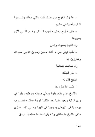 ‫- ﻋﺎﻭﺯﻙ ﺘﺨﺭﺝ ﻤﻥ ﻋﻨﺩﻙ ﺃﻨﺕ ﻭﺍﻟﻠﻲ ﻤﻌﺎﻙ ﻭﺘﺴـﻴﺒﻭﺍ‬
                                 ‫ﺍﻟﺩﺍﺭ ﻭﺃﻫﻠﻬﺎ ﻓﻲ ﺤﺎﻟﻬﻡ‬
‫- ﻤﺵ ﺨﺎﺭﺝ ﻭﻤﺵ ﻫﺎﺴﻴﺏ ﺍﻟـﺩﺍﺭ ﻭﻫـﻡ ﺍﻟﻠـﻲ ﻻﺯﻡ‬
                                              ‫ﻴﺴﻴﺒﻭﻫﺎ‬
                            ‫ﺭﺩ ﺍﻟﺸﻴﺦ ﺒﺼﻭﺕ ﻭﺍﻁﻲ‬
‫- ﻁﺏ ﻗﻭﻟﻲ ﺒﺱ ، ﺃﻨﺕ ﻤـﻴﻥ ﻭﻤـﻴﻥ ﺍﻟﻠـﻲ ﻤﻌـﺎﻙ‬
                                         ‫ﻭﻋﺎﻭﺯﻴﻥ ﺍﻴﻪ‬
                                 ‫ﺭﺩ ﺼﺎﺤﺒﻨﺎ ﺒﺒﺠﺎﺤﺔ‬
                                      ‫- ﻤﺵ ﻗﺎﻴﻠﻠﻙ‬
                                      ‫ﺍﻟﺸﻴﺦ ﻗﺎل ﻟﻪ‬
                                ‫- ﻁﻴﺏ ﺃﻨﺎ ﻫﺎﻭﺭﻴﻙ‬
‫ﻭﺍﻟﺸﻴﺦ ﻋﺯﻡ ﻭﻗﻌﺩ ﻴﻘﺭﺍ ﻭﻴﻌﻠﻲ ﺼﻭﺘﻪ ﻭﻴﻭﻁﻴﻪ ﻭﻴﻘﺭﺍ ﻓﻲ‬
‫ﻭﺩﻥ ﺍﻟﻭﻟﻴﺔ ﻭﺒﻌﻴﺩ ﻋﻨﻬﺎ ﻟﺤﺩ ﻤﺎﻟﻘﻴﻨﺎ ﺍﻟﻭﻟﻴﺔ ﻋﻤﺎﻟـﻪ ﺘﻀـﺭﺏ‬
‫ﺒﺭﺠﻠﻴﻬﺎ ﻓﻲ ﺍﻷﺭﺽ ﻭﺒﺄﻴﺩﻴﻬﺎ ﻓﻲ ﺍﻟﻬﻭﺍ ﻭﻫـﻲ ﻨﺎﻴﻤـﻪ ﺯﻱ‬
   ‫ﻤﺎﻫﻲ ﺍﻟﺸﻴﺦ ﻤﺎ ﺴﻜﺘﺵ ﻭﺘﻨﻪ ﻴﻘﺭﺍ ﻟﺤﺩ ﻤﺎ ﺼﺎﺤﺒﻨﺎ ﺯﻋﻕ‬


                                                  ‫٥٠١‬
 