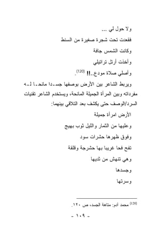 ‫ﻭﻻ ﺤﻭل ﻟﻲ …‬
                   ‫ﻓﻘﻌﺩﺕ ﺘﺤﺕ ﺸﺠﺭﺓ ﺼﻐﻴﺭﺓ ﻤﻥ ﺍﻟﺴﻨﻁ‬
                                   ‫ﻭﻜﺎﻨﺕ ﺍﻟﺸﻤﺱ ﺠﺎﻓﺔ‬
                                   ‫ﻭﺃﺨﺫﺕ ﺃﺭﺘل ﺘﺭﺍﺘﻴﻠﻲ‬
                         ‫ﻭﺃﺼﻠﻲ ﺼﻼﺓ ﻤﻭﺩﻉ..!! )021(.‬
‫ﻭﻴﺭﺒﻁ ﺍﻟﺸﺎﻋﺭ ﺒﻴﻥ ﺍﻷﺭﺽ ﺒﻭﺼﻔﻬﺎ ﺠﺴـ ‪‬ﺍ ﻤﺎﻨ ‪‬ـﺎ ﻟـﻪ‬
      ‫ﺩ ﺤ‬
‫ﻤﻔﺭﺩﺍﺘﻪ ﻭﺒﻴﻥ ﺍﻟﻤﺭﺃﺓ ﺍﻟﺠﻤﻴﻠﺔ ﺍﻟﻤﺎﻨﺤﺔ، ﻭﻴﺴﺘﺨﺩﻡ ﺍﻟﺸﺎﻋﺭ ﺘﻘﻨﻴﺎﺕ‬
             ‫ﺍﻟﺴﺭﺩ/ﺍﻟﻭﺼﻑ ﺤﺘﻰ ﻴﻜﺸﻑ ﺒﻌﺩ ﺍﻟﺘﻼﻗﻲ ﺒﻴﻨﻬﻤﺎ:‬
                                   ‫ﺍﻷﺭﺽ ﺍﻤﺭﺃﺓ ﺠﻤﻴﻠﺔ‬
                    ‫ﻭﻋﻠﻴﻬﺎ ﻤﻥ ﺍﻟﺜﻤﺎﺭ ﻭﺍﻟﻠﻴل ﺜﻭﺏ ﺒﻬﻴﺞ‬
                            ‫ﻭﻓﻭﻕ ﻅﻬﺭﻫﺎ ﺤﺸﺭﺍﺕ ﺴﻭﺩ‬
                      ‫ﺘﻔﺢ ﻓﺤﺎ ﻏﺭﻴ ‪‬ﺎ ﺒﻬﺎ ﺤﺸﺭﺠﺔ ﻭﻗﻠﻘﺔ‬
                                       ‫ﺒ‬
                                  ‫ﻭﻫﻲ ﺘﻨﻬﺵ ﻤﻥ ﺜﺩﻴﻬﺎ‬
                                               ‫ﻭﺠﺴﺩﻫﺎ‬
                                               ‫ﻭﺴﺭﺘﻬﺎ‬


                                                        ‫)021(‬
                        ‫ﻤﺤﻤﺩ ﺁﺩﻡ: ﻤﺘﺎﻫﺔ ﺍﻟﺠﺴﺩ، ﺹ ٠٢١.‬

                        ‫- ٩٠١ -‬
 