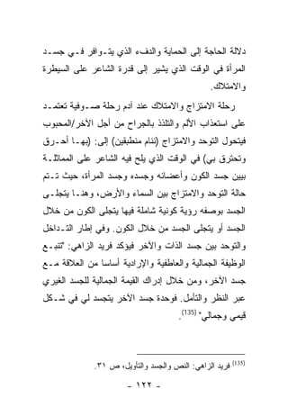 ‫ﺩﻻﻟﺔ ﺍﻟﺤﺎﺠﺔ ﺇﻟﻰ ﺍﻟﺤﻤﺎﻴﺔ ﻭﺍﻟﺩﻑﺀ ﺍﻟﺫﻱ ﻴﺘـﻭﺍﻓﺭ ﻓـﻲ ﺠﺴـﺩ‬
‫ﺍﻟﻤﺭﺃﺓ ﻓﻲ ﺍﻟﻭﻗﺕ ﺍﻟﺫﻱ ﻴﺸﻴﺭ ﺇﻟﻰ ﻗﺩﺭﺓ ﺍﻟﺸﺎﻋﺭ ﻋﻠﻰ ﺍﻟﺴﻴﻁﺭﺓ‬
                                                ‫ﻭﺍﻻﻤﺘﻼﻙ.‬
‫ﺭﺤﻠﺔ ﺍﻻﻤﺘﺯﺍﺝ ﻭﺍﻻﻤﺘﻼﻙ ﻋﻨﺩ ﺁﺩﻡ ﺭﺤﻠﺔ ﺼـﻭﻓﻴﺔ ﺘﻌﺘﻤـﺩ‬
‫ﻋﻠﻰ ﺍﺴﺘﻌﺫﺍﺏ ﺍﻷﻟﻡ ﻭﺍﻟﺘﻠﺫﺫ ﺒﺎﻟﺠﺭﺍﺡ ﻤﻥ ﺃﺠل ﺍﻵﺨﺭ/ﺍﻟﻤﺤﺒﻭﺏ‬
‫ﻓﻴﺘﺤﻭل ﺍﻟﺘﻭﺤﺩ ﻭﺍﻻﻤﺘﺯﺍﺝ )ﻨﻨﺎﻡ ﻤﻨﻁﺒﻘﻴﻥ( ﺇﻟﻰ: )ﺒﻬـﺎ ﺃﺤـﺭﻕ‬
‫ﻭﺘﺤﺘﺭﻕ ﺒﻲ( ﻓﻲ ﺍﻟﻭﻗﺕ ﺍﻟﺫﻱ ﻴﻠﺢ ﻓﻴﻪ ﺍﻟﺸﺎﻋﺭ ﻋﻠﻰ ﺍﻟﻤﻤﺎﺜﻠـﺔ‬
‫ﺒﻴﻴﻥ ﺠﺴﺩ ﺍﻟﻜﻭﻥ ﻭﺃﻋﻀﺎﺌﻪ ﻭﺠﺴﺩﻩ ﻭﺠﺴﺩ ﺍﻟﻤﺭﺃﺓ، ﺤﻴﺙ ﺘـﺘﻡ‬
‫ﺤﺎﻟﺔ ﺍﻟﺘﻭﺤﺩ ﻭﺍﻻﻤﺘﺯﺍﺝ ﺒﻴﻥ ﺍﻟﺴﻤﺎﺀ ﻭﺍﻷﺭﺽ، ﻭﻫﻨـﺎ ﻴﺘﺠﻠـﻰ‬
‫ﺍﻟﺠﺴﺩ ﺒﻭﺼﻔﻪ ﺭﺅﻴﺔ ﻜﻭﻨﻴﺔ ﺸﺎﻤﻠﺔ ﻓﻴﻬﺎ ﻴﺘﺠﻠﻰ ﺍﻟﻜﻭﻥ ﻤﻥ ﺨﻼل‬
‫ﺍﻟﺠﺴﺩ ﺃﻭ ﻴﺘﺠﻠﻰ ﺍﻟﺠﺴﺩ ﻤﻥ ﺨﻼل ﺍﻟﻜﻭﻥ. ﻭﻓﻲ ﺇﻁﺎﺭ ﺍﻟﺘـﺩﺍﺨل‬
‫ﻭﺍﻟﺘﻭﺤﺩ ﺒﻴﻥ ﺠﺴﺩ ﺍﻟﺫﺍﺕ ﻭﺍﻵﺨﺭ ﻓﻴﺅﻜﺩ ﻓﺭﻴﺩ ﺍﻟﺯﺍﻫﻲ: "ﺘﻨﺒـﻊ‬
‫ﺍﻟﻭﻅﻴﻔﺔ ﺍﻟﺠﻤﺎﻟﻴﺔ ﻭﺍﻟﻌﺎﻁﻔﻴﺔ ﻭﺍﻹﺭﺍﺩﻴﺔ ﺃﺴﺎ ‪‬ﺎ ﻤﻥ ﺍﻟﻌﻼﻗﺔ ﻤـﻊ‬
               ‫ﺴ‬
‫ﺠﺴﺩ ﺍﻵﺨﺭ، ﻭﻤﻥ ﺨﻼل ﺇﺩﺭﺍﻙ ﺍﻟﻘﻴﻤﺔ ﺍﻟﺠﻤﺎﻟﻴﺔ ﻟﻠﺠﺴﺩ ﺍﻟﻐﻴﺭﻱ‬
‫ﻋﺒﺭ ﺍﻟﻨﻅﺭ ﻭﺍﻟﺘﺄﻤل. ﻓﻭﺤﺩﺓ ﺠﺴﺩ ﺍﻵﺨﺭ ﻴﺘﺠﺴﺩ ﻟﻲ ﻓﻲ ﺸـﻜل‬
                                      ‫ﻗﻴﻤﻲ ﻭﺠﻤﺎﻟﻲ" )531(.‬



                                                         ‫)531(‬
              ‫ﻓﺭﻴﺩ ﺍﻟﺯﺍﻫﻲ: ﺍﻟﻨﺹ ﻭﺍﻟﺠﺴﺩ ﻭﺍﻟﺘﺄﻭﻴل، ﺹ ١٣.‬

                       ‫- ٢٢١ -‬
 