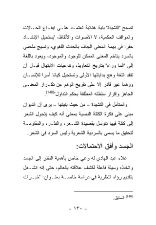 ‫ﺘﺼﺒﺢ "ﺍﻟﻨﺸﻴﺩﺓ" ﺒﻨﻴﺔ ﻏﻨﺎﺌﻴﺔ ﺘﻌﺘﻤـﺩ ﻋﻠـﻰ ﺇﻴﻘـﺎﻉ ﺍﻟﺤـﺎﻻﺕ‬
‫ﻭﺍﻟﻤﻭﺍﻗﻑ ﺍﻟﺤﻜﻤﻴﺔ، ﻻ ﺍﻷﺼﻭﺍﺕ ﻭﺍﻷﻟﻔﺎﻅ، "ﻴﺴﺘﺤﻴل ﺍﻹﻨﺸـﺎﺩ‬
‫ﺤﻔ ‪‬ﺍ ﻓﻲ ﺒﻬﻤﺔ ﺍﻟﻤﻌﻨﻰ ﺍﻟﺠﺎﻑ ﺒﺎﻟﺤﺩﺙ ﺍﻟﻠﻐﻭﻱ، ﻭﻨﺴﻴﺞ ﻤﻠﺤﻤﻲ‬
                                                 ‫ﺭ‬
‫ﺒﺎﻟﺴﺭﺩ ﻴﺘﺎﺨﻡ ﺍﻟﻤﻌﻨﻰ ﺍﻟﻤﻤﻜﻥ ﻟﻠﻭﺠﻭﺩ ﻭﺍﻟﻤﻭﺠﻭﺩ، ﻭﻴﻌﻭﺩ ﺒﺎﻟﻠﻐﺔ‬
‫ﺇﻟﻰ "ﺍﻟﻤﺎ ﻭﺭﺍﺀ" ﺒﺘﺎﺭﻴﺦ ﺍﻟﺘﻌﺎﻭﻴﺫ، ﻭﺘﺩﺍﻋﻴﺎﺕ ﺍﻻﺒﺘﻬﺎل ﻗﺒـل ﺃﻥ‬
‫ﺘﻔﻘﺩ ﺍﻟﻠﻐﺔ ﻭﻫﺞ ﺒﺩﺍﻴﺎﺘﻬﺎ ﺍﻷﻭﻟﻰ ﻭﺘﺴﺘﺤﻴل ﻜﻴﺎ ﹰﺎ ﺁﺴ ‪‬ﺍ ﻟﻺﻨﺴـﺎﻥ‬
         ‫ﻨ ﺭ‬
‫ﻭﻭﻫ ‪‬ﺎ ﻏﻴﺭ ﻗﺎﺩﺭ ﺇﻻ ﻋﻠﻰ ﺘﻔﺭﻴﺦ ﺍﻟﻭﻫﻡ ﻋﻥ ﺘﻜـﺭﺍﺭ ﺍﻟﻤﻌﻨـﻰ‬
                                               ‫ﻤ‬
           ‫ﺍﻟﺠﺎﻫﺯ ﻭﺇﻗﺭﺍﺭ ﺴﻠﻁﺘﻪ ﺍﻟﻤﻁﻠﻘﺔ ﺒﺤﻜﻡ ﺍﻟﺘﺩﺍﻭل")041(.‬
‫ﻭﺍﻟﻤﺘﺄﻤل ﻓﻲ ﺍﻟﻨﺸﻴﺩﺓ – ﻤﻥ ﺤﻴﺙ ﺒﻨﻴﺘﻬﺎ – ﻴﺭﻯ ﺃﻥ ﺍﻟﺩﻴﻭﺍﻥ‬
‫ﻤﺒﻨﻰ ﻋﻠﻰ ﻓﻜﺭﺓ ﺍﻟﻜﺘﻠﺔ ﺍﻟﻨﺼﻴﺔ ﺒﻤﻌﻨﻰ ﺃﻨﻪ ﻜﻴﻑ ﻴﺘﺤﻭل ﺍﻟﺸﻌﺭ‬
‫ﺇﻟﻰ ﻜﺘﻠﺔ ﻓﻴﻬﺎ ﺘﺘﻭﺴل ﺒﻘﺼﻴﺩﺓ ﺍﻟﺸـﻌﺭ، ﻭﺍﻟﻨﺜـﺭ، ﻭﺍﻟﻤﻘﺎﻭﻤـﺔ‬
  ‫ﻟﺘﺤﻘﻴﻕ ﻤﺎ ﻴﺴﻤﻰ ﺒﺎﻟﺴﺭﺩﻴﺔ ﺍﻟﺸﻌﺭﻴﺔ ﻭﻟﻴﺱ ﺍﻟﺴﺭﺩ ﻓﻲ ﺍﻟﺸﻌﺭ.‬

                           ‫ﺍﻟﺠﺴﺩ ﻭﺃﻓﻕ ﺍﻻﺤﺘﻤﺎﻻﺕ:‬
‫ﻋﻼﺀ ﻋﺒﺩ ﺍﻟﻬﺎﺩﻱ ﻟﻪ ﻭﻋﻲ ﺨﺎﺹ ﺒﺄﻫﻤﻴﺔ ﺍﻟﻨﻅﺭ ﺇﻟﻰ ﺍﻟﺠﺴﺩ‬
‫ﻭﺍﺘﺨﺎﺫﻩ ﻭﺴﻴﻠﺔ ﻓﺎﻋﻠﺔ ﻟﻜﺸﻑ ﻋﻼﻗﺘﻪ ﺒﺎﻟﻌﺎﻟﻡ، ﺤﺘﻰ ﺇﻨﻪ ﺍﻨﺸـﻐل‬
‫ﺒﺘﻘﺩﻴﻡ ﺭﺅﺍﻩ ﺍﻟﻨﻅﺭﻴﺔ ﻓﻲ ﺩﺭﺍﺴﺔ ﺨﺎﺼـﺔ ﺒﻌﻨـﻭﺍﻥ: "ﺨﺒـﺭﺍﺕ‬


                                                         ‫)041(‬
                                               ‫ﺍﻟﺴﺎﺒﻕ.‬

                        ‫- ٠٣١ -‬
 