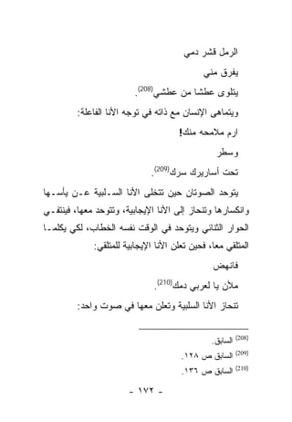 ‫ﺍﻟﺭﻤل ﻗﺸﺭ ﺩﻤﻲ‬
                                             ‫ﻴﻔﺭﻕ ﻤﻨﻲ‬
                         ‫ﻴﺘﻠﻭﻯ ﻋﻁ ﹰﺎ ﻤﻥ ﻋﻁﺸﻲ)802(.‬
                                        ‫ﺸ‬
         ‫ﻭﻴﺘﻤﺎﻫﻰ ﺍﻹﻨﺴﺎﻥ ﻤﻊ ﺫﺍﺘﻪ ﻓﻲ ﺘﻭﺠﻪ ﺍﻷﻨﺎ ﺍﻟﻔﺎﻋﻠﺔ:‬
                                      ‫ﺍﺭﻡ ﻤﻼﻤﺤﻪ ﻤﻨﻙ!‬
                                                 ‫ﻭﺴﻁﺭ‬
                              ‫ﺘﺤﺕ ﺃﺴﺎﺭﻴﺭﻙ ﺴﺭﻙ)902(.‬
‫ﻴﺘﻭﺤﺩ ﺍﻟﺼﻭﺘﺎﻥ ﺤﻴﻥ ﺘﺘﺨﻠﻰ ﺍﻷﻨﺎ ﺍﻟﺴـﻠﺒﻴﺔ ﻋـﻥ ﻴﺄﺴـﻬﺎ‬
‫ﻭﺍﻨﻜﺴﺎﺭﻫﺎ ﻭﺘﻨﺤﺎﺯ ﺇﻟﻰ ﺍﻷﻨﺎ ﺍﻹﻴﺠﺎﺒﻴﺔ، ﻭﺘﺘﻭﺤﺩ ﻤﻌﻬﺎ، ﻓﻴﻨﺘﻔـﻲ‬
‫ﺍﻟﺤﻭﺍﺭ ﺍﻟﺜﻨﺎﺌﻲ ﻭﻴﺘﻭﺤﺩ ﻓﻲ ﺍﻟﻭﻗﺕ ﻨﻔﺴﻪ ﺍﻟﺨﻁﺎﺏ، ﻟﻜﻲ ﻴﻜﻠﻤـﺎ‬
             ‫ﺍﻟﻤﺘﻠﻘﻲ ﻤ ‪‬ﺎ، ﻓﺤﻴﻥ ﺘﻌﻠﻥ ﺍﻷﻨﺎ ﺍﻹﻴﺠﺎﺒﻴﺔ ﻟﻠﻤﺘﻠﻘﻲ:‬
                                                ‫ﻌ‬
                                                ‫ﻓﺎﻨﻬﺽ‬
                              ‫ﻤﻸﻥ ﻴﺎ ﻟﻌﺭﺒﻲ ﺩﻤﻙ)012(.‬
         ‫ﺘﻨﺤﺎﺯ ﺍﻷﻨﺎ ﺍﻟﺴﻠﺒﻴﺔ ﻭﺘﻌﻠﻥ ﻤﻌﻬﺎ ﻓﻲ ﺼﻭﺕ ﻭﺍﺤﺩ:‬

                                                         ‫)802(‬
                                               ‫ﺍﻟﺴﺎﺒﻕ.‬
                                                         ‫)902(‬
                                      ‫ﺍﻟﺴﺎﺒﻕ ﺹ ٨٢١.‬
                                                         ‫)012(‬
                                      ‫ﺍﻟﺴﺎﺒﻕ ﺹ ٦٣١.‬

                       ‫- ٢٧١ -‬
 