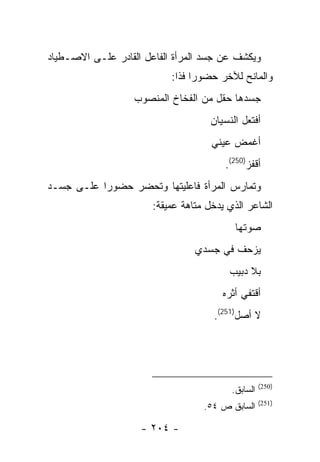 ‫ﻭﻴﻜﺸﻑ ﻋﻥ ﺠﺴﺩ ﺍﻟﻤﺭﺃﺓ ﺍﻟﻔﺎﻋل ﺍﻟﻘﺎﺩﺭ ﻋﻠـﻰ ﺍﻻﺼـﻁﻴﺎﺩ‬
                           ‫ﻭﺍﻟﻤﺎﻨﺢ ﻟﻶﺨﺭ ﺤﻀﻭ ‪‬ﺍ ﻓ ﹰﺍ:‬
                             ‫ﺭ ﺫ‬
                   ‫ﺠﺴﺩﻫﺎ ﺤﻘل ﻤﻥ ﺍﻟﻔﺨﺎﺥ ﺍﻟﻤﻨﺼﻭﺏ‬
                                    ‫ﺃﻓﺘﻌل ﺍﻟﻨﺴﻴﺎﻥ‬
                                     ‫ﺃﻏﻤﺽ ﻋﻴﻨﻲ‬
                                        ‫ﺃﻗﻔﺯ)052(.‬
‫ﻭﺘﻤﺎﺭﺱ ﺍﻟﻤﺭﺃﺓ ﻓﺎﻋﻠﻴﺘﻬﺎ ﻭﺘﺤﻀﺭ ﺤﻀﻭ ‪‬ﺍ ﻋﻠـﻰ ﺠﺴـﺩ‬
           ‫ﺭ‬
                       ‫ﺍﻟﺸﺎﻋﺭ ﺍﻟﺫﻱ ﻴﺩﺨل ﻤﺘﺎﻫﺔ ﻋﻤﻴﻘﺔ:‬
                                           ‫ﺼﻭﺘﻬﺎ‬
                                 ‫ﻴﺯﺤﻑ ﻓﻲ ﺠﺴﺩﻱ‬
                                         ‫ﺒﻼ ﺩﺒﻴﺏ‬
                                       ‫ﺃﻗﺘﻔﻲ ﺃﺜﺭﻩ‬
                                     ‫ﻻ ﺃﺼل)152(.‬




                                                    ‫)052(‬
                                          ‫ﺍﻟﺴﺎﺒﻕ.‬
                                                    ‫)152(‬
                                   ‫ﺍﻟﺴﺎﺒﻕ ﺹ ٤٥.‬

                    ‫- ٤٠٢ -‬
 