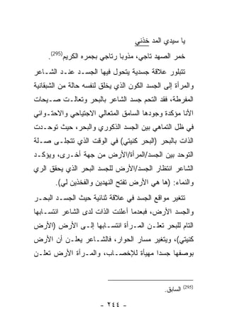 ‫ﻴﺎ ﺴﻴﺩﻱ ﺍﻟﻤﺩ ﺨﺫﻨﻲ‬
     ‫ﺨﻤﺭ ﺍﻟﺼﻬﺩ ﺘﺎﺠﻲ، ﻤﺫﻭ ‪‬ﺎ ﺭﺘﺎﺠﻲ ﺒﺠﻤﺭﻩ ﺍﻟﻜﺭﻴﻡ)592(.‬
                               ‫‪‬ﺒ‬
‫ﺘﺘﺒﻠﻭﺭ ﻋﻼﻗﺔ ﺠﺴﺩﻴﺔ ﻴﺘﺤﻭل ﻓﻴﻬﺎ ﺍﻟﺠﺴـﺩ ﻋﻨـﺩ ﺍﻟﺸـﺎﻋﺭ‬
‫ﻭﺍﻟﻤﺭﺃﺓ ﺇﻟﻰ ﺍﻟﺠﺴﺩ ﺍﻟﻜﻭﻥ ﺍﻟﺫﻱ ﻴﺨﻠﻕ ﻟﻨﻔﺴﻪ ﺤﺎﻟﺔ ﻤﻥ ﺍﻟﺸﺒﻘﺎﻨﻴﺔ‬
‫ﺍﻟﻤﻔﺭﻁﺔ، ﻓﻘﺩ ﺍﻟﺘﺤﻡ ﺠﺴﺩ ﺍﻟﺸﺎﻋﺭ ﺒﺎﻟﺒﺤﺭ ﻭﺘﻌﺎﻟـﺕ ﺼـﻴﺤﺎﺕ‬
‫ﺍﻷﻨﺎ ﻤﺅﻜﺩﺓ ﻭﺠﻭﺩﻫﺎ ﺍﻟﺴﺎﻤﻕ ﺍﻟﻤﺘﻌﺎﻟﻲ ﺍﻻﺠﺘﻴﺎﺤﻲ ﻭﺍﻻﺤﺘـﻭﺍﺌﻲ‬
‫ﻓﻲ ﻅل ﺍﻟﺘﻤﺎﻫﻲ ﺒﻴﻥ ﺍﻟﺠﺴﺩ ﺍﻟﺫﻜﻭﺭﻱ ﻭﺍﻟﺒﺤﺭ، ﺤﻴﺙ ﺘﻭﺤـﺩﺕ‬
‫ﺍﻟﺫﺍﺕ ﺒﺎﻟﺒﺤﺭ )ﺍﻟﺒﺤﺭ ﻜﻨﻴﺘﻲ( ﻓﻲ ﺍﻟﻭﻗﺕ ﺍﻟﺫﻱ ﺘﺘﺠﻠـﻰ ﺼـﻠﺔ‬
‫ﺍﻟﺘﻭﺤﺩ ﺒﻴﻥ ﺍﻟﺠﺴﺩ/ﺍﻟﻤﺭﺃﺓ/ﺍﻷﺭﺽ ﻤﻥ ﺠﻬﺔ ﺃﺨـﺭﻯ، ﻭﻴﺅﻜـﺩ‬
‫ﺍﻟﺸﺎﻋﺭ ﺍﻨﺘﻅﺎﺭ ﺍﻟﺠﺴﺩ/ﺍﻷﺭﺽ ﻟﻠﺠﺴﺩ ﺍﻟﺒﺤﺭ ﺍﻟﺫﻱ ﻴﺤﻘﻕ ﺍﻟﺭﻱ‬
       ‫ﻭﺍﻟﻨﻤﺎﺀ: )ﻫﺎ ﻫﻲ ﺍﻷﺭﺽ ﺘﻔﺘﺢ ﺍﻟﻨﻬﺩﻴﻥ ﻭﺍﻟﻔﺨﺫﻴﻥ ﻟﻲ(.‬
‫ﺘﺘﻐﻴﺭ ﻤﻭﺍﻗﻊ ﺍﻟﺠﺴﺩ ﻓﻲ ﻋﻼﻗﺔ ﺜﻨﺎﺌﻴﺔ ﺤﻴﺙ ﺍﻟﺠﺴـﺩ ﺍﻟﺒﺤـﺭ‬
‫ﻭﺍﻟﺠﺴﺩ ﺍﻷﺭﺽ، ﻓﺒﻌﺩﻤﺎ ﺃﻋﻠﻨﺕ ﺍﻟﺫﺍﺕ ﻟﺩﻯ ﺍﻟﺸﺎﻋﺭ ﺍﻨﺘﺴـﺎﺒﻬﺎ‬
‫ﺍﻟﺘﺎﻡ ﻟﻠﺒﺤﺭ ﺘﻌﻠـﻥ ﺍﻟﻤـﺭﺃﺓ ﺍﻨﺘﺴـﺎﺒﻬﺎ ﺇﻟـﻰ ﺍﻷﺭﺽ )ﺍﻷﺭﺽ‬
‫ﻜﻨﻴﺘﻲ(، ﻭﻴﺘﻐﻴﺭ ﻤﺴﺎﺭ ﺍﻟﺤﻭﺍﺭ، ﻓﺎﻟﺸـﺎﻋﺭ ﻴﻌﻠـﻥ ﺃﻥ ﺍﻷﺭﺽ‬
‫ﺒﻭﺼﻔﻬﺎ ﺠﺴ ‪‬ﺍ ﻤﻬﻴﺄﺓ ﻟﻺﺨﺼـﺎﺏ، ﻭﺍﻟﻤـﺭﺃﺓ ﺍﻷﺭﺽ ﺘﻌﻠـﻥ‬
                                    ‫ﺩ‬


                                                        ‫)592(‬
                                              ‫ﺍﻟﺴﺎﺒﻕ.‬

                       ‫- ٤٤٢ -‬
 