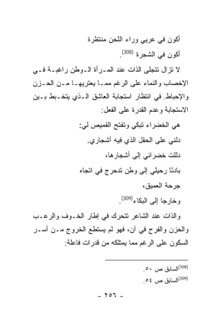 ‫ﺃﻜﻭﻥ ﻓﻲ ﻋﺭﻴﻲ ﻭﺭﺍﺀ ﺍﻟﻠﺤﻥ ﻤﻨﺘﻅﺭﺓ‬
                             ‫ﺃﻜﻭﻥ ﻓﻲ ﺍﻟﺸﺠﺭﺓ )803(.‬
‫ﻻ ﺘﺯﺍل ﺘﺘﺠﻠﻰ ﺍﻟﺫﺍﺕ ﻋﻨﺩ ﺍﻟﻤـﺭﺃﺓ ﺍﻟـﻭﻁﻥ ﺭﺍﻏﺒـﺔ ﻓـﻲ‬
‫ﺍﻹﺨﺼﺎﺏ ﻭﺍﻟﻨﻤﺎﺀ ﻋﻠﻰ ﺍﻟﺭﻏﻡ ﻤﻤـﺎ ﻴﻌﺘﺭﻴﻬـﺎ ﻤـﻥ ﺍﻟﺤـﺯﻥ‬
‫ﻭﺍﻹﺤﺒﺎﻁ. ﻓﻲ ﺍﻨﺘﻅﺎﺭ ﺍﺴﺘﺠﺎﺒﺔ ﺍﻟﻌﺎﺸﻕ ﺍﻟـﺫﻱ ﻴﺘﺨـﺒﻁ ﺒـﻴﻥ‬
                      ‫ﺍﻻﺴﺘﺠﺎﺒﺔ ﻭﻋﺩﻡ ﺍﻟﻘﺩﺭﺓ ﻋﻠﻰ ﺍﻟﻔﻌل:‬
               ‫ﻫﻲ ﺍﻟﺨﻀﺭﺍﺀ ﺘﺒﻜﻲ ﻭﺘﻔﺘﺢ ﺍﻟﻘﻤﻴﺹ ﻟﻲ:‬
                 ‫ﺩﻟﻨﻲ ﻋﻠﻰ ﺍﻟﺤﻘل ﺍﻟﺫﻱ ﻓﻴﻪ ﺃﺸﺠﺎﺭﻱ.‬
                        ‫ﺩﻟﻠﺕ ﺨﻀﺭﺍﺌﻲ ﺇﻟﻰ ﺃﺸﺠﺎﺭﻫﺎ،‬
               ‫ﺒﺎﺩ ًﺎ ﺭﺤﻴﻠﻲ ﺇﻟﻰ ﻭﻁﻥ ﺘﺩﺤﺭﺝ ﻓﻲ ﺍﺘﺠﺎﻩ‬
                                             ‫ﺌ‬
                                     ‫ﺠﺭﺤﺔ ﺍﻟﻌﻤﻴﻕ،‬
                            ‫ﻭﺨﺎﺭ ‪‬ﺎ ﺇﻟﻰ ﺍﻟﺒﻜﺎﺀ)903(.‬
                                              ‫ﺠ‬
‫ﻭﺍﻟﺫﺍﺕ ﻋﻨﺩ ﺍﻟﺸﺎﻋﺭ ﺘﺘﺤﺭﻙ ﻓﻲ ﺇﻁﺎﺭ ﺍﻟﺨـﻭﻑ ﻭﺍﻟﺭﻋـﺏ‬
‫ﻭﺍﻟﺤﺯﻥ ﻭﺍﻟﻔﺭﺡ ﻓﻲ ﺁﻥ، ﻓﻬﻭ ﻟﻡ ﻴﺴﺘﻁﻊ ﺍﻟﺨﺭﻭﺝ ﻤـﻥ ﺃﺴـﺭ‬
          ‫ﺍﻟﺴﻜﻭﻥ ﻋﻠﻰ ﺍﻟﺭﻏﻡ ﻤﻤﺎ ﻴﻤﺘﻠﻜﻪ ﻤﻥ ﻗﺩﺭﺍﺕ ﻓﺎﻋﻠﺔ:‬


                                     ‫)803(ﺍﻟﺴﺎﺒﻕ ﺹ ٠٥.‬
                                     ‫)903(ﺍﻟﺴﺎﺒﻕ ﺹ ٤٥.‬

                     ‫- ٦٥٢ -‬
 