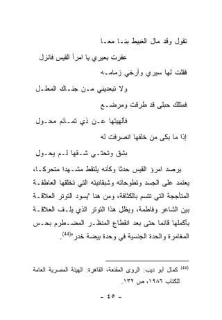 ‫ﺘﻘﻭل ﻭﻗﺩ ﻤﺎل ﺍﻟﻐﺒﻴﻁ ﺒﻨـﺎ ﻤ ‪‬ـﺎ‬
                             ‫ﻌ‬
                                                                   ‫ﺝ‬




  ‫ﻋﻘﺭﺕ ﺒﻌﻴﺭﻱ ﻴﺎ ﺍﻤﺭﺃ ﺍﻟﻘﻴﺱ ﻓﺎﻨﺯل‬
                           ‫ﻓﻘﻠﺕ ﻟﻬﺎ ﺴﻴﺭﻱ ﻭﺃﺭﺨﻲ ﺯﻤﺎﻤـﻪ‬
                                                               ‫ﺝ‬




 ‫ﻭﻻ ﹸﺒﻌﺩﻴﻨﻲ ﻤـﻥ ﺠﻨـﺎﻙ ﺍﻟﻤﻌﹼـل‬
   ‫‪‬ﻠ‬                    ‫ﺘ‬
                           ‫ﻓﻤﺜﻠﻙ ﺤﺒﻠﻰ ﻗﺩ ﻁﺭﻗﺕ ﻭﻤﺭﻀـﻊ‬
 ‫ﻓﺄﻟﻬﻴﺘﻬﺎ ﻋـﻥ ﺫﻱ ﺘﻤـﺎﺌﻡ ﻤﺤـﻭل‬
                           ‫ﺇﺫﺍ ﻤﺎ ﺒﻜﻰ ﻤﻥ ﺨﻠﻔﻬﺎ ﺍﻨﺼﺭﻓﺕ ﻟﻪ‬
                                                                   ‫ﺝ‬




 ‫ﺒﺸﻕ ﻭﺘﺤﺘـﻲ ﺸـﻘﻬﺎ ﻟـﻡ ﻴﺤـﻭل‬
‫ﻴﺭﺼﺩ ﺍﻤﺭﺅ ﺍﻟﻘﻴﺱ ﺤﺩ ﹰﺎ ﻭﻜﺄﻨﻪ ﻴﻠﺘﻘﻁ ﻤﺸـﻬ ‪‬ﺍ ﻤﺘﺤﺭ ﹰـﺎ،‬
   ‫ﻜ‬       ‫ﺩ‬                   ‫ﺜ‬
‫ﻴﻌﺘﻤﺩ ﻋﻠﻰ ﺍﻟﺠﺴﺩ ﻭﺘﻁﻭﺤﺎﺘﻪ ﻭﺸﺒﻘﺎﻨﻴﺘﻪ ﺍﻟﺘﻲ ﺘﺨﻠﻘﻬﺎ ﺍﻟﻌﺎﻁﻔـﺔ‬
‫ﺍﻟﻤﺘﺄﺠﺠﺔ ﺍﻟﺘﻲ ﺘﺘﺴﻡ ﺒﺎﻟﻜﺜﺎﻓﺔ، ﻭﻤﻥ ﻫﻨﺎ "ﻴﺴﻭﺩ ﺍﻟﺘﻭﺘﺭ ﺍﻟﻌﻼﻗـﺔ‬
‫ﺒﻴﻥ ﺍﻟﺸﺎﻋﺭ ﻭﻓﺎﻁﻤﺔ، ﻭﻴﻅل ﻫﺫﺍ ﺍﻟﺘﻭﺘﺭ ﺍﻟﺫﻱ ﻴﻠـﻑ ﺍﻟﻌﻼﻗـﺔ‬
‫ﺒﺄﻜﻤﻠﻬﺎ ﻗﺎﺌ ‪‬ﺎ ﺤﺘﻰ ﺒﻌﺩ ﺍﻨﻘﻁﺎﻉ ﺍﻟﻤﻨﻅـﺭ ﺍﻟﻤﻀـﻁﺭﻡ ﺒﺤـﺱ‬
                                      ‫ﻤ‬
          ‫ﺍﻟﻤﻐﺎﻤﺭﺓ ﻭﺍﻟﺤﺩﺓ ﺍﻟﺠﻨﺴﻴﺔ ﻓﻲ ﻭﺤﺩﺓ ﺒﻴﻀﺔ ﺨﺩﺭ")44(.‬


                                                              ‫) 44(‬
‫ﻜﻤﺎل ﺃﺒﻭ ﺩﻴﺏ: ﺍﻟﺭﺅﻯ ﺍﻟﻤﻘﻨﻌﺔ، ﺍﻟﻘﺎﻫﺭﺓ: ﺍﻟﻬﻴﺌﺔ ﺍﻟﻤﺼﺭﻴﺔ ﺍﻟﻌﺎﻤﺔ‬
                                   ‫ﻟﻠﻜﺘﺎﺏ ٦٨٩١، ﺹ ٢٣١.‬

                           ‫- ٥٤ -‬
 