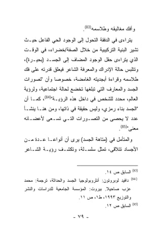 ‫ﻭﺃﻓﻙ ﻤﻐﺎﻟﻴﻘﻪ ﻭﻁﻼﺴﻤﻪ)38(.‬
‫ﻴﺘﺭﺍﺀﻯ ﻓﻲ ﺍﻟﺩﻓﻘﺔ ﺍﻟﺘﺤﻭل ﺇﻟﻰ ﺍﻟﻭﺠﻭﺩ ﺍﻟﺤﻲ ﺍﻟﻔﺎﻋل ﺤﻴـﺙ‬
‫ﺘﺸﻴﺭ ﺍﻟﺒﻨﻴﺔ ﺍﻟﺘﺭﻜﻴﺒﻴﺔ ﻤﻥ ﺨﻼل ﺍﻟﺼﻔﺔ/ﺨﻀﺭﺍﺀ، ﻓﻲ ﺍﻟﻭﻗـﺕ‬
‫ﺍﻟﺫﻱ ﻴﺘﺭﺍﺀﻯ ﺤﻘل ﺍﻟﻭﺠﻭﺩ ﺍﻟﻤﻀﺎﻑ ﺇﻟﻰ ﺍﻟﺠﺴـﺩ )ﺒﺤﻴـﺭﺓ(،‬
‫ﻭﺘﺘﻠﺒﺱ ﺤﺎﻟﺔ ﺍﻹﺩﺭﺍﻙ ﻭﺍﻟﻤﻌﺭﻓﺔ ﺍﻟﺸﺎﻋﺭ ﻓﻴﻌﻠﻕ ﻗﺩﺭﺘﻪ ﻋﻠﻰ ﻓﻙ‬
‫ﻁﻼﺴﻤﻪ ﻭﻗﺭﺍﺀﺓ ﺃﺒﺠﺩﻴﺘﻪ ﺍﻟﻐﺎﻤﻀﺔ، ﺨﺼﻭ ‪‬ﺎ ﻭﺃﻥ "ﺘﺼﻭﺭﺍﺕ‬
             ‫ﺼ‬
‫ﺍﻟﺠﺴﺩ ﻭﺍﻟﻤﻌﺎﺭﻑ ﺍﻟﺘﻲ ﺘﺒﻠﻐﻬﺎ ﺘﺨﻀﻊ ﻟﺤﺎﻟﺔ ﺍﺠﺘﻤﺎﻋﻴﺔ، ﻭﻟﺭﺅﻴﺔ‬
‫ﺍﻟﻌﺎﻟﻡ، ﻤﺤﺩﺩ ﻟﻠﺸﺨﺹ ﻓﻲ ﺩﺍﺨل ﻫﺫﻩ ﺍﻟﺭﺅﻴـﺔ")48(، ﻜﻤـﺎ ﺃﻥ‬
‫"ﺍﻟﺠﺴﺩ ﺒﻨﺎﺀ ﺭﻤﺯﻱ، ﻭﻟﻴﺱ ﺤﻘﻴﻘﺔ ﻓﻲ ﺫﺍﺘﻬﺎ، ﻭﻤﻥ ﻫﻨـﺎ ﻴﻨﺸـﺄ‬
‫ﻋﺩﺩ ﻻ ﻴﺤﺼﻰ ﻤﻥ ﺍﻟﺘﺼـﻭﺭﺍﺕ ﺍﻟﺘـﻲ ﺘﺴـﻌﻰ ﻷﻋﻀـﺎﺌﻪ‬
                                                  ‫ﻤﻌﻨﻰ")58(.‬
‫ﻭﺍﻟﻤﺘﺄﻤل ﻓﻲ )ﻤﺘﺎﻫﺔ ﺍﻟﺠﺴﺩ( ﻴﺭﻯ ﺃﻥ ﺃﻨﻭﺍ ‪‬ـﺎ ﻋـﺩﺓ ﻤـﻥ‬
           ‫ﻋ‬
‫ﺍﻷﺠﺴﺎﺩ ﺘﺘﻼﻗﻰ، ﺘﻤﺜل ﺴﻠﺴـﻠﺔ، ﻭﺘﻜﺸـﻑ ﺭﺅﻴـﺔ ﺍﻟﺸـﺎﻋﺭ‬


                                                            ‫)38(‬
                                           ‫ﺍﻟﺴﺎﺒﻕ ﺹ ٤١.‬
                                                           ‫) 48(‬
‫ﺩﺍﻓﻴﺩ ﻟﻭﺒﺭﻭﺘﻭﻥ: ﺃﻨﺜﺭﻭﺒﻭﻟﻭﺠﻴﺎ ﺍﻟﺠﺴﺩ ﻭﺍﻟﺤﺩﺍﺜﺔ، ﺘﺭﺠﻤﺔ: ﻤﺤﻤﺩ‬
‫ﻋﺯﺏ ﺼﺎﺤﻴﻼ. ﺒﻴﺭﻭﺕ: ﺍﻟﻤﺅﺴﺴﺔ ﺍﻟﺠﺎﻤﻌﻴﺔ ﻟﻠﺩﺭﺍﺴﺎﺕ ﻭﺍﻟﻨﺸﺭ‬
                             ‫ﻭﺍﻟﺘﻭﺯﻴﻊ ٣٩٩١، ﻁ١، ﺹ ١١.‬
                                                            ‫)58(‬
                                           ‫ﺍﻟﺴﺎﺒﻕ ﺹ ٢١.‬

                          ‫- ٩٧ -‬
 