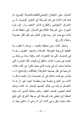 ‫ﺍﻟﺘﺴﺎﺅل ﻋﻠﻰ ﺍﻻﺠﺘﻴﺎﺡ ﺍﻹﻴﺠﺎﺒﻲ/ﺍﻟﻜﺸﻑ/ﺍﻟﻤﻌﺭﻓﺔ )ﺃﻀﺊ(، ﺜﻡ‬
‫ﺘﻤﺘﺩ ﻗﺩﺭﺓ ﺍﻟﺫﺍﺕ ﻓﻲ ﻫﺫﻩ ﺍﻟﻤﺭﺤﻠﺔ ﺇﻟﻰ ﺍﻟﺘﺠﺎﻭﺯ ﻟﻠﻭﺼﻭل ﺇﻟـﻰ‬
‫ﺍﻹﺸﺭﺍﻕ ﺍﻻﺠﺘﻴﺎﺤﻲ ﻭﺍﻟﻁﻠﻭﻉ ﺍﻟﺩﺍﺌﻡ: ﺍﻹﺨﻀـﺭﺍﺭ: )ﺸـﺠﺭﺓ‬
‫ﺍﻟﻨﻬﺎﺭ(، ﻭﻓﻲ ﺍﻟﻤﺭﺤﻠﺔ ﺍﻟﺜﺎﻟﺜﺔ ﻴﻘﻊ ﺍﻟﺘﺴﺎﺅل ﻋﻠﻰ ﻤﻨﻁﻘﺔ ﻓﻌـل‬
‫ﺍﻟﺫﺍﺕ ﻤﻊ ﺠﺴﺩ ﺁﺨﺭ ﺭﺒﻤﺎ ﻴﻜﻭﻥ ﺍﻟﻌﺎﻟﻡ ﻭﻫﻭ ﻓﻌل ﺃﻜﺜﺭ ﺨﺼﻭﺒﺔ‬
                                          ‫ﻭﺍﻤﺘﻼﺀ )ﺃﺯﺭﻉ(.‬
‫ﻭﺘﺩﺨل ﺍﻟﺫﺍﺕ ﻭﻫﻲ ﻤﺤﺘﻔﻴﺔ ﺒﺎﻟﺠﺴﺩ – ﻤﺭﺤﻠـﺔ ﻁﻘﻭﺴـﻴﺔ‬
‫ﺘﻜﺘﻨﻔﻬﺎ ﺍﻟﺭﻭﺤﻴﺔ ﺍﻟﻤﻔﺭﻁﺔ: ﺍﻟﺼﻼﺓ، ﻭﺍﻟﺴﺠﻭﺩ ﺍﻟﻁﻭﻴل ﺭﻏﺒـﺔ‬
‫ﻓﻲ ﺍﻟﻭﺼﻭل ﻋﻠﻰ ﺤﺩ ﺍﻟﺘﻌﺒﻴﺭﺍﺕ ﺍﻟﺼـﻭﻓﻴﺔ، ﻭﺤﺘـﻰ ﻴﺘﺠﻠـﻰ‬
‫ﺍﻟﺠﺴﺩ ﻓﻲ ﺼﻭﺭﺓ ﺍﻟﻨﻤﺎﺀ ﻭﺍﻟﻁﻠﻭﻉ ﻭﺍﻟﺒﻬﺎﺀ، ﺘﻠﻙ ﺍﻟﺼﻭﺭﺓ ﺍﻟﺘﻲ‬
‫ﻴﻨﺸﺩﻫﺎ ﻤﺤﻤﺩ ﺁﺩﻡ ﻓﻲ ﺠﺴﺩﻩ ﺍﻟﺫﻱ ﻴﺤﻤل ﻜﺜﻴ ‪‬ﺍ ﻤﻥ ﺍﻟﻨﺸـﺎﻁﺎﺕ‬
              ‫ﺭ‬
‫ﺍﻟﺭﻭﺤﻴﺔ ﻓﻲ ﻅل ﺠﺴﺩﻴﺘﻪ ﺍﻟﻤﻔﺭﻁﺔ ﻭﺍﻟﻌﻼﻗﺎﺕ ﻭﺍﻟﻭﺸﺎﺌﺞ، ﺇﻨـﻪ‬
‫ﻴﺘﻤﺎﺱ ﻤﻊ ﻨﻔﺴﻪ ﻭﺍﻟﻌﺎﻟﻡ ﻓﻲ ﺁﻥ ﺨﺼﻭ ‪‬ﺎ ﻭﺃﻥ ﺍﻟﺠﺴﺩ ﺘﺭﺍﻗﺒـﻪ‬
                   ‫ﺼ‬
‫ﺍﻟﺫﺍﺕ ﻤﻥ ﺍﻟﺨﺎﺭﺝ ﻤﺘﺼﻼ ﺒﻬﺎ ﻭﻤﻨﻔﺼﻼ ﻋﻨﻬﺎ، ﻏﻴﺭ ﺃﻥ ﻫـﺫﺍ‬
‫ﺍﻻﺘﺼﺎل ﻟﻡ ﻴﺄﺕ ﻤﻥ ﺨﻼل ﺍﻨﺘﺴﺎﺒﻬﺎ ﺍﻟﻤﺒﺎﺸﺭ ﻟﻪ، ﺍﻟﺫﺍﺕ ﺘﻭﺍﺠﻪ‬
‫ﺍﻟﻌﺎﻟﻡ ﺍﻟﻤﺘﻴﺒﺱ ﺍﻟﺼﻠﺏ ﺍﻟﻤﻘﻔﺭ، ﻭﺘﻘﻭﻡ ﺒﻌﻤﻠﻴﺔ ﺍﻟﺘﺩﻤﻴﺭ ﻟﻠﺴـﻠﺒﻴﺔ‬
‫ﺍﻟﻤﻌﻠﻨﺔ ﺇﻟﻰ ﺘﺨﻁﻲ ﻫﺫﻩ ﺍﻟﻤﺭﺤﻠﺔ ﺇﻟﻰ ﻤﺭﺤﻠﺔ ﺍﻹﻴﺭﺍﻕ ﺍﻟﺘﻲ ﺘﻨﺘﺞ‬
‫ﻋﺎﻟ ‪‬ﺎ ﺠﺩﻴ ‪‬ﺍ ﻭﻓﻕ ﻭﻋﻲ ﺍﻟﺫﺍﺕ "ﺇﻥ ﺍﻟـﻭﻋﻲ ﺍﻟـﺩﺍﺨﻠﻲ ﻴﺠﻌـل‬
                                         ‫ﺩ‬      ‫ﻤ‬


                        ‫- ٠٩ -‬
 