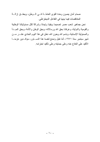 ‫ﺼﻤﺎﻡ ﺃﻤﺎﻥ ﻴﺼﻭﻥ ﻭﺤﺩﺓ ﺍﻟﻘﻭﻯ ﺍﻟﻌﺎﻤﻠـﺔ ﻓـﻲ ﺍﻟـﻭﻁﻥ، ﻭﻴﺤﻘـﻕ ﺇﺯﺍﻟـﺔ‬
                         ‫ﺍﻟﻤﺘﻨﺎﻗﻀﺎﺕ ﻓﻴﻤﺎ ﺒﻴﻨﻬﺎ ﻓﻲ ﺍﻟﺘﻔﺎﻋل ﺍﻟﺩﻴﻤﻘﺭﺍﻁﻲ.‬
‫ﻨﺤﻥ ﺠﻤﺎﻫﻴﺭ ﺸﻌﺏ ﻤﺼﺭ ﺘﺼﻤﻴﻤﺎ ﻭﻴﻘﻴﻨﺎ ﻭﺇﻴﻤﺎﻨﺎ ﻭﺇﺩﺭﺍﻜﺎ ﻟﻜل ﻤﺴﺌﻭﻟﻴﺎﺘﻨﺎ ﺍﻟﻭﻁﻨﻴﺔ‬
‫ﻭﺍﻟﻘﻭﻤﻴﺔ ﻭﺍﻟﺩﻭﻟﻴﺔ، ﻭﻋﺭﻓﺎﻨﺎ ﺒﺤﻕ ﺍﷲ ﻭﺭﺴﺎﻻﺘﻪ، ﻭﺒﺤﻕ ﺍﻟﻭﻁﻥ ﻭﺍﻷﻤﺔ، ﻭﺒﺤﻕ ﺍﻟﻤﺒـﺩﺃ‬
‫ﻭﺍﻟﻤﺴﺌﻭﻟﻴﺔ ﺍﻹﻨﺴﺎﻨﻴﺔ، ﻭﺒﺎﺴﻡ ﺍﷲ ﻭﺒﻌﻭﻥ ﺍﷲ، ﻨﻌﻠﻥ ﻓﻲ ﻫﺫﺍ ﺍﻟﻴﻭﻡ ﺍﻟﺤﺎﺩﻱ ﻋﺸـﺭ ﻤـﻥ‬
‫ﺸﻬﺭ ﺴﺒﺘﻤﺒﺭ ﺴﻨﺔ ١٧٩١، ﺃﻨﻨﺎ ﻨﻘﺒل ﻭﻨﻤﻨﺢ ﻟﻨﻔﺴﻨﺎ ﻫﺫﺍ ﺍﻟﺩﺴـﺘﻭﺭ، ﻤﺅﻜـﺩﻴﻥ ﻋﺯﻤﻨـﺎ‬
                      ‫ﺍﻷﻜﻴﺩ ﻋﻠﻰ ﺍﻟﺩﻓﺎﻉ ﻋﻨﻪ ﻭﻋﻠﻰ ﺤﻤﺎﻴﺘﻪ ﻭﻋﻠﻰ ﺘﺄﻜﻴﺩ ﺍﺤﺘﺭﺍﻤﻪ.‬




                                 ‫- ٠١ -‬
 