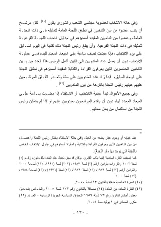 ‫)٠٤(‬
‫ﻟﻜل ﻤﺭﺸـﺢ‬               ‫ﻭﻓﻲ ﺤﺎﻟﺔ ﺍﻻﻨﺘﺨﺎﺏ ﻟﻌﻀﻭﻴﺔ ﻤﺠﻠﺴﻲ ﺍﻟﺸﻌﺏ ﻭﺍﻟﺸﻭﺭﻯ ﻴﻜﻭﻥ‬
‫ﺃﻥ ﻴﻨﺩﺏ ﻋﻀﻭﺍ ﻤﻥ ﺒﻴﻥ ﺍﻟﻨﺎﺨﺒﻴﻥ ﻓﻲ ﻨﻁﺎﻕ ﺍﻟﻠﺠﻨﺔ ﺍﻟﻌﺎﻤﺔ ﻟﺘﻤﺜﻴﻠﻪ ﻓـﻲ ﺫﺍﺕ ﺍﻟﻠﺠﻨـﺔ‬
‫ﺍﻟﻌﺎﻤﺔ، ﻭﻋﻀﻭﺍ ﻤﻥ ﺍﻟﻨﺎﺨﺒﻴﻥ ﺍﻟﻤﻘﻴﺩﺓ ﺃﺴﻤﺎﺅﻫﻡ ﻓﻲ ﺠﺩﺍﻭل ﺍﻨﺘﺨﺎﺏ ﺍﻟﻠﺠﻨـﺔ ﺍﻟﻔﺭﻋﻴـﺔ‬
‫ﻟﺘﻤﺜﻴﻠﻪ ﻓﻲ ﺫﺍﺕ ﺍﻟﻠﺠﻨﺔ ﺍﻟﻔﺭﻋﻴﺔ، ﻭﺃﻥ ﻴﺒﻠﻎ ﺭﺌﻴﺱ ﺍﻟﻠﺠﻨﺔ ﺫﻟﻙ ﻜﺘﺎﺒﺔ ﻓﻲ ﺍﻟﻴﻭﻡ ﺍﻟﺴـﺎﺒﻕ‬
‫ﻋﻠﻰ ﻴﻭﻡ ﺍﻻﻨﺘﺨﺎﺏ، ﻓﺈﺫﺍ ﻤﻀﺕ ﻨﺼﻑ ﺴﺎﻋﺔ ﻋﻠﻰ ﺍﻟﻤﻴﻌﺎﺩ ﺍﻟﻤﺤﺩﺩ ﻟﻠﺒﺩﺀ ﻓـﻲ ﻋﻤﻠﻴـﺔ‬
‫ﺍﻻﻨﺘﺨﺎﺏ ﺩﻭﻥ ﺃﻥ ﻴﺼل ﻋﺩﺩ ﺍﻟﻤﻨﺩﻭﺒﻴﻥ ﺇﻟﻰ ﺍﺜﻨﻴﻥ ﺃﻜﻤل ﺍﻟﺭﺌﻴﺱ ﻫﺫﺍ ﺍﻟﻌﺩﺩ ﻤﻥ ﺒـﻴﻥ‬
‫ﺍﻟﻨﺎﺨﺒﻴﻥ ﺍﻟﺤﺎﻀﺭﻴﻥ ﺍﻟﺫﻴﻥ ﻴﻌﺭﻓﻭﻥ ﺍﻟﻘﺭﺍﺀﺓ ﻭﺍﻟﻜﺘﺎﺒﺔ ﺍﻟﻤﻘﻴﺩﺓ ﺃﺴﻤﺎﺅﻫﻡ ﻓﻲ ﻨﻁﺎﻕ ﺍﻟﻠﺠﻨﺔ‬
‫ﻋﻠﻰ ﺍﻟﻭﺠﻪ ﺍﻟﺴﺎﺒﻕ، ﻓﺈﺫﺍ ﺯﺍﺩ ﻋﺩﺩ ﺍﻟﻤﻨﺩﻭﺒﻴﻥ ﻋﻠﻰ ﺴﺘﺔ ﻭﺘﻌـﺫﺭ ﺍﺘﻔـﺎﻕ ﺍﻟﻤﺭﺸـﺤﻴﻥ‬
                                 ‫)١٤(‬
                             ‫.‬          ‫ﻋﻠﻴﻬﻡ ﻋﻴﻨﻬﻡ ﺭﺌﻴﺱ ﺍﻟﻠﺠﻨﺔ ﺒﺎﻟﻘﺭﻋﺔ ﻤﻥ ﺒﻴﻥ ﺍﻟﻤﻨﺩﻭﺒﻴﻥ‬
‫ﻭﻓﻲ ﺠﻤﻴﻊ ﺍﻷﺤﻭﺍل ﺘﺒﺩﺃ ﻋﻤﻠﻴﺔ ﺍﻻﻨﺘﺨﺎﺏ ﺃﻭ ﺍﻻﺴﺘﻔﺘﺎﺀ ﺇﺫﺍ ﻤﻀـﺕ ﺴـﺎﻋﺔ ﻋﻠـﻰ‬
‫ﺍﻟﻤﻴﻌﺎﺩ ﺍﻟﻤﺤﺩﺩ ﻟﻬﺎ، ﺩﻭﻥ ﺃﻥ ﻴﺘﻘﺩﻡ ﺍﻟﻤﺭﺸﺤﻭﻥ ﺒﻤﻨﺩﻭﺒﻴﻥ ﻋﻨﻬﻡ ﺃﻭ ﺇﺫﺍ ﻟﻡ ﻴﺘﻤﻜﻥ ﺭﺌﻴﺱ‬
                                                        ‫ﺍﻟﻠﺠﻨﺔ ﻤﻥ ﺍﺴﺘﻜﻤﺎل ﻤﻥ ﻴﺤل ﻤﺤﻠﻬﻡ.‬




                                                                                                ‫=‬
‫ﻋﻨﺩ ﻏﻴﺎﺒﻪ ﺃﻭ ﻭﺠﻭﺩ ﻋﺫﺭ ﻴﻤﻨﻌﻪ ﻤﻥ ﺍﻟﻌﻤل ﻭﻓﻲ ﺤﺎﻟﺔ ﺍﻻﺴﺘﻔﺘﺎﺀ ﻴﺨﺘﺎﺭ ﺭﺌﻴﺱ ﺍﻟﻠﺠﻨﺔ ﻭﺃﻋﻀـﺎﺀ‬
‫ﻤﻥ ﺒﻴﻥ ﺍﻟﻨﺎﺨﺒﻴﻥ ﺍﻟﺫﻴﻥ ﻴﻌﺭﻓﻭﻥ ﺍﻟﻘﺭﺍﺀﺓ ﻭﺍﻟﻜﺘﺎﺒﺔ ﻭﺍﻟﻤﻘﻴﺩﺓ ﺃﺴﻤﺎﺅﻫﻡ ﻓﻲ ﺠﺩﻭل ﺍﻻﻨﺘﺨﺎﺏ ﺍﻟﺨﺎﺹ‬
                                                          ‫ﺒﺎﻟﻠﺠﻨﺔ ﺍﻟﺘﻲ ﻴﻭﺠﺩ ﺒﻬﺎ ﻤﻘﺭ ﺍﻟﻠﺠﻨﺔ(.‬
‫ﻜﻤﺎ ﺃﻀﻴﻔﺕ ﺍﻟﻔﻘﺭﺓ ﺍﻟﺴﺎﺩﺴﺔ ﺇﻟﻴﻬﺎ ﺒﺫﺍﺕ ﺍﻟﻘﺎﻨﻭﻥ، ﻭﻜﺎﻥ ﻗﺩ ﺴﺒﻕ ﺘﻌﺩﻴل ﻫﺫﻩ ﺍﻟﻤﺎﺩﺓ ﺒﺎﻟﻘـﺎﻨﻭﻥ، ﺭﻗـﻡ )١(‬
‫ﻟﺴﻨﺔ ٢٠٠٢ ﻭﺍﻟﻘﺭﺍﺭﺍﺕ ﺒﻘﻭﺍﻨﻴﻥ ﺃﺭﻗﺎﻡ )٢( ﻟﺴﻨﺔ ٧٨٩١، )٢٠٢( ﻟﺴﻨﺔ )٠٩٩١، ٧٦١( ﻟﺴـﻨﺔ ٠٠٠٢‬
‫ﻭﺍﻟﻘﻭﺍﻨﻴﻥ ﺃﺭﻗﺎﻡ )٣٢( ﻟﺴﻨﺔ ٢٧٩١، )٦٧( ﻟﺴﻨﺔ ٢٧٩١، )٦٧( ﻟﺴﻨﺔ )٦٧٩١( ، )٦٤( ﻟﺴـﻨﺔ ٤٨٩١،‬
                                                                            ‫)٣١( ﻟﺴﻨﺔ ٠٠٠٢‬
                                             ‫)٠٤( ﺍﻟﻔﻘﺭﺓ ﺍﻟﺨﺎﻤﺴﺔ ﻤﻠﻐﺎﺓ ﺒﺎﻟﻘﺎﻨﻭﻥ ٣١ ﻟﺴﻨﺔ ٠٠٠٢.‬
‫)١٤( ﺍﻟﻔﻘﺭﺓ ﺍﻟﺴﺎﺩﺓ ﻤﻥ ﺍﻟﻤﺎﺩﺓ )٤٢( ﻤﻀﺎﻓﺔ ﺒﺎﻟﻘﺎﻨﻭﻥ ﺭﻗﻡ ٣٧١ ﻟﺴﻨﺔ ٥٠٠٢ ﻭﺍﻟﺨـﺎﺹ ﺒﺘﻌـﺩﻴل‬
‫ﺒﻌﺽ ﺃﺤﻜﺎﻡ ﺍﻟﻘﺎﻨﻭﻥ ﺭﻗﻡ ٣٧ ﻟﺴﻨﺔ ٦٥٩١ ﺍﻟﺤﻘﻭﻕ ﺍﻟﺴﻴﺎﺴﻴﺔ ﺍﻟﺠﺭﻴﺩﺓ ﺍﻟﺭﺴﻤﻴﺔ – ﺍﻟﻌـﺩﺩ )٦٢(‬
                                                     ‫ﻤﻜﺭﺭ ﺍﻟﺼﺎﺩﺭ ﻓﻲ ٢ ﻴﻭﻟﻴﻪ ﺴﻨﺔ ٥٠٠٢.‬

                                            ‫- ٠٢١ -‬
 