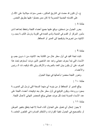 ‫ﺝ- ﺃﻥ ﺘﻜﻭﻥ ﻗﺩ ﻤﻀﺕ ﻓﻲ ﺍﻟﺘﺎﺭﻴﺦ ﺍﻟﻤﺫﻜﻭﺭ، ﺨﻤﺱ ﺴﻨﻭﺍﺕ ﻤﻴﻼﺩﻴﺔ ﻋﻠﻰ ﺍﻷﻗـل‬
 ‫ﻋﻠﻰ ﺍﻜﺘﺴﺎﺒﻪ ﺍﻟﺠﻨﺴﻴﺔ ﺍﻟﻤﺼﺭﻴﺔ ﺇﺫﺍ ﻜﺎﻥ ﻤﻤﻥ ﺤﺼﻠﻭﺍ ﻋﻠﻴﻬﺎ ﺒﻁﺭﻴﻕ ﺍﻟﺘﺠﻨﺱ.‬

                                                                   ‫ﻤﺎﺩﺓ ٨ :‬
‫ﻴﺤﺭﺭ ﺍﻟﺠﺩﻭل ﻤﻥ ﻨﺴﺨﺘﻴﻥ، ﻴﻭﻗﻊ ﻋﻠﻴﻬﺎ ﺠﻤﻴﻊ ﺃﻋﻀﺎﺀ ﺍﻟﻠﺠﻨﺔ ﻭﺘﺤﻔﻅ ﺇﺤﺩﺍﻫﻤﺎ ﻟﺩﻯ‬
‫ﻤﺄﻤﻭﺭ ﺍﻟﻤﺭﻜﺯ ﺃﻭ ﺍﻟﻘﺴﻡ ﻓﻲ ﺍﻟﻤﺩﻴﻨﺔ ﻭﻟﺩﻯ ﺍﻟﻌﻤﺩﺓ ﻓﻲ ﺍﻟﻘﺭﻴﺔ ﻭﺘﺭﺴل ﺍﻟﺜﺎﻨﻴـﺔ ﺒﻤﺠـﺭﺩ‬
                           ‫ﺍﻻﻨﺘﻬﺎﺀ ﻤﻥ ﺘﺤﺭﻴﺭﻫﺎ ﻭﺘﻭﻗﻴﻌﻬﺎ ﺇﻟﻰ ﺍﻟﻤﺩﻴﺭ ﺃﻭ ﺍﻟﻤﺤﺎﻓﻅ.‬



                                                                   ‫ﻤﺎﺩﺓ ٩ :‬
‫ﺘﺜﺒﺕ ﻟﺠﻨﺔ ﺍﻟﻘﻴﺩ ﻓﻲ ﺃﻭل ﺴﻁﺭ ﺨﺎل ﻤﻥ ﺍﻟﻜﺘﺎﺒﺔ ﺒﻌﺩ ﺍﻻﻨﺘﻬﺎﺀ ﻤﻥ ﺘـﺩﻭﻴﻥ ﺠﻤﻴـﻊ‬
‫ﺍﻷﺴﻤﺎﺀ ﺍﻟﺘﻲ ﺘﺒﺩﺃ ﺒﺤﺭﻑ ﻫﺠﺎﺌﻲ ﻭﺍﺤﺩ ﻋﺩﺩ ﺍﻟﻨﺎﺨﺒﻴﻥ ﺍﻟﺫﻴﻥ ﺩﻭﻨﺕ ﺃﺴﻤﺎﺅﻫﻡ ﺘﺤﺕ ﻫﺫﺍ‬
‫ﺍﻟﺤﺭﻑ ﻋﻠﻰ ﺃﻥ ﻴﻜﻭﻥ ﺒﻴﺎﻥ ﺍﻟﻌﺩﺩ ﺒﺎﻟﺤﺭﻭﻑ ﻭﺍﻷﺭﻗﺎﻡ ﻭﻴﻠﻲ ﺫﻟﻙ ﺘﻭﻗﻴﻌـﺎﺕ ﺍﻟـﺭﺌﻴﺱ‬
                                                                  ‫ﻭﺍﻷﻋﻀﺎﺀ.‬
                            ‫ﻭﺘﺤﺭﺭ ﺍﻟﻠﺠﻨﺔ ﻤﺤﻀ ‪‬ﺍ ﺒﺄﻋﻤﺎﻟﻬﺎ ﻓﻲ ﻨﻬﺎﻴﺔ ﺍﻟﺠﺩﻭل.‬
                                                       ‫ﺭ‬

                                                                 ‫ﻤﺎﺩﺓ ٠١ :‬
‫ﻴﻭﻗﻊ ﺍﻟﻤﺩﻴﺭ ﺃﻭ ﺍﻟﻤﺤﺎﻓﻅ ﺃﻭ ﻤﻥ ﻴﻨﻭﺒﻪ ﺃﻱ ﻤﻨﻬﻤﺎ ﺍﻟﻨﺴﺨﺔ ﺍﻟﺘﻲ ﺘﺭﺴل ﺇﻟﻰ ﺍﻟﻤﺩﻴﺭﻴـﺔ‬
                                                                       ‫ﱢ‬
‫ﺒﻤﺠﺭﺩ ﻭﺭﻭﺩﻫﺎ، ﻭﻴﻜﻭﻥ ﺍﻟﺘﻭﻗﻴﻊ ﻓﻲ ﺃﻭل ﺴﻁﺭ ﺨﺎل ﺒﻌﺩ ﺘﻭﻗﻴﻌﺎﺕ ﺃﻋﻀﺎﺀ ﺍﻟﻠﺠﻨﺔ ﻋﻠﻰ‬
 ‫ﻋﺩﺩ ﺍﻷﺴﻤﺎﺀ ﺍﻟﻤﺩﻭﻨﺔ ﺘﺤﺕ ﻜل ﺤﺭﻑ ﻫﺠﺎﺌﻲ ﻴﻭﻗﻊ ﺍﻟﻤﺤﻀﺭ ﺍﻟﻨﻬﺎﺌﻲ ﻷﻋﻤﺎل ﺍﻟﻠﺠﻨﺔ.‬

                                                                 ‫ﻤﺎﺩﺓ ١١ :‬
‫ﻻ ﻴﺠﻭﺯ ﺇﺩﺨﺎل ﺃﻱ ﺘﻌﺩﻴل ﻋﻠﻰ ﺍﻟﺠﺩﺍﻭل ﺃﺜﻨﺎﺀ ﺍﻟﺴﻨﺔ ﺇﻻ ﻓﻴﻤﺎ ﻴﺘﻌﻠﻕ ﺒﺘﻐﻴﻴﺭ ﺍﻟﻤﻭﻁﻥ‬
‫ﺃﻭ ﺒﺎﻟﺘﺼﺤﻴﺢ ﻓﻲ ﺍﻟﺠﺩﻭل ﺘﻨﻔﻴﺫﺍ ﻟﻠﻘﺭﺍﺭﺍﺕ ﻭﺍﻷﺤﻜﺎﻡ ﺍﻟﺼﺎﺩﺭﺓ ﻓﻲ ﺍﻟﻁﻌﻭﻥ ﺍﻟﺨﺎﺼـﺔ‬



                                 ‫- ٠٤١ -‬
 