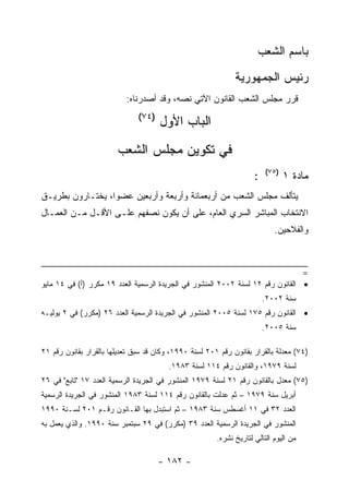 ‫ﺒﺎﺴﻡ ﺍﻟﺸﻌﺏ‬
                                                              ‫ﺭﺌﻴﺱ ﺍﻟﺠﻤﻬﻭﺭﻴﺔ‬
                           ‫ﻗﺭﺭ ﻤﺠﻠﺱ ﺍﻟﺸﻌﺏ ﺍﻟﻘﺎﻨﻭﻥ ﺍﻵﺘﻲ ﻨﺼﻪ، ﻭﻗﺩ ﺃﺼﺩﺭﻨﺎﻩ:‬
                               ‫)٤٧(‬
                                      ‫ﺍﻟﺒﺎﺏ ﺍﻷﻭل‬
                        ‫ﻓﻲ ﺘﻜﻭﻴﻥ ﻤﺠﻠﺱ ﺍﻟﺸﻌﺏ‬
                                                                         ‫)٥٧(‬
                                                                     ‫:‬          ‫ﻤﺎﺩﺓ ١‬
‫ﻴﺘﺄﻟﻑ ﻤﺠﻠﺱ ﺍﻟﺸﻌﺏ ﻤﻥ ﺃﺭﺒﻌﻤﺎﺌﺔ ﻭﺃﺭﺒﻌﺔ ﻭﺃﺭﺒﻌﻴﻥ ﻋﻀﻭﺍ، ﻴﺨﺘـﺎﺭﻭﻥ ﺒﻁﺭﻴـﻕ‬
              ‫‪ ‬‬
‫ﺍﻻﻨﺘﺨﺎﺏ ﺍﻟﻤﺒﺎﺸﺭ ﺍﻟﺴﺭﻱ ﺍﻟﻌﺎﻡ، ﻋﻠﻰ ﺃﻥ ﻴﻜﻭﻥ ﻨﺼﻔﻬﻡ ﻋﻠـﻰ ﺍﻷﻗـل ﻤـﻥ ﺍﻟﻌﻤـﺎل‬
                                                                            ‫ﻭﺍﻟﻔﻼﺤﻴﻥ.‬



                                                                                       ‫=‬
‫• ﺍﻟﻘﺎﻨﻭﻥ ﺭﻗﻡ ٢١ ﻟﺴﻨﺔ ٢٠٠٢ ﺍﻟﻤﻨﺸﻭﺭ ﻓﻲ ﺍﻟﺠﺭﻴﺩﺓ ﺍﻟﺭﺴﻤﻴﺔ ﺍﻟﻌﺩﺩ ٩١ ﻤﻜﺭﺭ )ﺃ( ﻓﻲ ٤١ ﻤﺎﻴﻭ‬
                                                                         ‫ﺴﻨﺔ ٢٠٠٢.‬
‫• ﺍﻟﻘﺎﻨﻭﻥ ﺭﻗﻡ ٥٧١ ﻟﺴﻨﺔ ٥٠٠٢ ﺍﻟﻤﻨﺸﻭﺭ ﻓﻲ ﺍﻟﺠﺭﻴﺩﺓ ﺍﻟﺭﺴﻤﻴﺔ ﺍﻟﻌﺩﺩ ٦٢ )ﻤﻜﺭﺭ( ﻓﻲ ٢ ﻴﻭﻟﻴـﻪ‬
                                                                         ‫ﺴﻨﺔ ٥٠٠٢.‬

‫)٤٧( ﻤﻌﺩﻟﺔ ﺒﺎﻟﻘﺭﺍﺭ ﺒﻘﺎﻨﻭﻥ ﺭﻗﻡ ١٠٢ ﻟﺴﻨﺔ ٠٩٩١، ﻭﻜﺎﻥ ﻗﺩ ﺴﺒﻕ ﺘﻌﺩﻴﻠﻬﺎ ﺒﺎﻟﻘﺭﺍﺭ ﺒﻘﺎﻨﻭﻥ ﺭﻗﻡ ١٢‬
                                         ‫ﻟﺴﻨﺔ ٩٧٩١، ﻭﺍﻟﻘﺎﻨﻭﻥ ﺭﻗﻡ ٤١١ ﻟﺴﻨﺔ ٣٨٩١.‬
‫)٥٧( ﻤﻌﺩل ﺒﺎﻟﻘﺎﻨﻭﻥ ﺭﻗﻡ ١٢ ﻟﺴﻨﺔ ٩٧٩١ ﺍﻟﻤﻨﺸﻭﺭ ﻓﻲ ﺍﻟﺠﺭﻴﺩﺓ ﺍﻟﺭﺴﻤﻴﺔ ﺍﻟﻌﺩﺩ ٧١ "ﺘﺎﺒﻊ" ﻓﻲ ٦٢‬
‫ﺃﺒﺭﻴل ﺴﻨﺔ ٩٧٩١ – ﺜﻡ ﻋﺩﻟﺕ ﺒﺎﻟﻘﺎﻨﻭﻥ ﺭﻗﻡ ٤١١ ﻟﺴﻨﺔ ٣٨٩١ ﺍﻟﻤﻨﺸﻭﺭ ﻓﻲ ﺍﻟﺠﺭﻴﺩﺓ ﺍﻟﺭﺴﻤﻴﺔ‬
‫ﺍﻟﻌﺩﺩ ٢٣ ﻓﻲ ١١ ﺃﻏﺴﻁﺱ ﺴﻨﺔ ٣٨٩١ – ﺜﻡ ﺍﺴﺘﺒﺩل ﺒﻬﺎ ﺍﻟﻘـﺎﻨﻭﻥ ﺭﻗـﻡ ١٠٢ ﻟﺴـﻨﺔ ٠٩٩١‬
‫ﺍﻟﻤﻨﺸﻭﺭ ﻓﻲ ﺍﻟﺠﺭﻴﺩﺓ ﺍﻟﺭﺴﻤﻴﺔ ﺍﻟﻌﺩﺩ ٩٣ )ﻤﻜﺭﺭ( ﻓﻲ ٩٢ ﺴﺒﺘﻤﺒﺭ ﺴﻨﺔ ٠٩٩١. ﻭﺍﻟﺫﻱ ﻴﻌﻤل ﺒﻪ‬
                                                        ‫ﻤﻥ ﺍﻟﻴﻭﻡ ﺍﻟﺘﺎﻟﻲ ﻟﺘﺎﺭﻴﺦ ﻨﺸﺭﻩ.‬

                                      ‫- ٢٨١ -‬
 