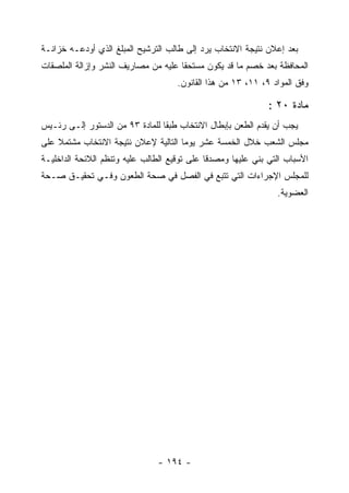 ‫ﺒﻌﺩ ﺇﻋﻼﻥ ﻨﺘﻴﺠﺔ ﺍﻻﻨﺘﺨﺎﺏ ﻴﺭﺩ ﺇﻟﻰ ﻁﺎﻟﺏ ﺍﻟﺘﺭﺸﻴﺢ ﺍﻟﻤﺒﻠﻎ ﺍﻟﺫﻱ ﺃﻭﺩﻋـﻪ ﺨﺯﺍﻨـﺔ‬
‫ﺍﻟﻤﺤﺎﻓﻅﺔ ﺒﻌﺩ ﺨﺼﻡ ﻤﺎ ﻗﺩ ﻴﻜﻭﻥ ﻤﺴﺘﺤ ﹰﺎ ﻋﻠﻴﻪ ﻤﻥ ﻤﺼﺎﺭﻴﻑ ﺍﻟﻨﺸﺭ ﻭﺇﺯﺍﻟﺔ ﺍﻟﻤﻠﺼﻘﺎﺕ‬
                                      ‫ﻘ‬
                                     ‫ﻭﻓﻕ ﺍﻟﻤﻭﺍﺩ ٩، ١١، ٣١ ﻤﻥ ﻫﺫﺍ ﺍﻟﻘﺎﻨﻭﻥ.‬

                                                               ‫ﻤﺎﺩﺓ ٠٢ :‬
‫ﻴﺠﺏ ﺃﻥ ﻴﻘﺩﻡ ﺍﻟﻁﻌﻥ ﺒﺈﺒﻁﺎل ﺍﻻﻨﺘﺨﺎﺏ ﻁﺒ ﹰﺎ ﻟﻠﻤﺎﺩﺓ ٣٩ ﻤﻥ ﺍﻟﺩﺴﺘﻭﺭ ﺇﻟـﻰ ﺭﺌـﻴﺱ‬
                                 ‫ﻘ‬
‫ﻤﺠﻠﺱ ﺍﻟﺸﻌﺏ ﺨﻼل ﺍﻟﺨﻤﺴﺔ ﻋﺸﺭ ﻴﻭﻤﺎ ﺍﻟﺘﺎﻟﻴﺔ ﻹﻋﻼﻥ ﻨﺘﻴﺠﺔ ﺍﻻﻨﺘﺨﺎﺏ ﻤﺸﺘﻤﻼ ﻋﻠﻰ‬
‫ﺍﻷﺴﺒﺎﺏ ﺍﻟﺘﻲ ﺒﻨﻲ ﻋﻠﻴﻬﺎ ﻭﻤﺼﺩ ﹰﺎ ﻋﻠﻰ ﺘﻭﻗﻴﻊ ﺍﻟﻁﺎﻟﺏ ﻋﻠﻴﻪ ﻭﺘﻨﻅﻡ ﺍﻟﻼﺌﺤﺔ ﺍﻟﺩﺍﺨﻠﻴـﺔ‬
                                              ‫ﻗ‬              ‫‪‬‬
‫ﻟﻠﻤﺠﻠﺱ ﺍﻹﺠﺭﺍﺀﺍﺕ ﺍﻟﺘﻲ ﺘﺘﺒﻊ ﻓﻲ ﺍﻟﻔﺼل ﻓﻲ ﺼﺤﺔ ﺍﻟﻁﻌﻭﻥ ﻭﻓـﻲ ﺘﺤﻘﻴـﻕ ﺼـﺤﺔ‬
                                                                 ‫ﺍﻟﻌﻀﻭﻴﺔ.‬




                                ‫- ٤٩١ -‬
 