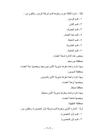 ‫ﺜﺎﻟﺜﺎ : ﺩﺍﺌﺭﺓ ﺍﻟﺜﺎﻟﺜﺔ ﻏﺭﺏ ﻭﻤﻘﺭﻫﺎ ﻗﺴﻡ ﺸﺭﻁﺔ ﻜﺭﻤﻭﺯ ﻭﺘﺘﻜﻭﻥ ﻤﻥ :‬
                                                          ‫ﹰ‬
                                              ‫١- ﻗﺴﻡ ﻜﺭﻤﻭﺯ.‬
                                                ‫٢- ﻗﺴﻡ ﺍﻟﻠﺒﺎﻥ.‬
                                              ‫٣- ﻗﺴﻡ ﺍﻟﺠﻤﺭﻙ.‬
                                           ‫٤- ﻗﺴﻡ ﻤﻴﻨﺎ ﺍﻟﺒﺼل.‬
                                               ‫٥- ﻗﺴﻡ ﺍﻟﺩﺨﻴﻠﺔ.‬
                                             ‫٦- ﻗﺴﻡ ﺍﻟﻌﺎﻤﺭﻴﺔ.‬
                                              ‫٧- ﻗﺴﻡ ﺍﻟﻤﻨﺸﻴﺔ.‬
                                ‫ﻭﻴﺨﺹ ﻫﺫﻩ ﺍﻟﺩﺍﺌﺭﺓ ﺘﺴﻌﺔ ﺃﻋﻀﺎﺀ.‬
                                              ‫ﻤﺤﺎﻓﻅﺔ ﺒﻭﺭﺴﻌﻴﺩ:‬
‫ﻭﺒﻬﺎ ﺩﺍﺌﺭﺓ ﻭﺍﺤﺩﺓ ﻤﻘﺭﻫﺎ ﻤﺩﻴﺭﻴﺔ ﺍﻷﻤﻥ ﺒﺒﻭﺭﺴﻌﻴﺩ ﻭﻴﺨﺼﻬﺎ ﺴﺘﺔ ﺃﻋﻀﺎﺀ.‬
                                               ‫ﻤﺤﺎﻓﻅﺔ ﺍﻟﺴﻭﻴﺱ:‬
                   ‫ﻭﺒﻬﺎ ﺩﺍﺌﺭﺓ ﻭﺍﺤﺩﺓ ﻤﻘﺭﻫﺎ ﻤﺩﻴﺭﻴﺔ ﺍﻷﻤﻥ ﺒﺎﻟﺴﻭﻴﺱ.‬
                                         ‫ﻭﻴﺨﺼﻬﺎ ﺃﺭﺒﻌﺔ ﺃﻋﻀﺎﺀ.‬
                                                  ‫ﻤﺤﺎﻓﻅ ﺩﻤﻴﺎﻁ.‬
                    ‫ﻭﺒﻬﺎ ﺩﺍﺌﺭﺓ ﻭﺍﺤﺩﺓ ﻭﻤﻘﺭﻫﺎ ﻤﺩﻴﺭﻴﺔ ﺍﻷﻤﻥ ﺒﺩﻤﻴﺎﻁ.‬
                                         ‫ﻭﻴﺨﺼﻬﺎ ﺜﻤﺎﻨﻴﺔ ﺃﻋﻀﺎﺀ.‬
                                               ‫ﻤﺤﺎﻓﻅﺔ ﺍﻟﺩﻗﻬﻠﻴﺔ:‬
‫ﺃﻭﻻ : ﺍﻟﺩﺍﺌﺭﺓ ﺍﻷﻭﻟﻰ ﻭﻤﻘﺭﻫﺎ ﻗﺴﻡ ﺸﺭﻁﺔ ﺃﻭل ﺍﻟﻤﻨﺼﻭﺭﺓ، ﻭﺘﺘﻜﻭﻥ ﻤﻥ :‬
                                       ‫١- ﻗﺴﻡ ﺃﻭل ﺍﻟﻤﻨﺼﻭﺭﺓ.‬
                                        ‫٢- ﻗﺴﻡ ﺜﺎﻥ ﺍﻟﻤﻨﺼﻭﺭﺓ.‬


                       ‫- ٩٠٢ -‬
 