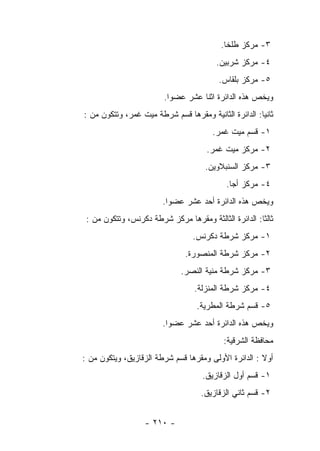 ‫٣- ﻤﺭﻜﺯ ﻁﻠﺨﺎ.‬
                                         ‫٤- ﻤﺭﻜﺯ ﺸﺭﺒﻴﻥ.‬
                                          ‫٥- ﻤﺭﻜﺯ ﺒﻠﻘﺎﺱ.‬
                         ‫ﻭﻴﺨﺹ ﻫﺫﻩ ﺍﻟﺩﺍﺌﺭﺓ ﺍﺜﻨﺎ ﻋﺸﺭ ﻋﻀﻭﺍ.‬
‫ﺜﺎﻨﻴﺎ: ﺍﻟﺩﺍﺌﺭﺓ ﺍﻟﺜﺎﻨﻴﺔ ﻭﻤﻘﺭﻫﺎ ﻗﺴﻡ ﺸﺭﻁﺔ ﻤﻴﺕ ﻏﻤﺭ، ﻭﺘﺘﻜﻭﻥ ﻤﻥ :‬
                                                       ‫‪‬‬
                                        ‫١- ﻗﺴﻡ ﻤﻴﺕ ﻏﻤﺭ.‬
                                      ‫٢- ﻤﺭﻜﺯ ﻤﻴﺕ ﻏﻤﺭ.‬
                                     ‫٣- ﻤﺭﻜﺯ ﺍﻟﺴﻨﺒﻼﻭﻴﻥ.‬
                                            ‫٤- ﻤﺭﻜﺯ ﺃﺠﺎ.‬
                        ‫ﻭﻴﺨﺹ ﻫﺫﻩ ﺍﻟﺩﺍﺌﺭﺓ ﺃﺤﺩ ﻋﺸﺭ ﻋﻀﻭﺍ.‬
 ‫ﺜﺎﻟﺜﺎ: ﺍﻟﺩﺍﺌﺭﺓ ﺍﻟﺜﺎﻟﺜﺔ ﻭﻤﻘﺭﻫﺎ ﻤﺭﻜﺯ ﺸﺭﻁﺔ ﺩﻜﺭﻨﺱ، ﻭﺘﺘﻜﻭﻥ ﻤﻥ :‬
                                                       ‫ﹰ‬
                                  ‫١- ﻤﺭﻜﺯ ﺸﺭﻁﺔ ﺩﻜﺭﻨﺱ.‬
                               ‫٢- ﻤﺭﻜﺯ ﺸﺭﻁﺔ ﺍﻟﻤﻨﺼﻭﺭﺓ.‬
                              ‫٣- ﻤﺭﻜﺯ ﺸﺭﻁﺔ ﻤﻨﻴﺔ ﺍﻟﻨﺼﺭ.‬
                                  ‫٤- ﻤﺭﻜﺯ ﺸﺭﻁﺔ ﺍﻟﻤﻨﺯﻟﺔ.‬
                                   ‫٥- ﻗﺴﻡ ﺸﺭﻁﺔ ﺍﻟﻤﻁﺭﻴﺔ.‬
                        ‫ﻭﻴﺨﺹ ﻫﺫﻩ ﺍﻟﺩﺍﺌﺭﺓ ﺃﺤﺩ ﻋﺸﺭ ﻋﻀﻭﺍ.‬
                                           ‫ﻤﺤﺎﻓﻅﺔ ﺍﻟﺸﺭﻗﻴﺔ:‬
‫ﺃﻭﻻ : ﺍﻟﺩﺍﺌﺭﺓ ﺍﻷﻭﻟﻰ ﻭﻤﻘﺭﻫﺎ ﻗﺴﻡ ﺸﺭﻁﺔ ﺍﻟﺯﻗﺎﺯﻴﻕ، ﻭﻴﺘﻜﻭﻥ ﻤﻥ :‬
                                     ‫١- ﻗﺴﻡ ﺃﻭل ﺍﻟﺯﻗﺎﺯﻴﻕ.‬
                                    ‫٢- ﻗﺴﻡ ﺜﺎﻨﻲ ﺍﻟﺯﻗﺎﺯﻴﻕ.‬


                   ‫- ٠١٢ -‬
 