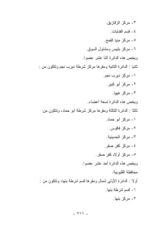 ‫٣- ﻤﺭﻜﺯ ﺍﻟﺯﻗﺎﺯﻴﻕ.‬
                                            ‫٤- ﻗﺴﻡ ﺍﻟﻘﻨﺎﻴﺎﺕ.‬
                                        ‫٥- ﻤﺭﻜﺯ ﻤﻨﻴﺎ ﺍﻟﻘﻤﺢ.‬
                             ‫٦- ﻤﺭﻜﺯ ﺒﻠﺒﻴﺱ ﻭﻤﺸﺘﻭل ﺍﻟﺴﻭﻕ.‬
                           ‫ﻭﻴﺨﺹ ﻫﺫﻩ ﺍﻟﺩﺍﺌﺭﺓ ﺍﺜﻨﺎ ﻋﺸﺭ ﻋﻀﻭﺍ.‬
‫ﺜﺎﻨﻴﺎ : ﺍﻟﺩﺍﺌﺭﺓ ﺍﻟﺜﺎﻨﻴﺔ ﻭﻤﻘﺭﻫﺎ ﻤﺭﻜﺯ ﺸﺭﻁﺔ ﺩﻴﺭﺏ ﻨﺠﻡ ﻭﺘﺘﻜﻭﻥ ﻤﻥ :‬
                                                         ‫‪‬‬
                                        ‫١- ﻤﺭﻜﺯ ﺩﻴﺭﺏ ﻨﺠﻡ.‬
                                          ‫٢- ﻤﺭﻜﺯ ﺃﺒﻭ ﻜﺒﻴﺭ.‬
                                              ‫٣- ﻤﺭﻜﺯ ﻫﻬﻴﺎ.‬
                              ‫ﻭﻴﺨﺹ ﻫﺫﻩ ﺍﻟﺩﺍﺌﺭﺓ ﺘﺴﻌﺔ ﺃﻋﻀﺎﺀ.‬
 ‫ﺜﺎﻟﺜﺎ : ﺍﻟﺩﺍﺌﺭﺓ ﺍﻟﺜﺎﻟﺜﺔ ﻭﻤﻘﺭﻫﺎ ﻤﺭﻜﺯ ﺸﺭﻁﺔ ﺃﺒﻭ ﺤﻤﺎﺩ، ﻭﺘﺘﻜﻭﻥ ﻤﻥ:‬
                                                          ‫ﹰ‬
                                         ‫١- ﻤﺭﻜﺯ ﺃﺒﻭ ﺤﻤﺎﺩ.‬
                                           ‫٢- ﻤﺭﻜﺯ ﻓﺎﻗﻭﺱ.‬
                                          ‫٣- ﻤﺭﻜﺯ ﺍﻟﺤﺴﻴﻨﻴﺔ.‬
                                        ‫٤- ﻤﺭﻜﺯ ﻜﻔﺭ ﺼﻘﺭ.‬
                                   ‫٥- ﻤﺭﻜﺯ ﺃﻭﻻﺩ ﻜﻔﺭ ﺼﻘﺭ.‬
                          ‫ﻭﻴﺨﺹ ﻫﺫﻩ ﺍﻟﺩﺍﺌﺭﺓ ﺃﺤﺩ ﻋﺸﺭ ﻋﻀﻭﺍ.‬
                                             ‫ﻤﺤﺎﻓﻅﺔ ﺍﻟﻘﻠﻴﻭﺒﻴﺔ:‬
‫ﺃﻭﻻ : ﺍﻟﺩﺍﺌﺭﺓ ﺍﻷﻭﻟﻰ ﺸﻤﺎل ﻭﻤﻘﺭﻫﺎ ﻗﺴﻡ ﺸﺭﻁﺔ ﺒﻨﻬﺎ، ﻭﺘﺘﻜﻭﻥ ﻤﻥ :‬
                                         ‫١- ﻗﺴﻡ ﺸﺭﻁﺔ ﺒﻨﻬﺎ.‬
                                              ‫٢- ﻤﺭﻜﺯ ﺒﻨﻬﺎ.‬


                     ‫- ١١٢ -‬
 