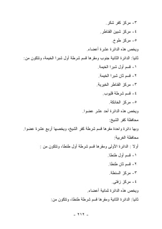 ‫٣- ﻤﺭﻜﺯ ﻜﻔﺭ ﺸﻜﺭ.‬
                                               ‫٤- ﻤﺭﻜﺯ ﺸﺒﻴﻥ ﺍﻟﻘﻨﺎﻁﺭ.‬
                                                      ‫٥- ﻤﺭﻜﺯ ﻁﻭﺥ.‬
                                       ‫ﻭﻴﺨﺹ ﻫﺫﻩ ﺍﻟﺩﺍﺌﺭﺓ ﻋﺸﺭﺓ ﺃﻋﻀﺎﺀ.‬
‫ﺜﺎﻨﻴﺎ: ﺍﻟﺩﺍﺌﺭﺓ ﺍﻟﺜﺎﻨﻴﺔ ﺠﻨﻭﺏ ﻭﻤﻘﺭﻫﺎ ﻗﺴﻡ ﺸﺭﻁﺔ ﺃﻭل ﺸﺒﺭﺍ ﺍﻟﺨﻴﻤﺔ، ﻭﺘﺘﻜﻭﻥ ﻤﻥ:‬
                                             ‫١- ﻗﺴﻡ ﺃﻭل ﺸﺒﺭﺍ ﺍﻟﺨﻴﻤﺔ.‬
                                              ‫٢- ﻗﺴﻡ ﺜﺎﻥ ﺸﺒﺭﺍ ﺍﻟﺨﻴﻤﺔ.‬
                                             ‫٣- ﻤﺭﻜﺯ ﺍﻟﻘﻨﺎﻁﺭ ﺍﻟﺨﻴﺭﻴﺔ.‬
                                                ‫٤- ﻗﺴﻡ ﺸﺭﻁﺔ ﻗﻠﻴﻭﺏ.‬
                                                    ‫٥- ﻤﺭﻜﺯ ﺍﻟﺨﺎﻨﻜﺔ.‬
                                    ‫ﻭﻴﺨﺹ ﻫﺫﻩ ﺍﻟﺩﺍﺌﺭﺓ ﺃﺤﺩ ﻋﺸﺭ ﻋﻀﻭﺍ.‬
                                                     ‫ﻤﺤﺎﻓﻅﺔ ﻜﻔﺭ ﺍﻟﺸﻴﺦ:‬
‫ﻭﺒﻬﺎ ﺩﺍﺌﺭﺓ ﻭﺍﺤﺩﺓ ﻤﻘﺭﻫﺎ ﻗﺴﻡ ﺸﺭﻁﺔ ﻜﻔﺭ ﺍﻟﺸﻴﺦ، ﻭﻴﺨﺼﻬﺎ ﺃﺭﺒﻊ ﻋﺸﺭﺓ ﻋﻀﻭﺍ.‬
                                                       ‫ﻤﺤﺎﻓﻅﺔ ﺍﻟﻐﺭﺒﻴﺔ:‬
          ‫ﺃﻭﻻ : ﺍﻟﺩﺍﺌﺭﺓ ﺍﻷﻭﻟﻰ ﻭﻤﻘﺭﻫﺎ ﻗﺴﻡ ﺸﺭﻁﺔ ﺃﻭل ﻁﻨﻁﺎ، ﻭﺘﺘﻜﻭﻥ ﻤﻥ :‬
                                                    ‫١- ﻗﺴﻡ ﺃﻭل ﻁﻨﻁﺎ.‬
                                                    ‫٢- ﻗﺴﻡ ﺜﺎﻥ ﻁﻨﻁﺎ.‬
                                                    ‫٣- ﻤﺭﻜﺯ ﺍﻟﺴﻨﻁﺔ.‬
                                                      ‫٤- ﻤﺭﻜﺯ ﺯﻓﺘﻰ.‬
                                       ‫ﻭﻴﺨﺹ ﻫﺫﻩ ﺍﻟﺩﺍﺌﺭﺓ ﺜﻤﺎﻨﻴﺔ ﺃﻋﻀﺎﺀ.‬
                ‫ﺜﺎﻨﻴﺎ: ﺍﻟﺩﺍﺌﺭﺓ ﺍﻟﺜﺎﻨﻴﺔ ﻭﻤﻘﺭﻫﺎ ﻗﺴﻡ ﺸﺭﻁﺔ ﻁﻨﻁﺎ، ﻭﺘﺘﻜﻭﻥ ﻤﻥ:‬
                                                                   ‫‪‬‬


                              ‫- ٢١٢ -‬
 