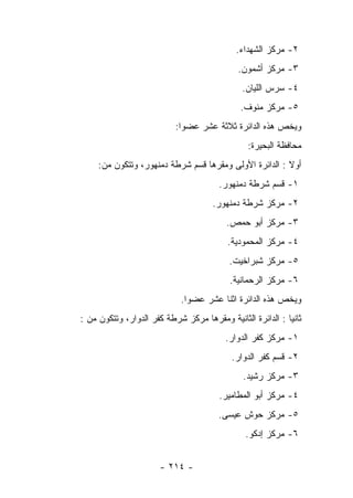 ‫٢- ﻤﺭﻜﺯ ﺍﻟﺸﻬﺩﺍﺀ.‬
                                             ‫٣- ﻤﺭﻜﺯ ﺃﺸﻤﻭﻥ.‬
                                              ‫٤- ﺴﺭﺱ ﺍﻟﻠﻴﺎﻥ.‬
                                              ‫٥- ﻤﺭﻜﺯ ﻤﻨﻭﻑ.‬
                           ‫ﻭﻴﺨﺹ ﻫﺫﻩ ﺍﻟﺩﺍﺌﺭﺓ ﺜﻼﺜﺔ ﻋﺸﺭ ﻋﻀﻭﺍ:‬
                                                ‫ﻤﺤﺎﻓﻅﺔ ﺍﻟﺒﺤﻴﺭﺓ:‬
     ‫ﺃﻭﻻ : ﺍﻟﺩﺍﺌﺭﺓ ﺍﻷﻭﻟﻰ ﻭﻤﻘﺭﻫﺎ ﻗﺴﻡ ﺸﺭﻁﺔ ﺩﻤﻨﻬﻭﺭ، ﻭﺘﺘﻜﻭﻥ ﻤﻥ:‬
                                        ‫١- ﻗﺴﻡ ﺸﺭﻁﺔ ﺩﻤﻨﻬﻭﺭ.‬
                                      ‫٢- ﻤﺭﻜﺯ ﺸﺭﻁﺔ ﺩﻤﻨﻬﻭﺭ.‬
                                          ‫٣- ﻤﺭﻜﺯ ﺃﺒﻭ ﺤﻤﺹ.‬
                                          ‫٤- ﻤﺭﻜﺯ ﺍﻟﻤﺤﻤﻭﺩﻴﺔ.‬
                                           ‫٥- ﻤﺭﻜﺯ ﺸﺒﺭﺍﺨﻴﺕ.‬
                                           ‫٦- ﻤﺭﻜﺯ ﺍﻟﺭﺤﻤﺎﻨﻴﺔ.‬
                             ‫ﻭﻴﺨﺹ ﻫﺫﻩ ﺍﻟﺩﺍﺌﺭﺓ ﺍﺜﻨﺎ ﻋﺸﺭ ﻋﻀﻭﺍ.‬
‫ﺜﺎﻨﻴﺎ : ﺍﻟﺩﺍﺌﺭﺓ ﺍﻟﺜﺎﻨﻴﺔ ﻭﻤﻘﺭﻫﺎ ﻤﺭﻜﺯ ﺸﺭﻁﺔ ﻜﻔﺭ ﺍﻟﺩﻭﺍﺭ، ﻭﺘﺘﻜﻭﻥ ﻤﻥ :‬
                                                            ‫‪‬‬
                                          ‫١- ﻤﺭﻜﺯ ﻜﻔﺭ ﺍﻟﺩﻭﺍﺭ.‬
                                           ‫٢- ﻗﺴﻡ ﻜﻔﺭ ﺍﻟﺩﻭﺍﺭ.‬
                                               ‫٣- ﻤﺭﻜﺯ ﺭﺸﻴﺩ.‬
                                        ‫٤- ﻤﺭﻜﺯ ﺃﺒﻭ ﺍﻟﻤﻁﺎﻤﻴﺭ.‬
                                        ‫٥- ﻤﺭﻜﺯ ﺤﻭﺵ ﻋﻴﺴﻰ.‬
                                               ‫٦- ﻤﺭﻜﺯ ﺇﺩﻜﻭ.‬


                       ‫- ٤١٢ -‬
 