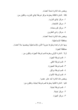 ‫ﻭﻴﺨﺹ ﻫﺫﻩ ﺍﻟﺩﺍﺌﺭﺓ ﺘﺴﻌﺔ ﺃﻋﻀﺎﺀ.‬
    ‫ﺜﺎﻟﺜﺎ : ﺍﻟﺩﺍﺌﺭﺓ ﺍﻟﺜﺎﻟﺜﺔ ﻭﻤﻘﺭﻫﺎ ﻤﺭﻜﺯ ﺸﺭﻁﺔ ﺇﻴﺘﺎﻱ ﺍﻟﺒﺎﺭﻭﺩ، ﻭﺘﺘﻜﻭﻥ ﻤﻥ:‬
                                                                  ‫ﹰ‬
                                             ‫١- ﻤﺭﻜﺯ ﺇﻴﺘﺎﻱ ﺍﻟﺒﺎﺭﻭﺩ.‬
                                                 ‫٢- ﻤﺭﻜﺯ ﺍﻟﺩﻟﻨﺠﺎﺕ.‬
                                               ‫٣- ﻤﺭﻜﺯ ﻜﻭﻡ ﺤﻤﺎﺩﺓ.‬
                                           ‫٤- ﻤﺭﻜﺯ ﻭﺍﺩﻱ ﺍﻟﻨﻁﺭﻭﻥ.‬
                                     ‫ﻭﻴﺨﺹ ﻫﺫﻩ ﺍﻟﺩﺍﺌﺭﺓ ﺘﺴﻌﺔ ﺃﻋﻀﺎﺀ.‬
                                                  ‫ﻤﺤﺎﻓﻅﺔ ﺍﻹﺴﻤﺎﻋﻴﻠﻴﺔ:‬
‫ﻭﺒﻬﺎ ﺩﺍﺌﺭﺓ ﻭﺍﺤﺩﺓ ﻭﻤﻘﺭﻫﺎ ﻤﺩﻴﺭﻴﺔ ﺍﻷﻤﻥ ﺒﺎﻹﺴﻤﺎﻋﻴﻠﻴﺔ ﻭﻴﺨﺼﻬﺎ ﺴﺘﺔ ﺃﻋﻀﺎﺀ.‬
                                                       ‫ﻤﺤﺎﻓﻅﺔ ﺍﻟﺠﻴﺯﺓ:‬
          ‫ﺃﻭﻻ : ﺍﻟﺩﺍﺌﺭﺓ ﺍﻷﻭﻟﻰ ﻭﻤﻘﺭﻫﺎ ﻗﺴﻡ ﺸﺭﻁﺔ ﺍﻟﺠﻴﺯﺓ، ﻭﺘﺘﻜﻭﻥ ﻤﻥ :‬
                                              ‫١- ﻗﺴﻡ ﺸﺭﻁﺔ ﺍﻟﺠﻴﺯﺓ.‬
                                               ‫٢- ﻗﺴﻡ ﺸﺭﻁﺔ ﺍﻟﺩﻗﻲ.‬
                                             ‫٣- ﻗﺴﻡ ﺸﺭﻁﺔ ﺍﻟﻌﺠﻭﺯﺓ.‬
                                               ‫٤- ﻗﺴﻡ ﺸﺭﻁﺔ ﺒﻭﻻﻕ.‬
                                             ‫٥- ﻗﺴﻡ ﺸﺭﻁﺔ ﺍﻷﻫﺭﺍﻡ.‬
                                  ‫ﻭﻴﺨﺹ ﻫﺫﻩ ﺍﻟﺩﺍﺌﺭﺓ ﺃﺤﺩ ﻋﺸﺭ ﻋﻀﻭﺍ.‬
            ‫ﺜﺎﻨﻴﺎ : ﺍﻟﺩﺍﺌﺭﺓ ﺍﻟﺜﺎﻨﻴﺔ ﻭﻤﻘﺭﻫﺎ ﻗﺴﻡ ﺸﺭﻁﺔ ﺇﻤﺒﺎﺒﺔ، ﻭﺘﺘﻜﻭﻥ ﻤﻥ:‬
                                                                  ‫‪‬‬
                                               ‫١- ﻗﺴﻡ ﺸﺭﻁﺔ ﺇﻤﺒﺎﺒﺔ.‬
                                                    ‫٢- ﻤﺭﻜﺯ ﺇﻤﺒﺎﺒﺔ.‬
                                                   ‫٣- ﻤﺭﻜﺯ ﺍﻟﺠﻴﺯﺓ.‬


                            ‫- ٥١٢ -‬
 