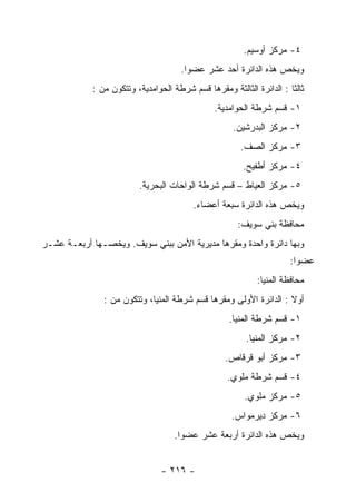 ‫٤- ﻤﺭﻜﺯ ﺃﻭﺴﻴﻡ.‬
                                     ‫ﻭﻴﺨﺹ ﻫﺫﻩ ﺍﻟﺩﺍﺌﺭﺓ ﺃﺤﺩ ﻋﺸﺭ ﻋﻀﻭﺍ.‬
            ‫ﺜﺎﻟﺜﺎ : ﺍﻟﺩﺍﺌﺭﺓ ﺍﻟﺜﺎﻟﺜﺔ ﻭﻤﻘﺭﻫﺎ ﻗﺴﻡ ﺸﺭﻁﺔ ﺍﻟﺤﻭﺍﻤﺩﻴﺔ، ﻭﺘﺘﻜﻭﻥ ﻤﻥ :‬
                                                                      ‫ﹰ‬
                                               ‫١- ﻗﺴﻡ ﺸﺭﻁﺔ ﺍﻟﺤﻭﺍﻤﺩﻴﺔ.‬
                                                     ‫٢- ﻤﺭﻜﺯ ﺍﻟﺒﺩﺭﺸﻴﻥ.‬
                                                       ‫٣- ﻤﺭﻜﺯ ﺍﻟﺼﻑ.‬
                                                        ‫٤- ﻤﺭﻜﺯ ﺃﻁﻔﻴﺢ.‬
                         ‫٥- ﻤﺭﻜﺯ ﺍﻟﻌﻴﺎﻁ – ﻗﺴﻡ ﺸﺭﻁﺔ ﺍﻟﻭﺍﺤﺎﺕ ﺍﻟﺒﺤﺭﻴﺔ.‬
                                         ‫ﻭﻴﺨﺹ ﻫﺫﻩ ﺍﻟﺩﺍﺌﺭﺓ ﺴﺒﻌﺔ ﺃﻋﻀﺎﺀ.‬
                                                      ‫ﻤﺤﺎﻓﻅﺔ ﺒﻨﻲ ﺴﻭﻴﻑ:‬
‫ﻭﺒﻬﺎ ﺩﺍﺌﺭﺓ ﻭﺍﺤﺩﺓ ﻭﻤﻘﺭﻫﺎ ﻤﺩﻴﺭﻴﺔ ﺍﻷﻤﻥ ﺒﺒﻨﻲ ﺴﻭﻴﻑ. ﻭﻴﺨﺼـﻬﺎ ﺃﺭﺒﻌـﺔ ﻋﺸـﺭ‬
                                                                      ‫ﻋﻀﻭﺍ:‬
                                                            ‫ﻤﺤﺎﻓﻅﺔ ﺍﻟﻤﻨﻴﺎ:‬
               ‫ﺃﻭﻻ : ﺍﻟﺩﺍﺌﺭﺓ ﺍﻷﻭﻟﻰ ﻭﻤﻘﺭﻫﺎ ﻗﺴﻡ ﺸﺭﻁﺔ ﺍﻟﻤﻨﻴﺎ، ﻭﺘﺘﻜﻭﻥ ﻤﻥ :‬
                                                    ‫١- ﻗﺴﻡ ﺸﺭﻁﺔ ﺍﻟﻤﻨﻴﺎ.‬
                                                         ‫٢- ﻤﺭﻜﺯ ﺍﻟﻤﻨﻴﺎ.‬
                                                  ‫٣- ﻤﺭﻜﺯ ﺃﺒﻭ ﻗﺭﻗﺎﺹ.‬
                                                   ‫٤- ﻗﺴﻡ ﺸﺭﻁﺔ ﻤﻠﻭﻱ.‬
                                                        ‫٥- ﻤﺭﻜﺯ ﻤﻠﻭﻱ.‬
                                                    ‫٦- ﻤﺭﻜﺯ ﺩﻴﺭﻤﻭﺍﺱ.‬
                                    ‫ﻭﻴﺨﺹ ﻫﺫﻩ ﺍﻟﺩﺍﺌﺭﺓ ﺃﺭﺒﻌﺔ ﻋﺸﺭ ﻋﻀﻭﺍ.‬


                                ‫- ٦١٢ -‬
 