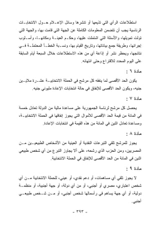 ‫ﺍﺴﺘﻁﻼﻋﺎﺕ ﺍﻟﺭﺃﻱ ﺍﻟﺘﻲ ﺘﺫﻴﻌﻬﺎ ﺃﻭ ﺘﻨﺸﺭﻫﺎ ﻭﺴﺎﺌل ﺍﻹﻋـﻼﻡ ﺤـﻭل ﺍﻻﻨﺘﺨﺎﺒـﺎﺕ‬
‫ﺍﻟﺭﺌﺎﺴﻴﺔ ﻴﺠﺏ ﺃﻥ ﺘﺘﻀﻤﻥ ﺍﻟﻤﻌﻠﻭﻤﺎﺕ ﺍﻟﻜﺎﻤﻠﺔ ﻋﻥ ﺍﻟﺠﻬﺔ ﺍﻟﺘﻲ ﻗﺎﻤﺕ ﺒﻬﺎ، ﻭﺍﻟﺠﻬﺔ ﺍﻟﺘﻲ‬
‫ﺘﻭﻟﺕ ﺘﻤﻭﻴﻠﻬﺎ، ﻭﺍﻷﺴﺌﻠﺔ ﺍﻟﺘﻲ ﺍﺸﺘﻤﻠﺕ ﻋﻠﻴﻬﺎ، ﻭﺤﻜـﻡ ﺍﻟﻌﻴﻨـﺔ ﻭﻤﻜﺎﻨﻬـﺎ، ﻭﺃﺴـﻠﻭﺏ‬
‫ﺇﺠﺭﺍﺌﻬﺎ، ﻭﻁﺭﻴﻘﺔ ﺠﻤﻊ ﺒﻴﺎﻨﺎﺘﻬﺎ، ﻭﺘﺎﺭﻴﺦ ﺍﻟﻘﻴﺎﻡ ﺒﻬﺎ، ﻭﻨﺴـﺒﺔ ﺍﻟﺨﻁـﺄ ﺍﻟﻤﺤﺘﻤﻠـﺔ ﻓـﻲ‬
‫ﻨﺘﺎﺌﺠﻬﺎ، ﻭﻴﺤﻅﺭ ﻨﺸﺭ ﺃﻭ ﺇﺫﺍﻋﺔ ﺃﻱ ﻤﻥ ﻫﺫﻩ ﺍﻻﺴﺘﻁﻼﻋﺎﺕ ﺨﻼل ﺍﻟﺴﺒﻌﺔ ﺃﻴﺎﻡ ﺍﻟﺴﺎﺒﻘﺔ‬
                                      ‫ﻋﻠﻰ ﺍﻟﻴﻭﻡ ﺍﻟﻤﺤﺩﺩ ﻟﻼﻗﺘﺭﺍﻉ ﻭﺤﺘﻰ ﺍﻨﺘﻬﺎﺌﻪ.‬

                                                                   ‫ﻤﺎﺩﺓ ٦ :‬
‫ﻴﻜﻭﻥ ﺍﻟﺤﺩ ﺍﻷﻗﺼﻰ ﻟﻤﺎ ﻴﻨﻔﻘﻪ ﻜل ﻤﺭﺸﺢ ﻓﻲ ﺍﻟﺤﻤﻠﺔ ﺍﻻﻨﺘﺨﺎﺒﻴـﺔ ﻋﺸـﺭﺓ ﻤﻼﻴـﻴﻥ‬
        ‫ﺠﻨﻴﻪ، ﻭﻴﻜﻭﻥ ﺍﻟﺤﺩ ﺍﻷﻗﺼﻰ ﻟﻺﻨﻔﺎﻕ ﻓﻲ ﺤﺎﻟﺔ ﺍﻨﺘﺨﺎﺒﺎﺕ ﺍﻹﻋﺎﺩﺓ ﻤﻠﻴﻭﻨﻲ ﺠﻨﻴﻪ.‬

                                                                   ‫ﻤﺎﺩﺓ ٧ :‬
‫ﻴﺤﺼل ﻜل ﻤﺭﺸﺢ ﻟﺭﺌﺎﺴﺔ ﺍﻟﺠﻤﻬﻭﺭﻴﺔ ﻋﻠﻰ ﻤﺴﺎﻋﺩﺓ ﻤﺎﻟﻴﺔ ﻤﻥ ﺍﻟﺩﻭﻟﺔ ﺘﻌﺎﺩل ﺨﻤﺴﺔ‬
‫ﻓﻲ ﺍﻟﻤﺎﺌﺔ ﻤﻥ ﻗﻴﻤﺔ ﺍﻟﺤﺩ ﺍﻷﻗﺼﻰ ﻟﻸﻤﻭﺍل ﺍﻟﺘﻲ ﻴﺠﻭﺯ ﺇﻨﻔﺎﻗﻬﺎ ﻓﻲ ﺍﻟﺤﻤﻠﺔ ﺍﻻﻨﺘﺨﺎﺒﻴـﺔ،‬
              ‫ﻭﻤﺴﺎﻋﺩﺓ ﺘﻌﺎﺩل ﺍﺜﻨﻴﻥ ﻓﻲ ﺍﻟﻤﺎﺌﺔ ﻤﻥ ﻫﺫﻩ ﺍﻟﻘﻴﻤﺔ ﻓﻲ ﺍﻨﺘﺨﺎﺒﺎﺕ ﺍﻹﻋﺎﺩﺓ.‬

                                                                   ‫ﻤﺎﺩﺓ ٨ :‬
‫ﻴﺠﻭﺯ ﻟﻠﻤﺭﺸﺢ ﺘﻠﻘﻲ ﺍﻟﺘﺒﺭﻋﺎﺕ ﺍﻟﻨﻘﺩﻴﺔ ﺃﻭ ﺍﻟﻌﻴﻨﻴﺔ ﻤﻥ ﺍﻷﺸﺨﺎﺹ ﺍﻟﻁﺒﻴﻌﻴـﻴﻥ ﻤـﻥ‬
‫ﺍﻟﻤﺼﺭﻴﻴﻥ، ﻭﻤﻥ ﺍﻟﺤﺯﺏ ﺍﻟﺫﻱ ﺭﺸﺤﻪ، ﻋﻠﻰ ﺃﻻ ﻴﺠﺎﻭﺯ ﺍﻟﺘﺒﺭﻉ ﻤﻥ ﺃﻱ ﺸﺨﺹ ﻁﺒﻴﻌﻲ‬
                   ‫ﺍﺜﻨﻴﻥ ﻓﻲ ﺍﻟﻤﺎﺌﺔ ﻤﻥ ﺍﻟﺤﺩ ﺍﻷﻗﺼﻰ ﻟﻺﻨﻔﺎﻕ ﻓﻲ ﺍﻟﺤﻤﻠﺔ ﺍﻻﻨﺘﺨﺎﺒﻴﺔ.‬

                                                                   ‫ﻤﺎﺩﺓ ٩ :‬
‫ﻻ ﻴﺠﻭﺯ ﺘﻠﻘﻲ ﺃﻱ ﻤﺴﺎﻫﻤﺎﺕ، ﺃﻭ ﺩﻋﻡ ﻨﻘﺩﻱ، ﺃﻭ ﻋﻴﻨﻲ، ﻟﻠﺤﻤﻠﺔ ﺍﻻﻨﺘﺨﺎﺒﻴﺔ ﻤـﻥ ﺃﻱ‬
‫ﺸﺨﺹ ﺍﻋﺘﺒﺎﺭﻱ، ﻤﺼﺭﻱ ﺃﻭ ﺃﺠﻨﺒﻲ، ﺃﻭ ﻤﻥ ﺃﻱ ﺩﻭﻟﺔ، ﺃﻭ ﺠﻬﺔ ﺃﺠﻨﺒﻴﺔ، ﺃﻭ ﻤﻨﻅﻤـﺔ‬
‫ﺩﻭﻟﻴﺔ، ﺃﻭ ﺃﻱ ﺠﻬﺔ ﻴﺴﺎﻫﻡ ﻓﻲ ﺭﺃﺴﻤﺎﻟﻬﺎ ﺸﺨﺹ ﺃﺠﻨﺒﻲ، ﺃﻭ ﻤـﻥ ﺸـﺨﺹ ﻁﺒﻴﻌـﻲ‬
                                                                      ‫ﺃﺠﻨﺒﻲ.‬

                                 ‫- ٣٩٣ -‬
 