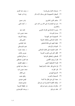 ‫ﺩ. ﺯﻴﻨﺏ ﻋﺒﺩ ﺍﻟﻌﺯﻴﺯ‬                 ‫١٢. ﺘﺭﺠﻤﺎﺕ ﺍﻟﻘﺭﺁﻥ ﻓﻲ ﻓﺭﻨﺴﺎ‬
        ‫ﺯﻴﺎﺩ ﺃﺒﻭ ﻏﻨﻴﻤﺔ‬      ‫٢٢. ﺍﻟﺴﻴﻁﺭﺓ ﺍﻟﺼﻬﻴﻭﻨﻴﺔ ﻋﻠﻰ ﻭﺴﺎﺌل ﺍﻹﻋـﻼﻡ‬
                                                           ‫ﺍﻟﻌﺎﻟﻤﻴﺔ‬
          ‫ﻴﺎﺴﺭ ﺤﺴﻴﻥ‬                         ‫٣٢. ﺴﻔﺎﺤﻭ ﺍﻟﻘﺭﻥ ﺍﻟﻌﺸﺭﻴﻥ‬
         ‫ﺩ. ﺃﺤﻤﺩ ﺸﻠﺒﻲ‬       ‫٤٢. ﺼﺭﺍﻉ ﺍﻟﺤﻀﺎﺭﺍﺕ ﻓﻲ ﺍﻟﻘـﺭﻥ ﺍﻟﺤـﺎﺩﻱ‬
                                                         ‫ﻭﺍﻟﻌﺸﺭﻴﻥ‬
           ‫ﺜﺎﺒﺕ ﻋﻴﺩ‬               ‫٥٢. ﺼﻭﺭﺓ ﺍﻹﺴﻼﻡ ﻓﻲ ﺍﻟﺘﺭﺍﺙ ﺍﻟﻐﺭﺒﻲ‬
       ‫ﻤﺤﻤﺩ ﻋﻴﺴﻰ ﺩﺍﻭﺩ‬                             ‫٦٢. ﺼﺩﺍﻡ ﺍﻟﻨﺒﻭﺀﺍﺕ‬
        ‫ﺭﻴﺠﻴﻨﺎ ﺍﻟﺸﺭﻴﻑ‬                     ‫٧٢. ﺍﻟﺼﻬﻴﻭﻨﻴﺔ ﻏﻴﺭ ﺍﻟﻴﻬﻭﺩﻴﺔ‬
           ‫ﻓﺘﺤﻲ ﻴﻜﻥ‬                 ‫٨٢. ﺍﻟﻌﺎﻟﻡ ﺍﻹﺴﻼﻤﻲ ﻭﺍﻟﻤﻜﺎﺌﺩ ﺍﻟﺩﻭﻟﻴﺔ‬
         ‫ﻋﺎﺒﺩ ﺍﻟﻬﺎﺸﻤﻲ‬                ‫٩٢. ﻋﻘﻴﺩﺓ ﺍﻟﻴﻬﻭﺩ ﻓﻲ ﺘﻤﻠﻙ ﻓﻠﺴﻁﻴﻥ‬
        ‫ﻨﻌﻭﻡ ﺘﺸﻭﻤﺴﻜﻲ‬                            ‫٠٣. ﺍﻟﻌﻭﻟﻤﺔ ﻭﺍﻹﺭﻫﺎﺏ‬
        ‫ﺩ. ﻤﺤﻤﺩ ﻋﻤﺎﺭﺓ‬            ‫١٣. ﺍﻟﻐﺎﺭﺓ ﺍﻟﺠﺩﻴﺩﺓ ﻋﻠﻰ ﺍﻟﻌﺎﻟﻡ ﺍﻹﺴﻼﻤﻲ‬
         ‫ﺠﺭﻴﺱ ﻫﺎﻟﺴل‬                 ‫٢٣. ﺍﻟﻔﻜﺭ ﺍﻟﺘﻭﺭﺍﺘﻲ ﻭﺍﻟﺤﺭﺏ ﺍﻟﻨﻭﻭﻴﺔ‬
       ‫ﺩ. ﺼﻼﺡ ﺍﻟﺨﺎﻟﺩﻱ‬                    ‫٣٣. ﻓﻠﺴﻁﻴﻥ ﻭﺍﻟﺤﻘﺎﺌﻕ ﺍﻟﻘﺭﺁﻨﻴﺔ‬
      ‫ﻋﺒﺩ ﺍﻟﻌﺯﻴﺯ ﻤﺼﻁﻔﻰ‬                       ‫٤٣. ﻗﺒل ﺃﻥ ﻴﻬﺩﻡ ﺍﻷﻗﺼﻰ‬
       ‫ﺩ. ﺘﻭﻓﻴﻕ ﺍﻟﻁﻭﻴل‬                     ‫٥٣. ﻗﺼﺔ ﺍﻻﻀﻁﻬﺎﺩ ﺍﻟﺩﻴﻨﻲ‬
      ‫ﺩ. ﺠﻤﺎل ﻋﺒﺩ ﺍﻟﻬﺎﺩﻱ‬          ‫٦٣. ﻗﺭﺍﺀﺓ ﻓﻲ ﻓﻜﺭ ﻋﻠﻤﺎﺀ ﺍﻹﺴﺘﺭﺍﺘﻴﺠﻴﺔ‬
       ‫ﻤﺤﻤﺩ ﻋﻴﺴﻰ ﺩﺍﻭﺩ‬                                 ‫٧٣. ﻜﻨﺯ ﺍﻟﻔﺭﺍﺕ‬
           ‫ﻤﻨﻰ ﻜﺎﻅﻡ‬                               ‫٨٣. ﺍﻟﻤﺴﻴﺢ ﺍﻟﻴﻬﻭﺩﻱ‬
          ‫ﺭﻓﻴﻕ ﺤﺒﻴﺏ‬                             ‫٩٣. ﺍﻟﻤﺴﻴﺤﻴﺔ ﻭﺍﻟﺤﺭﺏ‬
         ‫ﻓﻬﻤﻲ ﻫﻭﻴﺩﻱ‬                  ‫٠٤. ﻤﺠﺩ ‪‬ﺍ ﺇﻟﻰ ﻤﺘﻰ ﺘﻅل ﺒﻼ ﺃﻟﺴﻨﺔ‬
                                                           ‫ﺩ‬
         ‫ﻤﺠﺩﻱ ﻨﺼﻴﻑ‬              ‫١٤. ﻤﻭﻗﻑ ﺍﻟﻜﻨﻴﺴﺔ ﺍﻟﻤﺼﺭﻴﺔ ﻤﻥ ﺇﺴﺭﺍﺌﻴل‬
       ‫ﺩﺍﺭ ﺍﻟﻴﻘﻅﺔ ﺍﻟﻌﺭﺒﻴﺔ‬          ‫٢٤. ﻤﺫﻜﺭﺍﺕ ﻭﺍﻴﺯﻤﺎﻥ ﺯﻋﻴﻡ ﺇﺴﺭﺍﺌﻴل‬
      ‫ﺩ. ﻴﻭﺴﻑ ﺍﻟﻘﺭﻀﺎﻭﻱ‬                              ‫٣٤. ﻤﻠﻑ ﺇﺴﺭﺍﺌﻴل‬




‫٢٠١‬
 