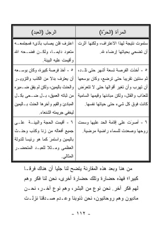 ‫ﺍﻟﺭﺠل )ﺍﻟﻌﺒﺩ(‬                        ‫ﺍﻟﻤﺭﺃﺓ )ﺍﻟﺤﺭﺓ(‬
                                                 ‫َ‬
                                                 ‫ّ‬
‫ﺴﺘﻤﻭﺕ ﻨﺘﻴﺠﺔ ﻟﻬﺫﺍ ﺍﻻﻋﺘﺭﺍﻑ، ﻭﻟﻜﻨﻬﺎ ﺁﺜﺭﺕ ﺍﻋﺘﺭﻑ ﻓﻠﻥ ﻴﺼﺎﺏ ﺒﺄﺫﻯ؛ ﻓﻤﺠﺘﻤﻌـﻪ‬
‫ﻤﺘﻌﻭﺩ ﺩﺍﻴ ‪‬ـﺎ، ﻭﻟﻜـﻥ ﻓﻀـﺤﻪ ﺍﷲ‬
                  ‫ﻤ‬                            ‫ﺃﻥ ﺘﻀﺤﻲ ﺒﺤﻴﺎﺘﻬﺎ ﺇﺭﻀﺎﺀ ﷲ.‬
                                                  ‫‪‬‬
                 ‫ﻭﺃﻗﻴﻤﺕ ﻋﻠﻴﻪ ﺍﻟﺒﻴﻨﺔ.‬
‫٥ - ﺃﺨﺫﺕ ﺍﻟﻔﺭﺼﺔ ﺘﺴﻌﺔ ﺃﺸﻬﺭ ﺤﺘﻰ ﺘﻠـﺩ، ٥ - ﺃﺨﺫ ﻓﺭﺼﺔ ﻜﺒﻴﺭﺓ، ﻭﻜﺎﻥ ﺒﻭﺴـﻌﻪ‬
‫ﺜﻡ ﺴﻨﺘﻴﻥ ﺘﻘﺭﻴ ‪‬ﺎ ﺤﺘﻰ ﺘﺭﻀﻊ، ﻭﻜﺎﻥ ﺒﻭﺴﻌﻬﺎ ﺃﻥ ﻴﻌﺘﺭﻑ ﺒﺩﻻ ﻤﻥ ﺍﻟﻜﺫﺏ ﻭﺍﻟﺘﺯﻭﻴـﺭ‬
                   ‫ﹰ‬                                   ‫ﺒ‬
‫ﺃﻥ ﺘﻬﺭﺏ ﻭﺃﻥ ﺘﻐﻴﺭ ﺃﻗﻭﺍﻟﻬﺎ ﺤﺘﻰ ﻻ ﺘﺘﻌﺭﺽ ﻭﺍﻟﺤﻨﺙ ﺒﺎﻟﻴﻤﻴﻥ، ﻭﻟﻜﻥ ﻟﻡ ﻴﻔﻕ ﻀـﻤﻴﺭﻩ‬
                                    ‫‪َ‬‬
‫ﻟﻠﻌﺫﺍﺏ ﻭﺍﻟﻘﺘل، ﻭﻟﻜﻥ ﻤﺒﺎﺩﺌﻬﺎ ﻭﻗﻴﻤﻬﺎ ﺍﻟﺴﺎﻤﻴﺔ ﻤﻥ ﺜﺒﺎﺘﻪ ﺍﻟﻌﻤﻴﻕ، ﺒـل ﻀـﺤﻰ ﺒﻜـل‬
‫ﺍﻟﻤﺒﺎﺩﺉ ﻭﺍﻟﻘﻴﻡ ﻭﺁﺨﺭﻫﺎ ﺍﻟﺤﻨﺙ ﺒـﺎﻟﻴﻤﻴﻥ‬    ‫ﻜﺎﻨﺕ ﻓﻭﻕ ﻜل ﺸﻲﺀ ﺤﺘﻰ ﺤﻴﺎﺘﻬﺎ ﻨﻔﺴﻬﺎ.‬
              ‫ﻟﻴﺨﻔﻲ ﺠﺭﻴﻤﺘﻪ ﺍﻟﺸﻨﻌﺎﺀ.‬
‫٦ - ﺃﺼﺭﺕ ﻋﻠﻰ ﺇﻗﺎﻤﺔ ﺍﻟﺤﺩ ﻋﻠﻴﻬﺎ ﻭﺴﻤﺕ ٦ - ﺃﻗﻴﻤﺕ ﺍﻟﺤﺠﺔ ﻭﺍﻟﺒﻴﻨـﺔ ﻋﻠـﻰ‬
                                                         ‫َ‬
                                                         ‫‪‬‬
‫ﺠﻤﻴﻊ ﺃﻓﻌﺎﻟﻪ ﻤﻥ ﺯﻨﺎ ﻭﻜﺫﺏ ﻭﺤﻨـﺙ‬          ‫ﺭﻭﺤﻬﺎ ﻭﺼﻌﺩﺕ ﻟﻠﺴﻤﺎﺀ ﺭﺍﻀﻴﺔ ﻤﺭﻀﻴﺔ.‬
‫ﺒﺎﻟﻴﻤﻴﻥ ﻭﺍﺴﺘﻤﺭ ﻜﻤﺎ ﻫﻭ ﺭﺌﻴ ‪‬ﺎ ﻟﻠﺩﻭﻟﺔ‬
        ‫ﺴ‬            ‫َ‬
                     ‫‪‬‬
‫ﺍﻟﻌﻅﻤﻰ ﻭﻤـﺜﻼ ﻟﻠﻌﺒـﺩ ﺍﻟﻤﺘﺤﻀـﺭ‬
                ‫ﹰ‬
                            ‫ﺍﻟﻤﺜﺎﻟﻲ.‬

     ‫ﻤﻥ ﻫﻨﺎ ﻭﺒﻌﺩ ﻫﺫﻩ ﺍﻟﻤﻘﺎﺭﻨﺔ ﻴﺘﻀﺢ ﻟﻨﺎ ﺠﻠ ‪‬ﺎ ﺃﻥ ﻫﻨﺎﻙ ﻓﺭ ﹰـﺎ‬
       ‫ﻗ‬             ‫ﻴ‬
     ‫ﻜﺒﻴﺭﺍ؛ ﻓﻬﺫﻩ ﺤﻀﺎﺭﺓ ﻭﺘﻠﻙ ﺤﻀﺎﺭﺓ ﺃﺨﺭﻯ، ﻨﺤﻥ ﻟﻨﺎ ﻓﻜﺭ ﻭﻫﻡ‬
                                                   ‫‪‬‬
     ‫ﻟﻬﻡ ﻓﻜﺭ ﺁﺨﺭ. ﻨﺤﻥ ﻨﻭﻉ ﻤﻥ ﺍﻟﺒﺸﺭ، ﻭﻫﻡ ﻨﻭﻉ ﺁﺨـﺭ، ﻨﺤـﻥ‬
     ‫ﻤﺎﺩﻴﻭﻥ ﻭﻫﻡ ﺭﻭﺤﺎﻨﻴﻭﻥ، ﻨﺤﻥ ﺫﻨﻭﺒﻨﺎ ﻭﻋـﺩﻡ ﺼـﺩﻗﻨﺎ ﻨﺯﻟـﺕ‬

                                  ‫- ٢١١ -‬
 