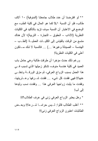 ‫** ﻟﻭ ﺍﻓﺘﺭﻀﻨﺎ ﺃﻥ ﻋﺩﺩ ﻁﻼﺏ ﺠﺎﻤﻌﺘﻨﺎ )ﺍﻟﻤﻨﻭﻓﻴﺔ( ٠١ ﺁﻻﻑ‬
‫ﻁﺎﻟﺏ، ﻓﻠﻭ ﺃﻥ ﺍﻟﻨﺴﺒﺔ ١% ﻜﻤﺎ ﻫﻭ ﺍﻟﺤﺎل ﻓﻲ ﻜﻠﻴﺔ ﺍﻟﻁﺏ، ﻤﻊ‬
‫ﺍﻟﻭﻀﻊ ﻓﻲ ﺍﻻﻋﺘﺒﺎﺭ ﺃﻥ ﺍﻟﻨﺴﺒﺔ ﺴﻭﻑ ﺘﺯﻴﺩ ﺒﺎﻟﺘﺄﻜﻴﺩ ﻓﻲ ﺍﻟﻜﻠﻴﺎﺕ‬
‫ﺍﻟﻨﻅﺭﻴﺔ )ﺍﻵﺩﺍﺏ – ﺍﻟﺤﻘﻭﻕ – ﺍﻟﺘﺠﺎﺭﺓ - ﺍﻟﺘﺭﺒﻴﺔ(؛ ﻷﻥ ﻫﻨﺎﻙ‬
‫ﻤﺘﺴﻊ ﻤﻥ ﺍﻟﻭﻗﺕ ﺒﺎﻟﻘﻴﺎﺱ ﺇﻟﻰ ﺍﻟﻜﻠﻴـﺎﺕ ﺍﻟﻌﻤﻠﻴـﺔ )ﺍﻟﻁـﺏ –‬
‫ﺍﻟﻬﻨﺩﺴﺔ – ﺍﻟﺼﻴﺩﻟﺔ ﻭﻏﻴﺭﻫﺎ ...( ... ﻓﺎﻟﻨﺴﺒﺔ ﻻ ﺸﻙ ﺴـﺘﻜﻭﻥ‬
                               ‫ﺃﻋﻠﻰ ﻓﻲ ﺍﻟﻜﻠﻴﺎﺕ ﺍﻟﻨﻅﺭﻴﺔ!‬

‫ﻭﺭﻏﻡ ﺫﻟﻙ ﺤﺩﺙ ﻤﺅﺨﺭﺍ ﺃﻥ ﻁﺭﻗﺕ ﻁﺎﻟﺒﺔ ﻭﻫﻲ ﺤﺎﻤل ﺒﺎﺏ‬
                            ‫‪‬‬
‫ﺍﻟﻌﻤﻴﺩ ﻓﻲ ﻜﻠﻴﺔ ﻫﻨﺩﺴﺔ ﻤﻨﻭﻑ، ﺘﺸﻜﻭ ﺯﻤﻴﻠﻬﺎ ﺍﻟﺫﻱ ﺘﺴﺒﺏ ﻓـﻲ‬
‫ﻫﺫﺍ ﺍﻟﺤﻤل ﺒﺴﺒﺏ ﺍﻟﺯﻭﺍﺝ ﺍﻟﻌﺭﻓﻲ، ﺜﻡ ﻤﺯﻕ ﺍﻟﻭﺭﻗـﺔ ﻭﺘﺨﻠـﻰ‬
‫ﻋﻨﻬﺎ!! ﻓﻬﻲ ﻓﻘﺩﺕ ﻜل ﺸﻲﺀ ... ﻓﻘﺩﺕ ﺸـﺭﻓﻬﺎ ﻭﻋـﺫﺭﻴﺘﻬﺎ،‬
‫ﻭﻓﻘﺩﺕ ﻤﺎ ﻴﺜﺒﺕ ﺯﻭﺍﺠﻬﺎ ﺍﻟﻌﺭﻓﻲ ﻫﺫﺍ ... ﻭﻓﻘﺩﺕ ﻨﺴﺏ ﻭﻟﻴﺩﻫﺎ‬
                                               ‫ﺇﻟﻰ ﺃﺏ!‬

      ‫* ﻭﻫل ﻴﻌﺘﺒﺭ ﺍﻟﺯﻭﺍﺝ ﺍﻟﻌﺭﻓﻲ ﺯﻨﻰ ﻓﻲ ﻋﺭﻑ ﺍﻟﻁﻼﺏ؟!!‬

‫** ﺃﻏﻠﺏ ﺍﻟﻁﻼﺏ ﻗﺎﻟﻭﺍ: ﻟـﻴﺱ ﺤﺭﺍ ‪‬ـﺎ ﺸـﺭﻋﺎ!! ﻭﺒﻌـﺽ‬
         ‫‪‬‬      ‫ﻤ‬
                   ‫ﺍﻟﻁﺎﻟﺒﺎﺕ ﺍﻋﺘﺒﺭﻥ ﺍﻟﺯﻭﺍﺝ ﺍﻟﻌﺭﻓﻲ ﺯﻨﻰ!!‬




‫٢١١‬
 