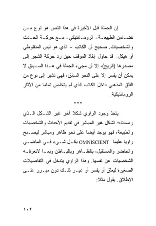 ‫ﺇﻥ ﺍﻟﺠﻤﻠﺔ ﻗﺒل ﺍﻷﺨﻴﺭﺓ ﻓﻲ ﻫﺫﺍ ﺍﻟﻨﺹ ﻫﻭ ﻨﻭﻉ ﻤـﻥ‬
‫ﺘﻀـﺎﻤﻥ ﺍﻟﻁﺒﻴﻌـﺔ- ﺍﻟﺭﻭﻤـﺎﻨﺘﻴﻜﻲ- ﻤـﻊ ﺤﺭﻜـﺔ ﺍﻟﺤـﺩﺙ‬
‫ﻭﺍﻟﺸﺨﺼﻴﺎﺕ. ﺼﺤﻴﺢ ﺃﻥ ﺍﻟﻜﺎﺘﺏ - ﺍﻟﺫﻱ ﻫﻭ ﻟﻴﺱ ﺍﻟﻤﻨﻔﻠﻭﻁﻲ‬
‫ﺃﻭ ﻫﻴﻜل- ﻗﺩ ﺤﺎﻭل ﺇﻨﻘﺎﺫ ﺍﻟﻤﻭﻗﻑ ﺤﻴﻥ ﺭﺩ ﺤﺭﻜﺔ ﺍﻟﺸﺠﺭ ﺇﻟﻰ‬
‫ﻤﺼﺩﺭﻫﺎ )ﺍﻟﺭﻴﺢ(، ﺇﻻ ﺃﻥ ﻤﺠﻲﺀ ﺍﻟﺠﻤﻠﺔ ﻓﻲ ﻫـﺫﺍ ﺍﻟﺴـﻴﺎﻕ ﻻ‬
‫ﻴﻤﻜﻥ ﺃﻥ ‪‬ﻔ ‪‬ﺭ ﺇﻻ ﻋﻠﻰ ﺍﻟﻨﺤﻭ ﺍﻟﺴﺎﺒﻕ، ﻓﻬﻲ ﺘﺸﻴﺭ ﺇﻟﻰ ﻨﻭﻉ ﻤﻥ‬
                                          ‫ﻴﺴ‬
‫ﺍﻟﻘﻠﻕ ﺍﻟﻤﺫﻫﺒﻲ ﺩﺍﺨل ﺍﻟﻜﺎﺘﺏ ﺍﻟﺫﻱ ﻟﻡ ﻴﺘﺨﻠﺹ ﺘﻤﺎ ‪‬ﺎ ﻤﻥ ﺍﻵﺜﺎﺭ‬
          ‫ﻤ‬
                                           ‫ﺍﻟﺭﻭﻤﺎﻨﺘﻴﻜﻴﺔ.‬
                         ‫***‬
‫ﻴﺘﺨﺫ ﻭﺠﻭﺩ ﺍﻟﺭﺍﻭﻱ ﺸﻜﻼ ﺁﺨﺭ ﻏﻴﺭ ﺍﻟﺸـﻜل ﺍﻟـﺫﻱ‬
                     ‫ﹰ‬
‫ﺭﺼﺩﻨﺎﻩ؛ ﺍﻟﺸﻜل ﻏﻴﺭ ﺍﻟﻤﺒﺎﺸﺭ ﻓﻲ ﺘﻘﺩﻴﻡ ﺍﻷﺤﺩﺍﺙ ﻭﺍﻟﺸﺨﺼﻴﺎﺕ‬
‫ﻭﺍﻟﻁﺒﻴﻌﺔ، ﻓﻬﻭ ﻴﻭﺠﺩ ﺃﻴ ‪‬ﺎ ﻋﻠﻰ ﻨﺤﻭ ﻅﺎﻫﺭ ﻭﻤﺒﺎﺸﺭ ﻟﻴﺼـﺒﺢ‬
                            ‫ﻀ‬
‫ﺭﺍﻭ ‪‬ﺎ ﻋﻠﻴ ‪‬ﺎ ‪ OMNISCIENT‬ﺒﻜـل ﺸـﻲﺀ ﻓـﻲ ﺍﻟﻤﺎﻀـﻲ‬
                                  ‫ﻤ‬      ‫ﻴ‬
‫ﻭﺍﻟﺤﺎﻀﺭ ﻭﺍﻟﻤﺴﺘﻘﺒل، ﺒﺎﻟﻅـﺎﻫﺭ ﻭﺒﺎﻟﺒـﺎﻁﻥ ﻭﺒﻤـﺎ ﻻﺘﻌﺭﻓـﻪ‬
‫ﺍﻟﺸﺨﺼﻴﺎﺕ ﻋﻥ ﻨﻔﺴﻬﺎ. ﻭﻫﺫﺍ ﺍﻟﺭﺍﻭﻱ ﻴﺘﺩﺨل ﻓﻲ ﺍﻟﺘﻔﺎﺼﻴﻼﺕ‬
‫ﺍﻟﺼﻐﻴﺭﺓ ﻟﻴﻌﻠﻕ ﺃﻭ ﻴﻔﺴﺭ ﺃﻭ ﻏﻴـﺭ ﺫﻟـﻙ ﺩﻭﻥ ﻤﺒـﺭﺭ ﻋﻠـﻰ‬
                                    ‫ﺍﻹﻁﻼﻕ. ﻴﻘﻭل ﻤﺜﻼ:‬
                                     ‫ﹰ‬




‫٢٠١‬
 