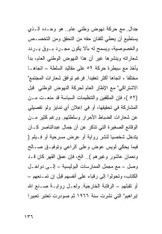 ‫ﺠﺩﺍل. ﻤﻊ ﺤﺭﻜﺔ ﻨﻬﻭﺽ ﻭﻁﻨﻲ ﻋﺎﻡ.. ﻫﻭ ﻭﺤـﺩﻩ ﺍﻟـﺫﻱ‬
 ‫ﻴﺴﺘﻁﻴﻊ ﺃﻥ ﻴﻌﻁﻲ ﻟﻠﻔﻨﺎﻥ ﺤﻘﻪ ﻤﻥ ﺍﻟﺘﺤﻘﻕ ﻭﻤﻥ ﺍﻟﺘﺨﺼـﺹ‬
 ‫ﻭﺍﻟﺨﺼﻭﺼﻴﺔ، ﻭﻴﺴﻤﺢ ﻟﻪ ﺒﺄﻻ ﻴﻜﻭﻥ ﻤﺠـﺭﺩ ﺒـﻭﻕ ﻴـﺭﺩﺩ‬
 ‫ﺸﻌﺎﺭﺍﺘﻪ ﻭﻴﻨﺸﺭﻫﺎ ﻏﻴﺭ ﺃﻥ ﻫﺫﺍ ﺍﻟﻨﻬﻭﺽ ﺍﻟﻭﻁﻨﻲ ﺍﻟﻌﺎﻡ، ﺒﺩﺃ‬
 ‫ﻴﺄﺨﺫ ﻤﻊ ﺴﻴﻁﺭﺓ ﺤﺭﻜﺔ ٢٥ ﻋﻠﻰ ﻤﻘﺎﻟﻴﺩ ﺍﻟﺴﻠﻁﺔ – ﺍﺘﺠﺎ ‪‬ـﺎ‬
   ‫ﻫ‬
 ‫ﻤﺨﺘﻠ ﹰﺎ ، ﺍﺘﺠﺎ ‪‬ﺎ ﺃﻜﺜﺭ ﺘﻌﻘﻴ ‪‬ﺍ. ﻓﺭﻏﻡ ﺘﻭﺍﻓﻕ ﺸﻌﺎﺭﺍﺕ ﺍﻟﻤﺠﺘﻤﻊ"‬
                              ‫ﺩ‬            ‫ﻫ‬         ‫ﻔ‬
 ‫ﺍﻻﺸﺘﺭﺍﻜﻲ" ﻤﻊ ﺍﻹﻁﺎﺭ ﺍﻟﻌﺎﻡ ﻟﺤﺭﻜﺔ ﺍﻟﻨﻬﻭﺽ ﺍﻟﻭﻁﻨﻲ ﻗﺒل‬
 ‫)٢٥ (، ﻓﺈﻥ ﺍﻟﻤﺜﻘﻔﻴﻥ ﻭﺍﻟﺘﻨﻅﻴﻤﺎﺕ ﺍﻟﺴﻴﺎﺴﺔ ﻗﺩ ﻤﻨﻌـﺕ ﻤـﻥ‬
 ‫ﺍﻟﻤﺸﺎﺭﻜﺔ ﻓﻲ ﺘﺤﻘﻴﻘﻬﺎ، ﺃﻭ ﻓﻲ ﺇﻋﻼﻥ ﺃﻱ ﺘﻤﺎﻴﺯ ﻭﻟﻭ ﺘﻔﺼﻴﻠﻲ‬
 ‫ﻋﻥ ﺸﻌﺎﺭﺍﺕ ﺍﻟﻀﺒﺎﻁ ﺍﻷﺤﺭﺍﺭ ﻭﺴﻠﻁﺘﻬﻡ. ﻭﺭﻏﻡ ﻜﺜﻴﺭ ﻤـﻥ‬
 ‫ﺍﻟﻭﻗﺎﺌﻊ ﺍﻟﺼﻐﻴﺭﺓ ﺍﻟﺘﻲ ﺘﺫﻜﺭ ﻋﻥ ﺃﻥ ﺠﻤﺎل ﻋﺒﺩﺍﻟﻨﺎﺼﺭ ﻜـﺎﻥ‬
 ‫ﻴﺘﺩﺨل ﺸﺨﺼ ‪‬ﺎ ﻟﻨﺸﺭ ﺭﻭﺍﻴﺔ ﺃﻭ ﻋﺭﺽ ﻤﺴﺭﺤﻴﺔ ﺃﻭ ﻓـﻴﻠﻡ )‬
                                      ‫ﻴ‬
 ‫ﻓﻴﻤﺎ ﻴﺤﻜﻲ ﻟﻭﻴﺱ ﻋﻭﺽ ﻭﻋﻠﻰ ﺍﻟﺭﺍﻋﻲ ﻭﺘﻭﻓﻴـﻕ ﺼـﺎﻟﺢ‬
 ‫ﻭﻨﻌﻤﺎﻥ ﻋﺎﺸﻭﺭ ﻭﻏﻴﺭﻫﻡ (.. ﺍﻟﺦ، ﻓﺈﻥ ﻋﻤﻕ ﺍﻟﻘﻬﺭ ﻜﺎﻥ ﻗـﺩ‬
 ‫ﻭﺼل – ﻤﻊ ﻤﺠﻤل ﺍﻟﻤﻤﺎﺭﺴﺎﺕ ﺍﻟﺒﻭﻟﻴﺴﻴﺔ – ﺇﻟـﻰ ﺩﻭﺍﺨـل‬
 ‫ﺍﻟﻜﺘﺎﺏ، ﻭﺘﺤﻭﻟﻭﺍ ﺇﻟﻰ ﺭﻗﺒﺎﺀ ﻋﻠﻰ ﺃﻨﻔﺴﻬﻡ ﻗﺒل ﺇﻥ ﺘﻤـﻨﻌﻬﻡ –‬
 ‫ﺃﻭ ﺘﻘﺒﻠﻬﻡ – ﺍﻟﺭﻗﺎﺒﺔ ﺍﻟﺨﺎﺭﺠﻴﺔ. ﻭﻟﻌـل ﺭﻭﺍﻴـﺔ ﺼـﻨﻊ ﺍﷲ‬
 ‫ﺇﺒﺭﺍﻫﻴﻡ" ﺍﻟﺘﻲ ﻨﺸﺭﺕ ﺴﻨﺔ ٦٦٩١ ﺜﻡ ﺼﻭﺩﺭﺕ ﺘﻌﺘﺒﺭ ﺘﻌﺒﻴ ‪‬ﺍ‬
  ‫ﺭ‬


‫٦٣١‬
 