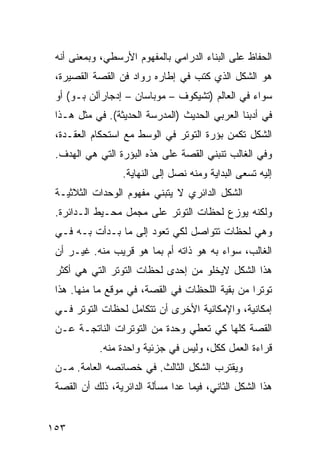 ‫ﺍﻟﺤﻔﺎﻅ ﻋﻠﻰ ﺍﻟﺒﻨﺎﺀ ﺍﻟﺩﺭﺍﻤﻲ ﺒﺎﻟﻤﻔﻬﻭﻡ ﺍﻷﺭﺴﻁﻲ، ﻭﺒﻤﻌﻨﻰ ﺃﻨﻪ‬
 ‫ﻫﻭ ﺍﻟﺸﻜل ﺍﻟﺫﻱ ﻜﺘﺏ ﻓﻲ ﺇﻁﺎﺭﻩ ﺭﻭﺍﺩ ﻓﻥ ﺍﻟﻘﺼﺔ ﺍﻟﻘﺼﻴﺭﺓ،‬
 ‫ﺴﻭﺍﺀ ﻓﻲ ﺍﻟﻌﺎﻟﻡ )ﺘﺸﻴﻜﻭﻑ – ﻤﻭﺒﺎﺴﺎﻥ – ﺇﺩﺠﺎﺭﺁﻟﻥ ﺒـﻭ( ﺃﻭ‬
 ‫ﻓﻲ ﺃﺩﺒﻨﺎ ﺍﻟﻌﺭﺒﻲ ﺍﻟﺤﺩﻴﺙ )ﺍﻟﻤﺩﺭﺴﺔ ﺍﻟﺤﺩﻴﺜﺔ(. ﻓﻲ ﻤﺜل ﻫـﺫﺍ‬
 ‫ﺍﻟﺸﻜل ﺘﻜﻤﻥ ﺒﺅﺭﺓ ﺍﻟﺘﻭﺘﺭ ﻓﻲ ﺍﻟﻭﺴﻁ ﻤﻊ ﺍﺴﺘﺤﻜﺎﻡ ﺍﻟﻌﻘـﺩﺓ،‬
 ‫ﻭﻓﻲ ﺍﻟﻐﺎﻟﺏ ﺘﻨﺒﻨﻲ ﺍﻟﻘﺼﺔ ﻋﻠﻰ ﻫﺫﻩ ﺍﻟﺒﺅﺭﺓ ﺍﻟﺘﻲ ﻫﻲ ﺍﻟﻬﺩﻑ.‬
                  ‫ﺇﻟﻴﻪ ﺘﺴﻌﻰ ﺍﻟﺒﺩﺍﻴﺔ ﻭﻤﻨﻪ ﻨﺼل ﺇﻟﻰ ﺍﻟﻨﻬﺎﻴﺔ.‬
 ‫ﺍﻟﺸﻜل ﺍﻟﺩﺍﺌﺭﻱ ﻻ ﻴﺘﺒﻨﻲ ﻤﻔﻬﻭﻡ ﺍﻟﻭﺤﺩﺍﺕ ﺍﻟﺜﻼﺜﻴـﺔ‬
 ‫ﻭﻟﻜﻨﻪ ﻴﻭﺯﻉ ﻟﺤﻅﺎﺕ ﺍﻟﺘﻭﺘﺭ ﻋﻠﻰ ﻤﺠﻤل ﻤﺤـﻴﻁ ﺍﻟـﺩﺍﺌﺭﺓ.‬
 ‫ﻭﻫﻲ ﻟﺤﻅﺎﺕ ﺘﺘﻭﺍﺼل ﻟﻜﻲ ﺘﻌﻭﺩ ﺇﻟﻰ ﻤﺎ ﺒـﺩﺃﺕ ﺒـﻪ ﻓـﻲ‬
 ‫ﺍﻟﻐﺎﻟﺏ، ﺴﻭﺍﺀ ﺒﻪ ﻫﻭ ﺫﺍﺘﻪ ﺃﻡ ﺒﻤﺎ ﻫﻭ ﻗﺭﻴﺏ ﻤﻨﻪ. ﻏﻴـﺭ ﺃﻥ‬
 ‫ﻫﺫﺍ ﺍﻟﺸﻜل ﻻﻴﺨﻠﻭ ﻤﻥ ﺇﺤﺩﻯ ﻟﺤﻅﺎﺕ ﺍﻟﺘﻭﺘﺭ ﺍﻟﺘﻲ ﻫﻲ ﺃﻜﺜﺭ‬
 ‫ﺘﻭﺘ ‪‬ﺍ ﻤﻥ ﺒﻘﻴﺔ ﺍﻟﻠﺤﻅﺎﺕ ﻓﻲ ﺍﻟﻘﺼﺔ، ﻓﻲ ﻤﻭﻗﻊ ﻤﺎ ﻤﻨﻬﺎ. ﻫﺫﺍ‬
                                                 ‫ﺭ‬
 ‫ﺇﻤﻜﺎﻨﻴﺔ، ﻭﺍﻹﻤﻜﺎﻨﻴﺔ ﺍﻷﺨﺭﻯ ﺃﻥ ﺘﺘﻜﺎﻤل ﻟﺤﻅﺎﺕ ﺍﻟﺘﻭﺘﺭ ﻓـﻲ‬
 ‫ﺍﻟﻘﺼﺔ ﻜﻠﻬﺎ ﻜﻲ ﺘﻌﻁﻲ ﻭﺤﺩﺓ ﻤﻥ ﺍﻟﺘﻭﺘﺭﺍﺕ ﺍﻟﻨﺎﺘﺠـﺔ ﻋـﻥ‬
            ‫ﻗﺭﺍﺀﺓ ﺍﻟﻌﻤل ﻜﻜل، ﻭﻟﻴﺱ ﻓﻲ ﺠﺯﺌﻴﺔ ﻭﺍﺤﺩﺓ ﻤﻨﻪ.‬
 ‫ﻭﻴﻘﺘﺭﺏ ﺍﻟﺸﻜل ﺍﻟﺜﺎﻟﺙ. ﻓﻲ ﺨﺼﺎﺌﺼﻪ ﺍﻟﻌﺎﻤﺔ. ﻤـﻥ‬
 ‫ﻫﺫﺍ ﺍﻟﺸﻜل ﺍﻟﺜﺎﻨﻲ، ﻓﻴﻤﺎ ﻋﺩﺍ ﻤﺴﺄﻟﺔ ﺍﻟﺩﺍﺌﺭﻴﺔ، ﺫﻟﻙ ﺃﻥ ﺍﻟﻘﺼﺔ‬


‫٣٥١‬
 