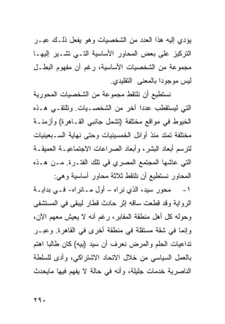 ‫ﻴﺅﺩﻱ ﺇﻟﻴﻪ ﻫﺫﺍ ﺍﻟﻌﺩﺩ ﻤﻥ ﺍﻟﺸﺨﺼﻴﺎﺕ ﻭﻫﻭ ﻴﻔﻌل ﺫﻟـﻙ ﻋﺒـﺭ‬
‫ﺍﻟﺘﺭﻜﻴﺯ ﻋﻠﻰ ﺒﻌﺽ ﺍﻟﻤﺤﺎﻭﺭ ﺍﻷﺴﺎﺴﻴﺔ ﺍﻟﺘـﻲ ﺘﺸـﻴﺭ ﺇﻟﻴﻬـﺎ‬
‫ﻤﺠﻤﻭﻋﺔ ﻤﻥ ﺍﻟﺸﺨﺼﻴﺎﺕ ﺍﻷﺴﺎﺴﻴﺔ، ﺭﻏﻡ ﺃﻥ ﻤﻔﻬﻭﻡ ﺍﻟﺒﻁـل‬
                          ‫ﻟﻴﺱ ﻤﻭﺠﻭ ‪‬ﺍ ﺒﺎﻟﻤﻌﻨﻰ ﺍﻟﺘﻘﻠﻴﺩﻱ.‬
                                             ‫ﺩ‬
‫ﻨﺴﺘﻁﻴﻊ ﺃﻥ ﻨﻠﺘﻘﻁ ﻤﺠﻤﻭﻋﺔ ﻤﻥ ﺍﻟﺸﺨﺼﻴﺎﺕ ﺍﻟﻤﺤﻭﺭﻴﺔ‬
‫ﺍﻟﺘﻲ ﻟﻴﺴﺘﻘﻁﺏ ﻋﺩ ‪‬ﺍ ﺁﺨﺭ ﻤﻥ ﺍﻟﺸﺨﺼـﻴﺎﺕ. ﻭﺘﻠﺘﻘـﻲ ﻫـﺫﻩ‬
                                ‫ﺩ‬
‫ﺍﻟﺨﻴﻭﻁ ﻓﻲ ﻤﻭﺍﻗﻊ ﻤﺨﺘﻠﻔﺔ )ﺘﺸﻤل ﺠﺎﻨﺒﻲ ﺍﻟﻘـﺎﻫﺭﺓ( ﻭﺃﺯﻤﻨـﺔ‬
‫ﻤﺨﺘﻠﻔﺔ ﺘﻤﺘﺩ ﻤﻨﺫ ﺃﻭﺍﺌل ﺍﻟﺨﻤﺴﻴﻨﻴﺎﺕ ﻭﺤﺘﻰ ﻨﻬﺎﻴﺔ ﺍﻟﺴـﺒﻌﻴﻨﻴﺎﺕ‬
‫ﻟﺘﺭﺴﻡ ﺃﺒﻌﺎﺩ ﺍﻟﺒﺸﺭ، ﻭﺃﺒﻌﺎﺩ ﺍﻟﺼﺭﺍﻋﺎﺕ ﺍﻻﺠﺘﻤﺎﻋﻴـﺔ ﺍﻟﻌﻤﻴﻘـﺔ‬
‫ﺍﻟﺘﻲ ﻋﺎﺸﻬﺎ ﺍﻟﻤﺠﺘﻤﻊ ﺍﻟﻤﺼﺭﻱ ﻓﻲ ﺘﻠﻙ ﺍﻟﻔﺘـﺭﺓ. ﻤـﻥ ﻫـﺫﻩ‬
       ‫ﺍﻟﻤﺤﺎﻭﺭ ﻨﺴﺘﻁﻴﻊ ﺃﻥ ﻨﻠﺘﻘﻁ ﺜﻼﺜﺔ ﻤﺤﺎﻭﺭ ﺃﺴﺎﺴﻴﺔ ﻭﻫﻲ:‬
‫ﻤﺤﻭﺭ ﺴﻴﺩ، ﺍﻟﺫﻱ ﻨﺭﺍﻩ – ﺃﻭل ﻤـﺎﻨﺭﺍﻩ- ﻓـﻲ ﺒﺩﺍﻴـﺔ‬      ‫١-‬
‫ﺍﻟﺭﻭﺍﻴﺔ ﻭﻗﺩ ﻗﻁﻌﺕ ﺴﺎﻗﻪ ﺇﺜﺭ ﺤﺎﺩﺙ ﻗﻁﺎﺭ ﻟﻴﺒﻘﻰ ﻓﻲ ﺍﻟﻤﺴﺘﺸﻔﻰ‬
‫ﻭﺤﻭﻟﻪ ﻜل ﺃﻫل ﻤﻨﻁﻘﺔ ﺍﻟﻤﻘﺎﺒﺭ، ﺭﻏﻡ ﺃﻨﻪ ﻻ ﻴﻌﻴﺵ ﻤﻌﻬﻡ ﺍﻵﻥ،‬
‫ﻭﺇﻨﻤﺎ ﻓﻲ ﺸﻘﺔ ﻤﺴﺘﻘﻠﺔ ﻓﻲ ﻤﻨﻁﻘﺔ ﺃﺨﺭﻯ ﻓﻲ ﺍﻟﻘﺎﻫﺭﺓ. ﻭﻋﺒـﺭ‬
‫ﺘﺩﺍﻋﻴﺎﺕ ﺍﻟﺤﻠﻡ ﻭﺍﻟﻤﺭﺽ ﻨﻌﺭﻑ ﺃﻥ ﺴﻴﺩ )ﺒﻴﻪ( ﻜﺎﻥ ﻁﺎﻟ ‪‬ﺎ ﺍﻫﺘﻡ‬
      ‫ﺒ‬
‫ﺒﺎﻟﻌﻤل ﺍﻟﺴﻴﺎﺴﻲ ﻤﻥ ﺨﻼل ﺍﻻﺘﺤﺎﺩ ﺍﻻﺸﺘﺭﺍﻜﻲ، ﻭﺃﺩﻯ ﻟﻠﺴﻠﻁﺔ‬
‫ﺍﻟﻨﺎﺼﺭﻴﺔ ﺨﺩﻤﺎﺕ ﺠﻠﻴﻠﺔ، ﻭﺃﻨﻪ ﻓﻲ ﺤﺎﻟﺔ ﻻ ﻴﻔﻬﻡ ﻓﻴﻬﺎ ﻤﺎﻴﺤﺩﺙ‬


‫٠٩٢‬
 