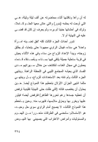 ‫ﻟﻪ ﺃﻥ ﺭﺁﻫﺎ ﻭﻨﺎﻗﺸﻬﺎ ﺃﺜﻨﺎﺀ ﻤﺤﺎﻀﺭﺘﻪ ﻋﻥ ﺃﻟﻑ ﻟﻴﻠﺔ ﻭﻟﻴﻠﺔ، ﻫـﻲ‬
‫ﺍﻟﺘﻲ ﺃﻭﺤﺕ ﻟﻪ ﺒﺤﻠﻤﻪ )ﺒﺩﻭﺭ( ﻭﺍﻟﺘﻲ ﻋﺎﺵ ﻤﻌﻬﺎ ﺍﻟﺤﻠـﻡ ﻜـﺎﻤ ﹰ،‬
 ‫ﻼ‬
‫ﻭﺘﺭﻙ ﻓﻲ ﺃﺤﺸﺎﺌﻬﺎ ﺠﻨﻴ ﹰﺎ ﻟﻡ ﻴﺭﻩ، ﻭﻟﻡ ﻴﻌﺭﻑ ﺇﻥ ﻜﺎﻥ ﻗﺩ ﻗﻀـﻰ‬
                                 ‫ﻨ‬
                                      ‫ﻋﻠﻴﻪ ﻓﻲ ﺍﻟﻨﻬﺎﻴﺔ ﺃﻡ ﻻ.‬
‫ﺘﺩﻭﺭ ﺃﺤﺩﺍﺙ ﺍﻟﺠﺯﺀ ﺍﻟﺜﺎﻟﺙ ﻜﻠﻪ "ﻨﻔﻕ ﺘﻀـﻴﺌﻪ ﺍﻤـﺭﺃﺓ‬
‫ﻭﺍﺤﺩﺓ" ﻫﻲ ﺴﻨﺎﺀ، ﻓﻴﺒﺫل ﺍﻟﺭﺍﻭﻱ ﻤﺠﻬﻭ ‪‬ﺍ ﺤﺘﻰ ﻴﺘﺤﺎﺒﺎ، ﺜﻡ ﻴﻁﻠﻕ‬
                     ‫ﺩ‬
‫ﺯﻭﺠﺘﻪ، ﻭﻴﺒﺩﺃ ﺍﻹﻋﺩﺍﺩ ﻟﻠﺯﻭﺍﺝ ﻤﻥ ﺴﻨﺎﺀ ﻭﻓﻲ ﻫﺫﻩ ﺍﻷﺜﻨﺎﺀ ﻴﻌﻴﺵ‬
‫ﻓﻲ ﻗﺭﻴﺔ ﺴﺎﺤﻠﻴﺔ ﺠﻤﻴﻠﺔ ﻴﻠﺘﻘﻲ ﻓﻴﻬﺎ ﺒﺴـﻨﺎﺀ، ﻭﺒﺄﺼـﺩﻗﺎﺀ ﻗـﺩﻤﺎﺀ‬
‫ﻴﻌﻤﻠﻭﻥ ﻓﻲ ﻤﺠﺎل ﺍﻟﻐﻨﺎﺀ، ﻟﻨﻜﺘﺸﻑ ﻤﻥ ﺨﻼل ﺴـﻬﺭﺍﺘﻬﻡ ﻤـﺩﻯ‬
‫ﺍﻟﻔﺴﺎﺩ ﺍﻟﺫﻱ ﻴﻌﻴﺸﻪ ﺍﻟﻤﺠﺘﻤﻊ ﺍﻟﻠﻴﺒﻲ ﻓﻲ ﺍﻟﻠﺤﻅﺔ ﺍﻟﺭﺍﻫﻨﺔ. ﻭﻴﻨﺘﻬﻲ‬
‫ﺍﻟﺠﺯﺀ ﺍﻟﺜﺎﻟﺙ ﻭﻟﻡ ﺘﻨﺘﻪ ﺒﻌﺩ ﺍﻻﺴﺘﻌﺩﺍﺩﺍﺕ ﻟﻠﺯﻭﺍﺝ، ﺒـل ﻭﻴﻨﺘﻬـﻲ‬
‫ﻤﺜﻠﻤﺎ ﺍﻨﺘﻬﻰ ﺍﻟﺠﺯﺁﻥ ﺍﻷﻭﻻﻥ ﺒﺘﺤﻁﻴﻡ ﻫﺫﺍ ﺍﻟﻨﻤﻭﺫﺝ ﺃﻴ ‪‬ﺎ. ﺤـﻴﻥ‬
       ‫ﻀ‬
‫ﻴﺤﺎﻭل ﺃﻥ ﻴﻐﺘﺼﺏ ﻓﺘﺎﺘﻪ )ﺍﻟﺘﻲ ﻅﻠﺕ ﺤﺘﻰ ﺍﻟﻨﻬﺎﻴﺔ ﺘﻘﻠﻴﺩﻴﺔ ﺘﺭﻓﺽ‬
‫ﺃﻥ ﺘﻌﻁﻴﻪ ﺠﺴﺩﻫﺎ ﺭﻏﻡ ﺘﺤ ‪‬ﺭﻫﺎ ﺍﻟﻅﺎﻫﺭ( ﻓﺘﺭﻓﺽ ﺃﻴ ‪‬ﺎ؛ ﻓﻴﺜﻭﺭ‬
        ‫ﻀ‬                     ‫ﺭ‬
‫ﻋﻠﻴﻬﺎ ﻭﻴﻐﺭﺭ ﺒﻬﺎ ﻭﻴﻤﺯﻕ ﻤﻼﺒﺴﻬﺎ، ﻓﺘﻬﺭﺏ ﻤﻨﻪ. ﻭﺤﻴﻥ ﻴـﺘﺤﻁﻡ‬
‫ﻫﺫﺍ ﺍﻟﻨﻤﻭﺫﺡ ﺍﻟﺜﺎﻟﺙ، ﻻ ﻴﺼﺒﺢ ﺃﻤﺎﻡ ﺍﻟﺭﺍﻭﻱ ﺴﻭﻯ ﺤل ﻭﺤﻴـﺩ،‬
‫ﻫﻭ ﺍﻻﺴﺘﺴﻼﻡ: ﺴﺄﻤﻀﻲ ﻓﻲ ﺍﻟﻁﺭﻗﺎﺕ ﻤﺘﺤـﺭ ‪‬ﺍ ﻤـﻥ ﺍﻟﻬﻤـﻭﻡ‬
             ‫ﺭ‬
‫ﻭﺍﻟﻤﺴﺌﻭﻟﻴﺎﺕ ﻭﺃﻤﺭﺍﺽ ﺍﻻﻏﺘﺭﺍﺏ ﺍﻟﺘﻲ ﻴﺼﻴﺒﻨﻲ ﺒﻬﺎ ﺍﻟﻨﻬـﻭﺽ‬


‫٤٢٣‬
 